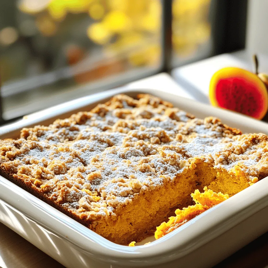 - Dry ingredients: - 1 cup all-purpose flour - 1 teaspoon baking powder - ½ teaspoon baking soda - 1 teaspoon ground cinnamon - ½ teaspoon ground nutmeg - ¼ teaspoon salt - Wet ingredients: - 1 cup pumpkin puree - ½ cup granulated sugar - ½ cup brown sugar, packed - ½ cup unsalted butter, softened - 2 large eggs - 1 teaspoon vanilla extract - 1 cup brewed coffee, cooled - Optional ingredients: - ½ cup chopped walnuts or pecans - For the Crumb Topping: - ½ cup all-purpose flour - ¼ cup brown sugar, packed - ¼ cup rolled oats - ¼ cup cold unsalted butter, cubed - 1 teaspoon ground cinnamon This recipe blends warm spices and rich pumpkin. Each ingredient plays a key role. The all-purpose flour gives the cake its structure. Baking powder and soda help it rise. Cinnamon and nutmeg add warmth and depth. Salt balances the sweetness. The pumpkin puree is the star. It makes the cake moist and flavorful. Granulated and brown sugars sweeten the cake, while butter adds richness. Eggs bind the mixture, giving it a tender crumb. Vanilla extract enhances the overall flavor. Brewed coffee adds a unique twist. It deepens the cake's taste and offers a hint of bitterness. If you want a nutty crunch, add walnuts or pecans. The crumb topping features more flour, brown sugar, oats, and butter. This creates a lovely texture and a sweet finish. Gather all these ingredients before you start. They work together to create a delightful fall treat. Enjoy the process, and let the scents fill your kitchen! 1. Preheat your oven to 350°F (175°C). This helps the cake bake evenly. 2. Grease a 9-inch square baking dish. This will keep your cake from sticking. 3. In a large bowl, cream together the softened butter, granulated sugar, and brown sugar. Mix until it is light and fluffy. 4. Add the eggs one at a time, mixing well after each egg. Then stir in the pumpkin puree and vanilla extract until everything is well combined. 1. In another bowl, whisk together the flour, baking powder, baking soda, cinnamon, nutmeg, and salt. This helps to mix the dry ingredients evenly. 2. Gradually add this dry mix to the pumpkin mixture. Alternate with adding the cooled brewed coffee. Start and end with the flour mixture. Stir gently until just combined. If you want, fold in the chopped walnuts or pecans at this point. 1. Pour the batter into your prepared baking dish. Use a spatula to smooth the top. 2. For the crumb topping, in a separate bowl, combine flour, brown sugar, oats, and cinnamon. Add the cold cubed butter and mix until it looks like coarse crumbs. 3. Sprinkle the crumb topping evenly over the cake batter. This will give your cake a crunchy layer. 4. Bake in the oven for 30-35 minutes. Check for doneness by inserting a toothpick into the center. It should come out clean. 5. Let the cake cool in the pan for at least 10 minutes before slicing and serving. Enjoy your treat with coffee! To get the right texture, use fresh pumpkin puree. It keeps the cake moist and soft. Ensure your butter is softened before mixing. Cold butter does not blend well and can lead to lumps. Eggs should be at room temperature. This helps them mix better and creates a light cake. Serve your cake warm with a dusting of powdered sugar. A slice of fall fruit adds color and flavor. Try pairing it with a hot cup of coffee. The rich coffee flavor in the cake goes well with a latte or a spiced chai. Avoid over-mixing your batter. This can make the cake dense. Be careful with the crumb topping; it should be crumbly, not paste-like. If your topping is too wet, it won’t crisp up. Always check the cake with a toothpick. It should come out clean when done. {{image_2}} You can change the flavors in your Pumpkin Coffee Crumb Cake. Try adding spices like ginger or cloves. These spices give a warm kick that fits fall well. You can also add chocolate chips for a sweet twist. Dried fruit like raisins or cranberries can add a chewy texture too. Each option makes the cake special and fun. If you need a gluten-free cake, use alternatives like almond flour or a gluten-free blend. These flours can change the cake's texture, so add a bit more liquid. For moisture, consider using a little extra pumpkin puree or brewed coffee. This keeps your cake from drying out and makes it delicious. Want to make your cake healthier? You can reduce sugar by half, or swap it for honey or maple syrup. These natural sweeteners add great flavor. You can also replace butter with applesauce or yogurt. This cuts fat while keeping the cake moist. These small changes can make your treat a bit better for you while still being tasty! To keep your Pumpkin Coffee Crumb Cake fresh, store it in an airtight container. This method preserves moisture and flavor. If you don’t have one, covering the cake with foil works too. Just make sure the foil is tight. This will help keep air away from the cake. You can freeze the cake for later enjoyment. First, let it cool completely. Then, wrap it tightly in plastic wrap. Place it in a freezer-safe bag or container. When you want to eat it, take it out and let it thaw in the fridge overnight. For the best texture, reheat it in the oven for a few minutes before serving. At room temperature, the cake lasts about three days. If you store it in the fridge, it can last up to a week. Just remember to keep it covered to maintain its yumminess! Yes, you can use fresh pumpkin. Just cook and mash it first. Make sure it is smooth. Fresh pumpkin adds a nice flavor. It may take a bit more time to prepare. To make it dairy-free, use plant-based butter. Replace regular milk with almond or oat milk. This keeps the cake moist and tasty without dairy. Always check labels to ensure they are dairy-free. You can use brewed tea or hot chocolate for a different taste. If you want a caffeine boost, use espresso. Unsweetened cocoa can add a rich flavor as well. Each option brings its own twist to the cake. Yes, you can make the crumb topping ahead of time. Just store it in the fridge. You can keep it for up to two days before baking. It will save you time on baking day! This blog post covered everything you need to know about baking a delicious pumpkin cake. We discussed the key ingredients, from the dry and wet components to optional mix-ins. You learned the step-by-step instructions, essential baking tips, and ways to serve the cake. Plus, we explored variations and storage best practices. Keep these tips in mind for a tasty treat. Enjoy your baking and share your results!