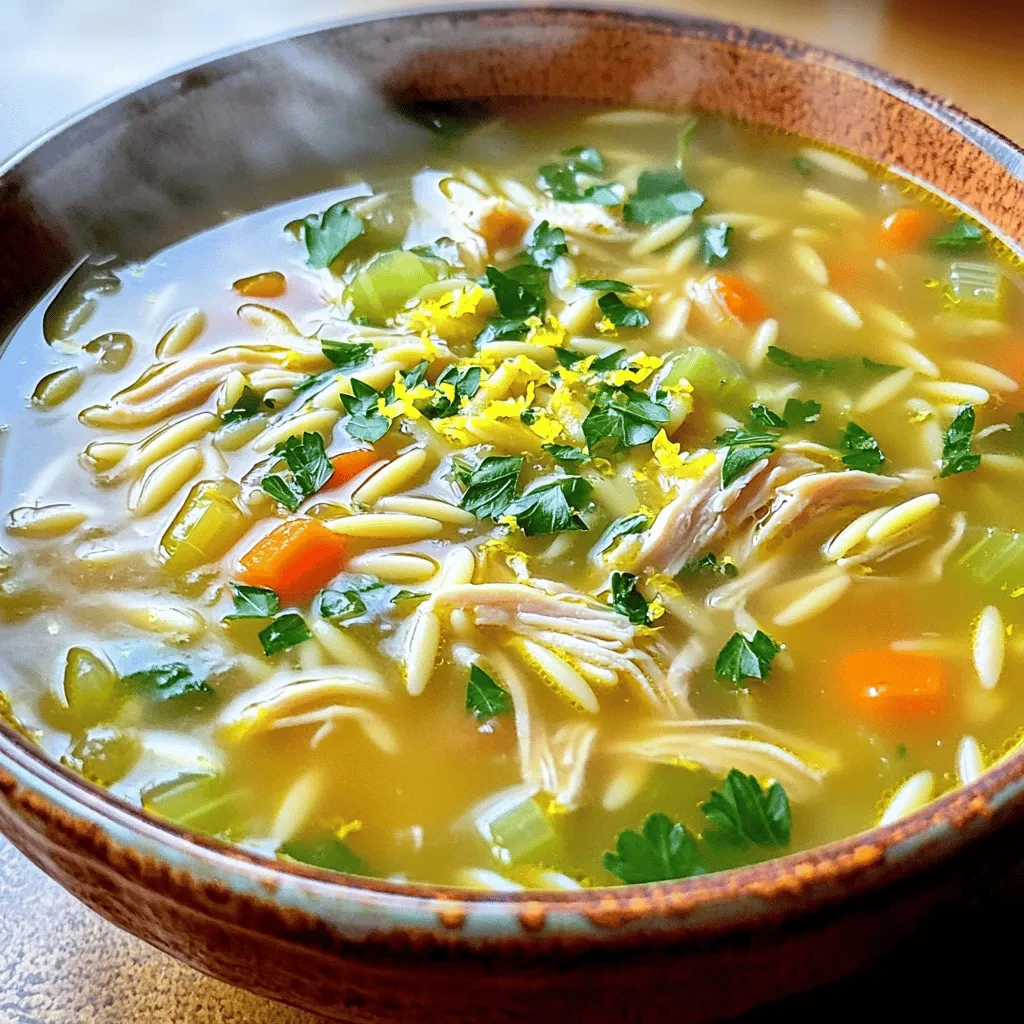 To make a delicious Lemon Chicken Orzo Soup, you need some fresh and tasty ingredients. Here’s what you will need: - 1 tablespoon olive oil - 1 medium onion, diced - 2 carrots, diced - 2 celery stalks, diced - 3 cloves garlic, minced - 6 cups low-sodium chicken broth - 2 cups cooked chicken, shredded (rotisserie chicken works well) - 1 cup orzo pasta - Zest and juice of 1 large lemon - 1 teaspoon dried thyme - 1 teaspoon dried oregano - Salt and pepper to taste - 2 cups fresh spinach - Fresh parsley, chopped, for garnish Each ingredient plays a key role in the soup. The olive oil adds a rich base, while the onion, carrots, and celery provide sweetness and crunch. Garlic gives it an aromatic boost. Chicken broth is essential for depth, and cooked chicken adds protein. Orzo pasta brings heartiness, while lemon brightens the dish with zest and juice. Dried herbs like thyme and oregano enhance flavor, and fresh spinach adds color and nutrition. Finally, salt, pepper, and parsley give that final touch. Gather these ingredients, and you are ready to create a warm and tasty meal! 1. Heating the olive oil Start by taking a large pot. Heat one tablespoon of olive oil over medium heat. This makes the pot ready for the veggies. 2. Sautéing vegetables Add the diced onion, diced carrots, and diced celery to the pot. Sauté them for about five minutes. You want the vegetables to soften and their flavors to mix. 3. Adding garlic Next, stir in three minced garlic cloves. Cook for one more minute. The garlic will smell great and add depth to the soup. 1. Boiling the broth Pour in six cups of low-sodium chicken broth. Bring the mixture to a boil. This step is crucial as it forms the base of your soup. 2. Incorporating chicken and orzo Once boiling, add two cups of shredded chicken and one cup of orzo pasta. Sprinkle in one teaspoon each of dried thyme and dried oregano. Season with salt and pepper. Lower the heat and let it simmer. Cook for 10 to 12 minutes until the orzo is tender. 3. Seasoning the mixture Taste the soup and adjust the seasoning if needed. You can add more salt, pepper, or herbs to suit your taste. 1. Adding lemon and spinach Stir in the zest and juice of one large lemon. Then, add two cups of fresh spinach. Cook for two to three minutes. The spinach will wilt and the lemon will brighten the flavor. 2. Adjusting seasoning After adding the spinach, taste the soup again. Adjust the seasoning as you like. A bit more lemon juice can really lift the dish. 3. Serving the soup Serve the soup hot. Garnish with chopped fresh parsley for a pop of color. Enjoy your hearty and flavorful meal! Fresh herbs make a big difference in taste. I love using parsley for its bright notes. Add it right before serving for the best flavor. Lemon juice balances the soup’s taste. It adds brightness and a fun zing. You can adjust the amount based on your taste. A little extra lemon juice can really lift the dish. Cooking orzo correctly is key. It cooks quickly, so watch it closely. Add it to the soup only for the last 10-12 minutes. This keeps it firm and not mushy. Using rotisserie chicken saves time. It adds great flavor and cuts down on prep. Just shred the chicken and toss it in. This makes the soup hearty without much fuss. Pair the soup with crusty bread. A good slice can soak up all the flavors. I also like to serve it with a salad for a full meal. For garnishing, fresh parsley adds a nice touch. You can also sprinkle some extra lemon zest on top. It makes the soup look great and adds more flavor. {{image_2}} You can easily change this recipe to fit your diet. For a gluten-free option, try using rice or quinoa instead of orzo. Both add a nice texture and flavor without gluten. If you want to swap the chicken, turkey works well. For a plant-based choice, use tofu. It will soak up all the great flavors in the soup. Adding different veggies can make your soup unique. Try zucchini or kale for a fresh twist. Both add color and nutrients. You can also play with spices. Cumin gives a warm flavor, while paprika adds a smoky touch. Don’t be afraid to mix and match until you find your favorite combo. Want a creamier soup? Add a splash of heavy cream or a dollop of sour cream. This makes every spoonful rich and smooth. If you prefer a soupier dish, simply add more broth. This will give you a lighter, brothier meal that is perfect for any day. Adjust these elements to suit your taste! To store leftovers, let the soup cool first. Transfer it to an airtight container. This helps keep the soup fresh. You can store it in the fridge for up to four days. When you reheat, heat it gently on the stove. Stir it often to ensure even warmth. You can also use a microwave, but stir halfway through to avoid hot spots. If you want to save some for later, freezing works great. Portion the soup into freezer-safe containers. Leave some space at the top, as the soup may expand. Freeze it for up to three months. When you are ready to eat, move the container to the fridge overnight to thaw. Reheat on the stove or in the microwave. Stir well to mix in any separated ingredients. Enjoy your soup as if it were freshly made! Can I use different pasta instead of orzo? Yes, you can use other small pasta types. Try ditalini or tiny shells. Just adjust cooking time as needed. How long does Lemon Chicken Orzo Soup last in the fridge? This soup can stay fresh for about 3 to 4 days in the fridge. Store it in a sealed container. Can I make this soup ahead of time? Absolutely! You can make it a day in advance. Just reheat gently before serving. Is this recipe suitable for meal prep? Yes, it's great for meal prep. Just portion it out for easy lunches or dinners. How can I make this recipe vegetarian? To make it vegetarian, substitute chicken with chickpeas or tofu. Use vegetable broth instead of chicken broth. This blog post covered how to make a delicious Lemon Chicken Orzo Soup. We explored the key ingredients, step-by-step preparation, and cooking tips. You learned about flavor boosts and variations to suit your tastes. Remember, fresh herbs and a good balance of acidity make a big difference. Store leftovers correctly to enjoy this meal later. With this knowledge, you’re ready to create a cozy, hearty soup at home. Enjoy your cooking adventure!