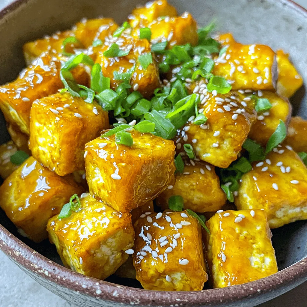 - 14 oz firm tofu, pressed and cubed - ¼ cup honey or maple syrup - 3 tablespoons soy sauce - 2 cloves garlic, minced - 1 teaspoon ginger, grated - ½ teaspoon sesame oil - ¼ cup cornstarch - 1 tablespoon olive oil - Optional toppings: sesame seeds and chopped green onions For this dish, start with firm tofu. It holds shape well and gets crispy. You can use honey or maple syrup for sweetness. Both options taste great. Soy sauce adds that savory touch. Next, gather your flavor boosters. Minced garlic gives a strong, tasty kick. Grated ginger adds warmth and a hint of spice. Sesame oil brings a nutty flavor to the mix. For a crispy texture, cornstarch is key. It coats the tofu and fries up nicely. A bit of olive oil helps it not stick. Finally, feel free to add sesame seeds and green onions for a nice finish. They add crunch and bright color. To start, press the firm tofu. This step removes excess water. Use a tofu press or place the tofu between two plates. Add weight on top and let it sit for about 15-20 minutes. After pressing, cut the tofu into 1-inch cubes. Set these cubes aside for marinating. Next, make the marinade. In a bowl, whisk together the honey, soy sauce, minced garlic, grated ginger, and sesame oil. Mix until combined. Add the tofu cubes to the marinade. Gently toss them to coat evenly. Let the tofu marinate for at least 20 minutes. For deeper flavor, you can marinate it overnight in the fridge. After marinating, it’s time to add cornstarch. Sprinkle the cornstarch over the tofu cubes. Toss the cubes gently until they are fully coated. The cornstarch helps create that crispy texture we all love. Preheat your air fryer to 375°F (190°C) for about 5 minutes. This step ensures even cooking and crispiness. While preheating, lightly brush the air fryer basket with olive oil. This prevents the tofu from sticking. Now, arrange the coated tofu nuggets in the air fryer basket. Make sure they are in a single layer. Avoid overcrowding the basket. This helps them cook evenly. Air fry the tofu for 12 to 15 minutes. Shake the basket halfway through to ensure even cooking. The nuggets are done when they turn golden and crispy. Once cooked, carefully remove the tofu nuggets from the air fryer. Let them rest for a couple of minutes before serving. For a tasty finish, drizzle extra honey garlic sauce over the nuggets. Optionally, sprinkle with sesame seeds and chopped green onions for added flavor and crunch. Enjoy! To achieve the best flavor, choose the right sweetener. You can use honey, maple syrup, or agave. Each brings a unique taste. If you prefer a sugar-free option, try using stevia or monk fruit. To enhance flavor, consider adding herbs and spices. Fresh basil, cilantro, or parsley can brighten the dish. A pinch of chili flakes can add some heat. You can also try a dash of smoked paprika for a smoky twist. Cornstarch is your best friend for crispy tofu. It creates a nice outer layer when air frying. Make sure to coat every piece evenly. This step is key to getting that delightful crunch. Set your air fryer to 375°F (190°C). This temperature works well for cooking the tofu nuggets evenly. Be sure to preheat the air fryer for about five minutes. This helps the tofu crisp up nicely right from the start. Dipping sauces can enhance your tofu nuggets. Try serving them with sweet chili sauce or a creamy tahini dip. These add extra flavor and fun to your meal. For sides, consider fresh salad or steamed veggies. Brown rice or quinoa also pairs well. This way, you can enjoy a balanced meal full of flavor and nutrients. {{image_2}} You can add sriracha for a spicy kick. Just mix it in with the marinade. This gives your nuggets a nice heat without being overwhelming. You can also try different umami sauces like hoisin or teriyaki. These sauces add depth and a unique twist to the dish. Experimenting with flavors can lead to tasty surprises! For vegan options, simply use maple syrup instead of honey. This keeps the dish sweet and plant-based. If you're gluten-free, choose tamari instead of soy sauce. It has a similar taste, but it's safe for gluten-sensitive diners. These small swaps allow everyone to enjoy the nuggets! Oven-baking is a great option if you don't have an air fryer. Set the oven to 400°F (200°C) and bake for about 20-25 minutes. Flip the nuggets halfway through for even crispiness. If you prefer a different texture, try pan-frying the nuggets in a little oil. This gives them a crispy outside while keeping the inside tender. Each method offers a unique taste and texture! To keep your tofu nuggets fresh, store them in an airtight container. Place parchment paper between layers to absorb moisture. This helps keep them crispy. The tofu nuggets can last in the fridge for up to 3 days. If you want to enjoy them later, freezing is a great option. When reheating, aim for that crispy texture. I recommend using the air fryer again. Preheat it to 375°F (190°C) and reheat for about 5-7 minutes. This method keeps the nuggets crispy. Avoid the microwave if you can, as it may make them soggy. If you must use a microwave, place them on a paper towel to absorb excess moisture. To freeze your tofu nuggets, first, allow them to cool completely. Then, place them in a single layer on a baking sheet and freeze for about 1 hour. Once frozen, transfer them to a freezer-safe bag. This method prevents them from sticking together. They can be stored for up to 3 months. When you're ready to eat, thaw them in the fridge overnight and reheat in the air fryer for that fresh, crispy bite. Tofu is fully cooked when it turns golden brown and crispy. You can check this by looking for a nice, crunchy texture on the outside. If you use an air fryer, keep an eye on cooking time. The nuggets should cook for about 12 to 15 minutes. Shake the basket halfway through to ensure even cooking. This helps all sides get crispy and golden. Yes, you can use extra firm tofu. It has a denser texture that holds up well during cooking. Firm tofu works great, too, but extra firm gives you more bite. You can expect the extra firm tofu to have less water. Just remember to press it well to remove any moisture before marinating. This results in a better flavor and texture. To press tofu, start by wrapping the block in a clean kitchen towel or paper towels. Place a cutting board on top, then add weight, like canned goods, to help squeeze out water. Let it sit for about 15 to 30 minutes. This method works best for firm and extra firm tofu. Pressing helps the tofu absorb flavors from marinades better, making your nuggets more delicious. This blog covered how to make delicious air-fried tofu nuggets. We explored the key ingredients like firm tofu and sweeteners, plus the steps to prepare and cook them. I shared tips for perfecting the marinade and achieving a great crisp. You also learned about variations and storage options for the nuggets. In summary, making these tofu nuggets is easy and fun. You can enjoy them in many ways. Try new flavors and methods to make this dish your own. Enjoy cooking these tasty bites!
