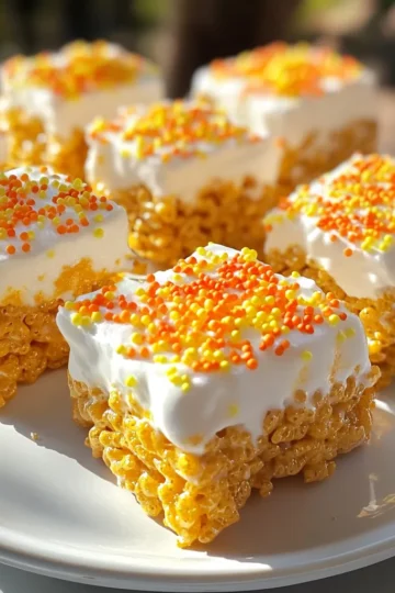 - 4 cups Rice Krispies cereal - 3 tablespoons unsalted butter - 1 package (10 oz) mini marshmallows - 1 teaspoon vanilla extract - 1 teaspoon pumpkin pie spice - 1 cup pumpkin puree - Pinch of salt These ingredients create a tasty treat. The Rice Krispies give crunch, while the marshmallows add chewiness. Butter helps everything stick together, and pumpkin puree provides a rich flavor. Vanilla and pumpkin pie spice bring warmth to each bite. - Orange and yellow sprinkles Adding sprinkles makes the treats festive. It is a fun way to enjoy these treats, especially for holidays. You can choose any color you like. Sprinkles add color and a bit of extra sweetness. These treats are not gluten-free due to Rice Krispies, which may contain gluten. To make them gluten-free, look for gluten-free Rice Krispies. They also contain dairy from the butter. For a dairy-free option, try using a plant-based butter. First, grab a large saucepan. Place it on low heat. Add 3 tablespoons of unsalted butter. Watch it melt slowly. Once it melts, toss in the whole package of mini marshmallows. Stir them with a spatula. Keep stirring until they melt and become smooth. This part takes just a few minutes. After melting, take the saucepan off the heat. Now, add 1 teaspoon of vanilla extract. Next, add 1 teaspoon of pumpkin pie spice. Mix these in well until combined. Then, add 1 cup of pumpkin puree. Make sure to stir until there are no lumps. This step makes your treats taste like fall! Gradually, add 4 cups of Rice Krispies cereal. Gently fold it into the mixture. You want every piece coated well. It helps to use a spatula or your hands, lightly greased. Once mixed, line a 9x9 inch baking pan with parchment paper. Pour the mixture into the pan. Press it down firmly with the back of the spatula. You want an even layer. Then, if you like, sprinkle some orange and yellow sprinkles on top. Let the treats cool for at least 30 minutes. After cooling, cut them into squares or rectangles. Enjoy! To make the best Pumpkin Rice Krispie Treats, focus on texture. Start by melting the butter and marshmallows slowly. This keeps them smooth. If you rush, the mix may clump. After melting, mix in the pumpkin puree well. This adds moisture and flavor. If the mixture feels too sticky, add a bit more Rice Krispies. This helps balance the texture. When mixing the Rice Krispies, take your time. Gently fold the cereal into the melted marshmallow mix. Use a rubber spatula to reach all corners. If you use your hands, lightly grease them. This will stop the mix from sticking. Make sure every piece of cereal is coated. This creates a better flavor in each bite. Cutting the treats right takes a little care. Let them cool for at least 30 minutes. This helps them hold their shape. Use a sharp knife for clean edges. Lightly grease the knife to prevent sticking. Cut them into squares or rectangles based on your preference. For a fun touch, top with colorful sprinkles before cutting. Enjoy the fun shapes! {{image_2}} You can add chocolate or peanut butter for a fun twist. Just melt 1 cup of chocolate chips or 1/2 cup of peanut butter with the marshmallows. Stir them in until smooth. These flavors mix well with pumpkin. The result is a richer treat that kids will love. You can also drizzle melted chocolate on top for extra flair. Adding nuts or seeds boosts texture and flavor. Try 1/2 cup of chopped pecans or walnuts. You can also use pumpkin seeds for a seasonal touch. Stir them in with the Rice Krispies. This adds crunch and nutrition to your treats. Just be careful if serving to little ones or guests with allergies. You can mix in other flavors to change things up. Consider using 1 teaspoon of cinnamon or maple syrup for a sweet twist. A splash of almond extract can add a nice touch. Experimenting with different flavors keeps it exciting. You might find a new favorite combo that everyone enjoys! You can store your Pumpkin Rice Krispie Treats in an airtight container. Keep them at room temperature for up to three days. If you live in a warm area, consider placing them in the fridge. This keeps them fresh and chewy for longer. To freeze these treats, cut them into squares first. Wrap each square in plastic wrap. Place the wrapped treats in a freezer-safe bag or container. They can last in the freezer for up to two months. When you want to enjoy them, let them thaw at room temperature for about 30 minutes. Always keep your treats sealed tightly to avoid air exposure. This helps prevent them from getting hard or stale. If they start to lose their softness, you can microwave them for a few seconds to regain some chewiness. Enjoy your treats while they are fresh for the best taste! Yes, you can use homemade marshmallows. They add a unique touch. Just make sure they are soft and fluffy. Melt them the same way as the store-bought ones. This will create a nice, gooey base for your treats. To make these treats vegan, swap out the butter for coconut oil or vegan butter. Use vegan marshmallows instead of regular ones. These changes keep the flavor and texture while being plant-based. Enjoy your vegan Pumpkin Rice Krispie Treats just as much! If you need a substitute for Rice Krispies, try using puffed rice or cornflakes. You can even use crispy rice cereal made from brown rice for a healthier option. The key is to keep the texture light and crunchy. This way, your treats will still turn out delicious! In this article, you learned how to make delicious Pumpkin Rice Krispie Treats. We covered key ingredients, step-by-step instructions, and tips for perfect treats. You can mix in flavors like chocolate or nuts and store your treats fresh. Keep these ideas in mind when you create your own treats. Enjoy your fun, tasty snacks!
