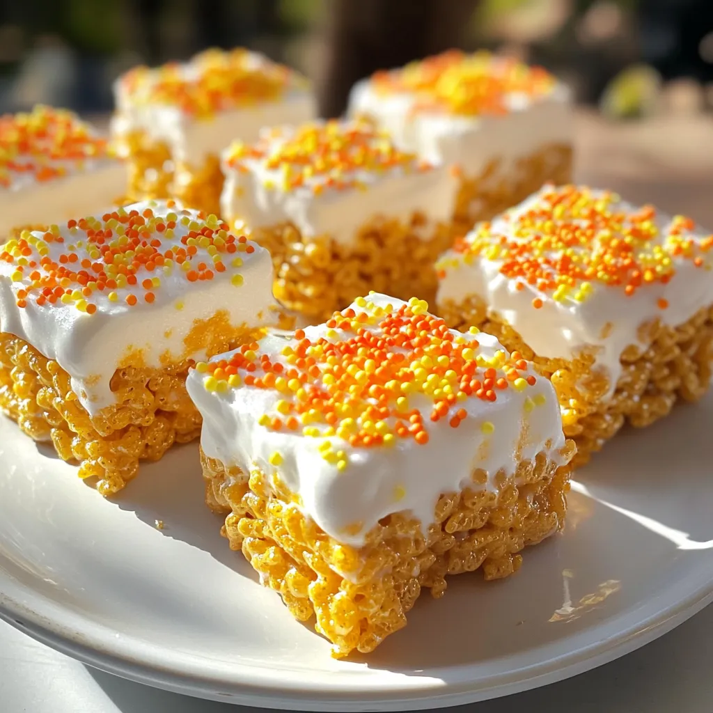 - 4 cups Rice Krispies cereal - 3 tablespoons unsalted butter - 1 package (10 oz) mini marshmallows - 1 teaspoon vanilla extract - 1 teaspoon pumpkin pie spice - 1 cup pumpkin puree - Pinch of salt These ingredients create a tasty treat. The Rice Krispies give crunch, while the marshmallows add chewiness. Butter helps everything stick together, and pumpkin puree provides a rich flavor. Vanilla and pumpkin pie spice bring warmth to each bite. - Orange and yellow sprinkles Adding sprinkles makes the treats festive. It is a fun way to enjoy these treats, especially for holidays. You can choose any color you like. Sprinkles add color and a bit of extra sweetness. These treats are not gluten-free due to Rice Krispies, which may contain gluten. To make them gluten-free, look for gluten-free Rice Krispies. They also contain dairy from the butter. For a dairy-free option, try using a plant-based butter. First, grab a large saucepan. Place it on low heat. Add 3 tablespoons of unsalted butter. Watch it melt slowly. Once it melts, toss in the whole package of mini marshmallows. Stir them with a spatula. Keep stirring until they melt and become smooth. This part takes just a few minutes. After melting, take the saucepan off the heat. Now, add 1 teaspoon of vanilla extract. Next, add 1 teaspoon of pumpkin pie spice. Mix these in well until combined. Then, add 1 cup of pumpkin puree. Make sure to stir until there are no lumps. This step makes your treats taste like fall! Gradually, add 4 cups of Rice Krispies cereal. Gently fold it into the mixture. You want every piece coated well. It helps to use a spatula or your hands, lightly greased. Once mixed, line a 9x9 inch baking pan with parchment paper. Pour the mixture into the pan. Press it down firmly with the back of the spatula. You want an even layer. Then, if you like, sprinkle some orange and yellow sprinkles on top. Let the treats cool for at least 30 minutes. After cooling, cut them into squares or rectangles. Enjoy! To make the best Pumpkin Rice Krispie Treats, focus on texture. Start by melting the butter and marshmallows slowly. This keeps them smooth. If you rush, the mix may clump. After melting, mix in the pumpkin puree well. This adds moisture and flavor. If the mixture feels too sticky, add a bit more Rice Krispies. This helps balance the texture. When mixing the Rice Krispies, take your time. Gently fold the cereal into the melted marshmallow mix. Use a rubber spatula to reach all corners. If you use your hands, lightly grease them. This will stop the mix from sticking. Make sure every piece of cereal is coated. This creates a better flavor in each bite. Cutting the treats right takes a little care. Let them cool for at least 30 minutes. This helps them hold their shape. Use a sharp knife for clean edges. Lightly grease the knife to prevent sticking. Cut them into squares or rectangles based on your preference. For a fun touch, top with colorful sprinkles before cutting. Enjoy the fun shapes! {{image_2}} You can add chocolate or peanut butter for a fun twist. Just melt 1 cup of chocolate chips or ½ cup of peanut butter with the marshmallows. Stir them in until smooth. These flavors mix well with pumpkin. The result is a richer treat that kids will love. You can also drizzle melted chocolate on top for extra flair. Adding nuts or seeds boosts texture and flavor. Try ½ cup of chopped pecans or walnuts. You can also use pumpkin seeds for a seasonal touch. Stir them in with the Rice Krispies. This adds crunch and nutrition to your treats. Just be careful if serving to little ones or guests with allergies. You can mix in other flavors to change things up. Consider using 1 teaspoon of cinnamon or maple syrup for a sweet twist. A splash of almond extract can add a nice touch. Experimenting with different flavors keeps it exciting. You might find a new favorite combo that everyone enjoys! You can store your Pumpkin Rice Krispie Treats in an airtight container. Keep them at room temperature for up to three days. If you live in a warm area, consider placing them in the fridge. This keeps them fresh and chewy for longer. To freeze these treats, cut them into squares first. Wrap each square in plastic wrap. Place the wrapped treats in a freezer-safe bag or container. They can last in the freezer for up to two months. When you want to enjoy them, let them thaw at room temperature for about 30 minutes. Always keep your treats sealed tightly to avoid air exposure. This helps prevent them from getting hard or stale. If they start to lose their softness, you can microwave them for a few seconds to regain some chewiness. Enjoy your treats while they are fresh for the best taste! Yes, you can use homemade marshmallows. They add a unique touch. Just make sure they are soft and fluffy. Melt them the same way as the store-bought ones. This will create a nice, gooey base for your treats. To make these treats vegan, swap out the butter for coconut oil or vegan butter. Use vegan marshmallows instead of regular ones. These changes keep the flavor and texture while being plant-based. Enjoy your vegan Pumpkin Rice Krispie Treats just as much! If you need a substitute for Rice Krispies, try using puffed rice or cornflakes. You can even use crispy rice cereal made from brown rice for a healthier option. The key is to keep the texture light and crunchy. This way, your treats will still turn out delicious! In this article, you learned how to make delicious Pumpkin Rice Krispie Treats. We covered key ingredients, step-by-step instructions, and tips for perfect treats. You can mix in flavors like chocolate or nuts and store your treats fresh. Keep these ideas in mind when you create your own treats. Enjoy your fun, tasty snacks!