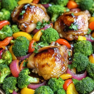- Chicken - 4 boneless, skinless chicken thighs - Vegetables - 2 cups broccoli florets - 1 red bell pepper, sliced - 1 yellow bell pepper, sliced - 1 medium red onion, sliced - Balsamic Glaze Components - ⅓ cup balsamic vinegar - 2 tablespoons honey - 2 tablespoons olive oil - 3 cloves garlic, minced - 1 teaspoon dried thyme - Salt and pepper to taste For this recipe, I make sure to use the right amounts. Here’s what you need: - Chicken: 4 thighs - Broccoli: 2 cups - Red bell pepper: 1 - Yellow bell pepper: 1 - Red onion: 1 medium - Balsamic vinegar: ⅓ cup - Honey: 2 tablespoons - Olive oil: 2 tablespoons - Garlic: 3 cloves - Thyme: 1 teaspoon - Salt and pepper: to taste - Fresh parsley for garnish (optional) Using fresh parsley adds a nice touch. It also makes the dish look pretty. With these ingredients, you’ll create a tasty meal that is both healthy and colorful! First, you need to preheat your oven to 425°F (220°C). This step is key for even cooking. While the oven heats up, grab a large sheet pan. Line it with parchment paper for easy cleanup. It also helps the food not stick. In a small bowl, whisk together the balsamic vinegar, honey, olive oil, minced garlic, dried thyme, salt, and pepper. This mixture creates a tasty glaze. Make sure to mix it well. The flavors blend together, giving your dish a rich taste. Now, place the chicken thighs on one side of the sheet pan. Pour half of the balsamic glaze over the chicken. Make sure each piece is coated well. On the other side, arrange the broccoli florets, sliced bell peppers, and red onion. Drizzle the rest of the glaze over the veggies. Toss them gently to coat evenly. Bake the pan in your preheated oven for 25-30 minutes. Check that the chicken reaches an internal temperature of 165°F (75°C). The vegetables should be tender and slightly caramelized. Once done, remove the pan from the oven. Let it sit for 5 minutes before serving. If you want, garnish with fresh parsley for a pop of color. Enjoy your meal! To ensure your chicken is juicy and safe to eat, check the internal temperature. Use a meat thermometer to confirm it reaches 165°F (75°C). Insert the thermometer into the thickest part of the thigh. If it reads 165°F, your chicken is done! Let it rest for a few minutes before serving. This helps keep the juices inside. To boost the flavor of your veggies, start with good seasoning. Use salt and pepper generously. A little olive oil helps too. Toss the vegetables in the balsamic glaze well. This adds sweetness and depth. For caramelization, roast them until they're soft and slightly brown. This brings out their natural sweetness and adds great texture. Meal prep can save you time during busy weeks. Chop your veggies a day ahead and store them in the fridge. You can also marinate the chicken in the balsamic glaze overnight. This gives the chicken more flavor and makes cooking easier. When it's time to cook, just toss everything on the sheet pan. Easy and quick! {{image_2}} You can change up the protein in this dish. Try using chicken breasts or turkey. For a meatless option, use firm tofu or chickpeas. Swap the veggies too. Instead of broccoli, try green beans or asparagus. You can also use zucchini or carrots. Mixing and matching makes this dish fun and new each time. This meal pairs well with many sides. Serve it over rice for a filling option. Quinoa adds a nutty taste and is healthy too. You can also enjoy it with crusty bread. The bread is perfect for soaking up the tasty glaze. Feel free to add a side salad for some crunch and freshness. Want to make it even tastier? Add spices like paprika or cumin. Fresh herbs like rosemary or basil can boost the flavor too. A squeeze of lemon juice brightens the dish. Try adding chili flakes for a spicy kick. These small changes can take your meal to the next level. To keep your sheet-pan balsamic glazed chicken and veggies fresh, store them in an airtight container. Place the chicken and veggies in the fridge within two hours of cooking. They will last up to three days. Label your container with the date. This way, you know when to eat them. When you're ready to enjoy leftovers, preheat your oven to 350°F (175°C). Place the chicken and veggies on a baking sheet. Cover them with foil to prevent drying. Heat for about 15-20 minutes or until warm. You can also reheat in the microwave if you’re short on time. Just heat for 1-2 minutes, checking often. If you want to save some for later, freezing is a great option! First, let the chicken and veggies cool completely. Then, place them in a freezer-safe bag or container. Remove as much air as possible before sealing. You can freeze them for up to three months. To reheat, thaw in the fridge overnight and then follow the reheating instructions. Bake the chicken for 25 to 30 minutes. The chicken is done when it reaches 165°F. Use a meat thermometer to check this. The veggies will cook nicely alongside the chicken. They will be tender and slightly caramelized. This cooking time makes it easy and quick. Yes, you can use frozen chicken and veggies. Just remember to adjust the cooking time. Frozen chicken may take longer to cook. Make sure it reaches the safe temperature of 165°F. For frozen veggies, they may need less time to cook. Keep an eye on them to avoid overcooking. You can serve this dish with many sides. Try rice for a filling option. Quinoa is also a great choice for a healthy twist. You can add a fresh salad for some crunch. Bread is nice for soaking up the glaze too. Choose what you like best to make your meal complete. This blog post covered the key ingredients, steps, and tips for making balsamic glazed chicken. We explored the main ingredients, including chicken and fresh veggies, and discussed how to prepare the dish. I shared useful cooking and flavor tips to help you succeed. In the end, this recipe is easy to adapt. You can switch ingredients and sides based on what you like. Enjoy your cooking and the delicious meal ahead!