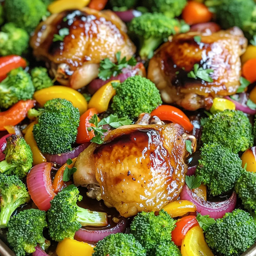 - Chicken - 4 boneless, skinless chicken thighs - Vegetables - 2 cups broccoli florets - 1 red bell pepper, sliced - 1 yellow bell pepper, sliced - 1 medium red onion, sliced - Balsamic Glaze Components - ⅓ cup balsamic vinegar - 2 tablespoons honey - 2 tablespoons olive oil - 3 cloves garlic, minced - 1 teaspoon dried thyme - Salt and pepper to taste For this recipe, I make sure to use the right amounts. Here’s what you need: - Chicken: 4 thighs - Broccoli: 2 cups - Red bell pepper: 1 - Yellow bell pepper: 1 - Red onion: 1 medium - Balsamic vinegar: ⅓ cup - Honey: 2 tablespoons - Olive oil: 2 tablespoons - Garlic: 3 cloves - Thyme: 1 teaspoon - Salt and pepper: to taste - Fresh parsley for garnish (optional) Using fresh parsley adds a nice touch. It also makes the dish look pretty. With these ingredients, you’ll create a tasty meal that is both healthy and colorful! First, you need to preheat your oven to 425°F (220°C). This step is key for even cooking. While the oven heats up, grab a large sheet pan. Line it with parchment paper for easy cleanup. It also helps the food not stick. In a small bowl, whisk together the balsamic vinegar, honey, olive oil, minced garlic, dried thyme, salt, and pepper. This mixture creates a tasty glaze. Make sure to mix it well. The flavors blend together, giving your dish a rich taste. Now, place the chicken thighs on one side of the sheet pan. Pour half of the balsamic glaze over the chicken. Make sure each piece is coated well. On the other side, arrange the broccoli florets, sliced bell peppers, and red onion. Drizzle the rest of the glaze over the veggies. Toss them gently to coat evenly. Bake the pan in your preheated oven for 25-30 minutes. Check that the chicken reaches an internal temperature of 165°F (75°C). The vegetables should be tender and slightly caramelized. Once done, remove the pan from the oven. Let it sit for 5 minutes before serving. If you want, garnish with fresh parsley for a pop of color. Enjoy your meal! To ensure your chicken is juicy and safe to eat, check the internal temperature. Use a meat thermometer to confirm it reaches 165°F (75°C). Insert the thermometer into the thickest part of the thigh. If it reads 165°F, your chicken is done! Let it rest for a few minutes before serving. This helps keep the juices inside. To boost the flavor of your veggies, start with good seasoning. Use salt and pepper generously. A little olive oil helps too. Toss the vegetables in the balsamic glaze well. This adds sweetness and depth. For caramelization, roast them until they're soft and slightly brown. This brings out their natural sweetness and adds great texture. Meal prep can save you time during busy weeks. Chop your veggies a day ahead and store them in the fridge. You can also marinate the chicken in the balsamic glaze overnight. This gives the chicken more flavor and makes cooking easier. When it's time to cook, just toss everything on the sheet pan. Easy and quick! {{image_2}} You can change up the protein in this dish. Try using chicken breasts or turkey. For a meatless option, use firm tofu or chickpeas. Swap the veggies too. Instead of broccoli, try green beans or asparagus. You can also use zucchini or carrots. Mixing and matching makes this dish fun and new each time. This meal pairs well with many sides. Serve it over rice for a filling option. Quinoa adds a nutty taste and is healthy too. You can also enjoy it with crusty bread. The bread is perfect for soaking up the tasty glaze. Feel free to add a side salad for some crunch and freshness. Want to make it even tastier? Add spices like paprika or cumin. Fresh herbs like rosemary or basil can boost the flavor too. A squeeze of lemon juice brightens the dish. Try adding chili flakes for a spicy kick. These small changes can take your meal to the next level. To keep your sheet-pan balsamic glazed chicken and veggies fresh, store them in an airtight container. Place the chicken and veggies in the fridge within two hours of cooking. They will last up to three days. Label your container with the date. This way, you know when to eat them. When you're ready to enjoy leftovers, preheat your oven to 350°F (175°C). Place the chicken and veggies on a baking sheet. Cover them with foil to prevent drying. Heat for about 15-20 minutes or until warm. You can also reheat in the microwave if you’re short on time. Just heat for 1-2 minutes, checking often. If you want to save some for later, freezing is a great option! First, let the chicken and veggies cool completely. Then, place them in a freezer-safe bag or container. Remove as much air as possible before sealing. You can freeze them for up to three months. To reheat, thaw in the fridge overnight and then follow the reheating instructions. Bake the chicken for 25 to 30 minutes. The chicken is done when it reaches 165°F. Use a meat thermometer to check this. The veggies will cook nicely alongside the chicken. They will be tender and slightly caramelized. This cooking time makes it easy and quick. Yes, you can use frozen chicken and veggies. Just remember to adjust the cooking time. Frozen chicken may take longer to cook. Make sure it reaches the safe temperature of 165°F. For frozen veggies, they may need less time to cook. Keep an eye on them to avoid overcooking. You can serve this dish with many sides. Try rice for a filling option. Quinoa is also a great choice for a healthy twist. You can add a fresh salad for some crunch. Bread is nice for soaking up the glaze too. Choose what you like best to make your meal complete. This blog post covered the key ingredients, steps, and tips for making balsamic glazed chicken. We explored the main ingredients, including chicken and fresh veggies, and discussed how to prepare the dish. I shared useful cooking and flavor tips to help you succeed. In the end, this recipe is easy to adapt. You can switch ingredients and sides based on what you like. Enjoy your cooking and the delicious meal ahead!