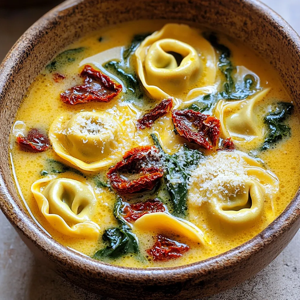 - 12 oz cheese tortellini (fresh or frozen) - 1 cup sun-dried tomatoes (packed in oil, drained and roughly chopped) - 3 cups vegetable broth - 1 cup heavy cream - 1 cup fresh spinach leaves For this dish, cheese tortellini serves as the base. You can use fresh or frozen tortellini. Sun-dried tomatoes add a rich, tangy flavor. They come packed in oil, which helps to enhance the taste of the sauce. Vegetable broth gives the meal depth and warmth. Heavy cream makes the dish creamy and rich. Fresh spinach adds color and nutrients, making it a balanced meal. - 2 cloves garlic, minced - 1 teaspoon Italian seasoning - Salt and pepper to taste - ¼ cup grated Parmesan cheese (plus extra for serving) - 2 tablespoons olive oil Garlic brings a savory aroma to the dish. Italian seasoning adds classic flavor, enhancing the overall taste. Salt and pepper balance the flavors. Grated Parmesan cheese gives a salty finish. Olive oil not only cooks the garlic but also adds richness. These simple seasonings make the tortellini shine. Use fresh, high-quality ingredients for the best results. First, take a large pot and heat 2 tablespoons of olive oil over medium heat. Add 2 cloves of minced garlic to the pot. Sauté the garlic for 1-2 minutes. You want it fragrant, not burnt. Next, add 1 cup of sun-dried tomatoes that are packed in oil. Cook them for about 2 minutes, stirring often. This step builds a great flavor base for the dish. After the sun-dried tomatoes are ready, pour in 3 cups of vegetable broth. Bring this mixture to a simmer. Once it starts bubbling, add 12 oz of cheese tortellini. Sprinkle in 1 teaspoon of Italian seasoning. Stir gently to mix everything well. Cook for 5-7 minutes or until the tortellini is al dente. Keep stirring occasionally to prevent sticking. Now, lower the heat and slowly stir in 1 cup of heavy cream. This makes the dish rich and creamy. Add 1 cup of fresh spinach leaves next. Cook for another 2-3 minutes until the spinach wilts. Lastly, stir in ¼ cup of grated Parmesan cheese. Season with salt and pepper to taste. Let it sit for a couple of minutes to thicken slightly before serving. How to achieve al dente tortellini To cook tortellini perfectly, follow the package instructions closely. Usually, it takes about 5-7 minutes. Taste a piece to check for doneness. It should be firm yet tender. If you cook it too long, it becomes mushy. Stir gently while it cooks to keep it from sticking. Timing for adding spinach Add the spinach at the end of cooking. After stirring in the cream, let it cook for 2-3 minutes. This allows the spinach to wilt nicely while keeping its bright color. If you add it too early, it can lose flavor and texture. Suggestions for garlic preparation Use fresh garlic for the best taste. Mince it finely to release its oils. Sauté it in olive oil until fragrant but not burnt. This step builds a strong flavor base for your dish. You can also try roasting the garlic for a sweeter taste. Alternative spices to elevate the dish Try adding a pinch of red pepper flakes for heat. Fresh herbs like basil or parsley can add freshness. You can also experiment with a dash of lemon juice for brightness. These small changes can make your meal more exciting. {{image_2}} You can switch up the veggies in this dish. Try using kale or mushrooms instead of spinach. Both add a nice twist to the flavor. Kale gives a hearty bite, while mushrooms add umami. If you're in the mood for a different pasta, you can choose any shape you like. Bowtie or penne work well too. Just make sure to adjust the cooking time based on the pasta you select. To make this meal gluten-free, use gluten-free tortellini. Many brands offer tasty options. You can also swap the heavy cream for coconut milk or a nut-based cream for a dairy-free version. If you want a vegetarian dish, stick with the cheese tortellini. For a vegan option, use vegan tortellini and skip the cheese on top. You can still enjoy all the rich flavors! To keep your leftover Sun-Dried Tomato Tortellini tasty, store it in the fridge. Use an airtight container to avoid drying out. This meal stays fresh for about 3 to 4 days in the fridge. If you want to save it longer, freeze it. Place it in a freezer-safe container. It can last for up to 3 months in the freezer. When it's time to eat your leftovers, reheat them gently. The best way is to use a pot on low heat. Stir often to keep the texture nice. You can also use the microwave. Heat it in short bursts, stirring in between. This helps avoid overcooking. For a fun twist, serve it with a fresh salad or garlic bread. This adds crunch and flavor to your meal! If you don’t have sun-dried tomatoes, try roasted red peppers. They add a sweet and smoky flavor. You can also use fresh tomatoes. Just chop them finely and cook them longer to get a similar taste. For a tangy twist, consider using olives. They bring a nice salty punch to your dish. Yes, you can prepare parts of this meal ahead. Cook the tortellini and store it in the fridge. Keep the sun-dried tomato mix separate until you are ready to serve. This will keep the flavors fresh. When you want to eat, combine everything in a pot. Heat it gently and stir in the cream and spinach. To change the serving size, you can easily scale the ingredients. For more servings, just double everything. If you need fewer, halve the amounts. Use a measuring cup for accuracy. This way, you keep the flavors balanced. Always keep an eye on the cooking time, as it may change slightly based on the amount you make. This recipe highlights cheese tortellini's rich flavors with fresh spinach and sun-dried tomatoes. We explored easy steps to prepare the dish, from sautéing garlic to adding cream and seasoning. I shared tips for perfect cooking and variations that suit different diets. You can enjoy leftovers and keep them fresh. Remember, cooking is all about experimenting and adapting. With this dish, have fun and make it your own. Each bite can bring comfort and joy to your meals. Enjoy your cooking journey and share your creations!