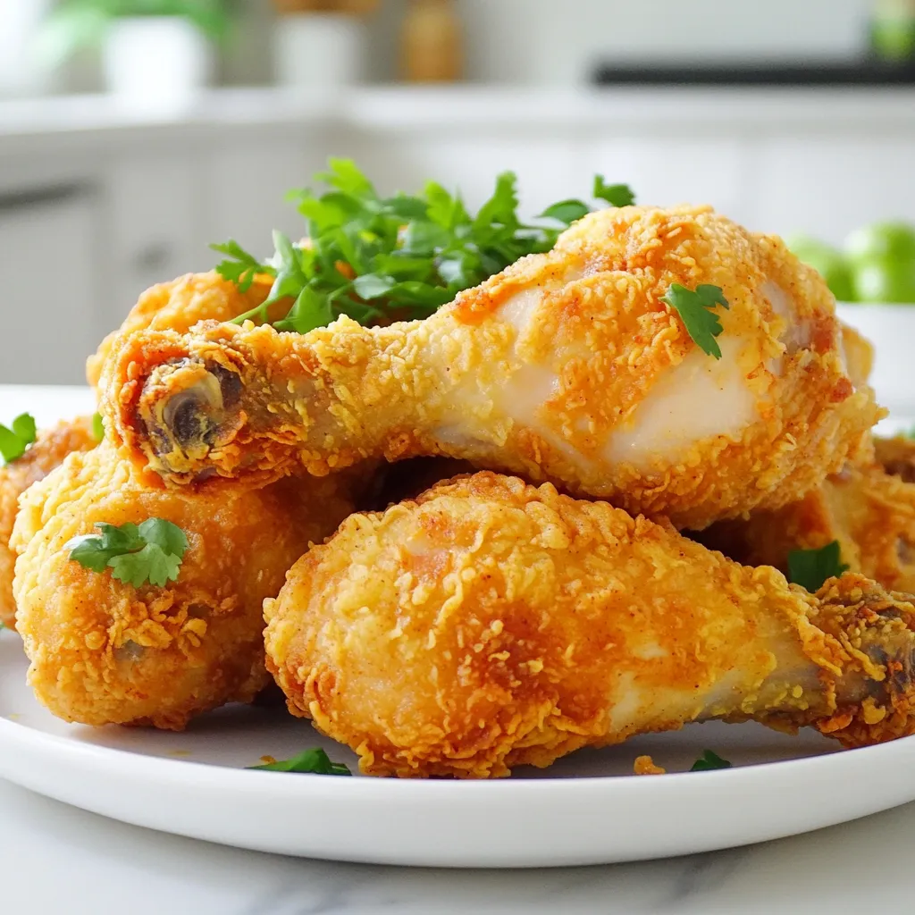 - 8 chicken drumsticks - 2 cups buttermilk - 1 tablespoon hot sauce (optional) - 2 cups all-purpose flour - 1 tablespoon garlic powder - 1 tablespoon onion powder - 1 tablespoon paprika - 1 teaspoon cayenne pepper (adjust for spice level) - 1 teaspoon salt - 1 teaspoon black pepper - Vegetable oil for frying - Tools needed: deep skillet or cast iron pan To make crispy buttermilk fried chicken drumsticks, you need to gather a few key ingredients. First, the chicken drumsticks are the star of the show. They are juicy and flavorful. Buttermilk adds moisture and tang. If you like heat, add hot sauce for an extra kick. For the coating, we will use all-purpose flour mixed with spices. This blend includes garlic powder, onion powder, paprika, cayenne pepper, salt, and black pepper. The spices give the chicken its delicious flavor. Finally, you need vegetable oil for frying. A deep skillet or cast iron pan works best for even cooking. This setup will help you achieve that perfect, crispy skin. First, you need to get your buttermilk ready. In a large bowl, combine 2 cups of buttermilk with 1 tablespoon of hot sauce if you want a kick. Add a pinch of salt to enhance the flavor. Next, grab your 8 chicken drumsticks and submerge them in the buttermilk mix. Make sure they are fully covered. Cover the bowl and refrigerate for at least 4 hours or overnight for the best taste. This step makes the chicken juicy and tender. While your chicken marinates, prepare the coating. In another bowl, mix 2 cups of all-purpose flour, 1 tablespoon of garlic powder, 1 tablespoon of onion powder, 1 tablespoon of paprika, 1 teaspoon of cayenne pepper, 1 teaspoon of salt, and 1 teaspoon of black pepper. This blend gives the chicken a crispy crust and a burst of flavor. Once the chicken is done marinating, take it out and let the excess buttermilk drip off. Now, dredge each drumstick in the flour mixture. Make sure to coat them evenly for a perfect crunch. Now it's time to fry! Heat vegetable oil in a deep skillet or cast iron pan over medium heat. You want the oil to reach 350°F (180°C). To test, drop in a small piece of bread; it should sizzle and turn golden brown. Carefully add the coated drumsticks to the hot oil in batches. Avoid overcrowding the pan, as this can lower the oil temperature. Fry the drumsticks for about 12-15 minutes. Turn them occasionally until they are golden brown and cooked through. Check the internal temperature, which should reach 165°F (74°C). Once done, transfer the drumsticks to a wire rack or a plate lined with paper towels to drain any excess oil. Let them rest for a few minutes to keep them crispy. Marinating the chicken in buttermilk is key. This step helps the meat stay juicy and tender. Aim for at least four hours, but overnight is best. The longer the soak, the better the flavor. For dredging, coat each drumstick evenly with the flour mix. Make sure to shake off the excess flour. This keeps the crust light and crispy. Avoid overcrowding the pan when frying. If the pan is too full, the chicken will steam instead of fry. Fry in batches to get that perfect crunch. Check the doneness of your chicken with a meat thermometer. The internal temperature should reach 165°F. This step ensures the chicken is safe to eat and fully cooked. For a stunning presentation, serve the drumsticks on a rustic wooden board. Add a side of your favorite dipping sauces. You can use ranch, honey mustard, or spicy ketchup. Garnish the dish with fresh herbs like parsley or cilantro. This adds color and a fresh touch. {{image_2}} You can adjust the spice level of the chicken to your taste. For a mild option, skip the cayenne pepper. If you like heat, add more cayenne or some chopped jalapeños to the buttermilk. You can also try these spices for extra flavor: - Smoked paprika for a smoky taste - Blackening spice for a Cajun kick - Cumin for a warm, earthy flavor If you prefer to bake instead of fry, it’s easy! Preheat your oven to 425°F (220°C). After dredging the drumsticks, place them on a baking sheet lined with parchment paper. Spray them lightly with cooking oil. Bake for about 30-35 minutes, flipping halfway through. Make sure the chicken reaches 165°F (74°C) inside. This method gives you crispy chicken with less oil. If you need a gluten-free meal, swap the all-purpose flour for alternative flours. Use almond flour or gluten-free all-purpose flour. This keeps the crispy texture. When adjusting for gluten sensitivity, ensure all other ingredients are also gluten-free. Check labels on spices and sauces to avoid hidden gluten. To store leftover chicken drumsticks safely, let them cool first. Place the drumsticks in an airtight container. This keeps them fresh for up to 3 days in the fridge. If you want to reheat them, preheat your oven to 375°F (190°C). Place the drumsticks on a baking sheet and heat for 15-20 minutes. This method keeps them crispy and tasty. To freeze fried chicken, let it cool completely first. Wrap each drumstick in plastic wrap and place them in a freezer bag. This keeps them fresh for up to 3 months. When you want to eat them, take the drumsticks out of the freezer. Thaw them in the fridge overnight for best results. To reheat, use the oven again at 375°F (190°C) for about 25-30 minutes. This will make them crispy once more. Yes, you can use skinless chicken. However, skin adds flavor and crunch. Without skin, the chicken may not be as juicy. You will need to cook skinless drumsticks for a shorter time. Check them at 10-12 minutes, or until the internal temperature reaches 165°F (74°C). If you don't have buttermilk, you can make your own. Mix 1 cup of milk with 1 tablespoon of vinegar or lemon juice. Let it sit for 5-10 minutes. This will mimic the tangy taste of buttermilk. You can also use plain yogurt mixed with water for a thicker option. You can use an air fryer or bake the chicken. For air frying, preheat the air fryer to 400°F (200°C). Cook the drumsticks for 25-30 minutes, flipping halfway. For baking, preheat the oven to 425°F (220°C). Bake for 35-40 minutes, turning the drumsticks once, until they are golden brown and crispy. You learned how to make great fried chicken. We covered the key ingredients, steps, and tips. Marinating chicken drumsticks in buttermilk makes them juicy and tasty. A proper coating ensures a crispy crust. Remember, the frying technique is crucial for perfect results. If you want variations, you can adjust spice levels or try baking. Store leftovers safely for later enjoyment. Use these tips to impress your friends and family with your cooking skills. Enjoy every bite of your homemade fried chicken!