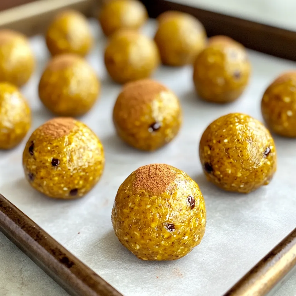 To make pumpkin spice energy balls, you need these main ingredients: - 1 cup rolled oats - ½ cup canned pumpkin puree - ½ cup almond butter (or any nut butter of choice) - ¼ cup honey or maple syrup - ¼ cup ground flaxseed - 1 teaspoon pumpkin pie spice (or a mix of cinnamon, nutmeg, ginger, and cloves) - ½ teaspoon vanilla extract - Pinch of salt These ingredients blend to create a tasty and nutritious snack. The oats provide fiber, while pumpkin adds moisture and flavor. Nut butter gives healthy fats, and honey or maple syrup sweetens the mix. You can enhance the flavor with mini dark chocolate chips. Adding ¼ cup gives a sweet touch and fun texture. You can also try adding a scoop of protein powder for extra nutrition. This can make your energy balls even more filling. You can switch up ingredients if you like. If you have no almond butter, try peanut butter or sunflower seed butter. For a vegan option, use maple syrup instead of honey. If you want a nut-free version, use sunbutter. You can also replace flaxseed with chia seeds for a different twist. Start by gathering all your ingredients. You will need: - 1 cup rolled oats - ½ cup canned pumpkin puree - ½ cup almond butter (or any nut butter of choice) - ¼ cup honey or maple syrup - ¼ cup ground flaxseed - 1 teaspoon pumpkin pie spice - ½ teaspoon vanilla extract - ¼ cup mini dark chocolate chips (optional) - Pinch of salt In a large mixing bowl, combine the rolled oats, pumpkin puree, almond butter, and honey. Mix these well until they form a thick, sticky mixture. This step is key to making sure the balls hold together later. Next, add the ground flaxseed, pumpkin pie spice, vanilla extract, and a pinch of salt. Stir until everything is well blended. If you want a sweeter treat, now is the time to fold in the mini dark chocolate chips. They add a nice touch! Once mixed, take small amounts of the mixture and roll them into balls about 1 inch in size. Place these energy balls on a parchment-lined baking sheet. This keeps them from sticking and makes cleanup easier. After rolling all the mixture into balls, pop the tray into the fridge. Chill them for at least 30 minutes. This step helps the energy balls firm up nicely. Once cooled, store them in an airtight container in the fridge. They will stay fresh for up to a week. If you want them to last longer, freeze them! To get the best texture for your energy balls, focus on the mix. You want a thick and sticky blend. If it feels too dry, add a splash of pumpkin puree or a bit more nut butter. If it's too wet, add a little more oats or flaxseed. This mix should hold together well when you form the balls. I love almond butter, but you can choose other nut butters too. Peanut butter gives a strong flavor. Cashew butter is creamy and sweet. Sunflower seed butter works well if you need a nut-free option. Each nut butter adds its own taste and texture, so try different ones to find your favorite! Honey and maple syrup are great natural sweeteners. Honey adds a rich taste, while maple syrup brings a unique flavor. If you want less sugar, use mashed bananas or dates. These options will keep your energy balls sweet and tasty without adding too much sugar. Adjust the amount based on your taste. {{image_2}} You can make pumpkin spice energy balls even tastier by adding fun mix-ins. Try adding: - Chopped nuts, like walnuts or pecans - Dried fruit, such as cranberries or raisins - Seeds, like chia or sunflower seeds - Coconut flakes for a tropical twist Each of these add-ins adds a new layer of flavor and texture. You can customize your energy balls. Just remember to keep the balance between wet and dry ingredients. This keeps your energy balls from becoming too sticky or too dry. While pumpkin pie spice is great, you can change it up. Try different spice blends to create unique flavors. Here are some ideas: - Use just cinnamon for a warm, sweet touch - Add cardamom for a floral note - Mix in cayenne for a spicy kick Experimenting with spices opens up new taste experiences. You can focus on what you like best. Adjust the spice amounts to fit your taste. This fun twist keeps the recipe fresh and exciting. To make these energy balls gluten-free, use certified gluten-free oats. Most nut butters are already gluten-free, but check labels. If you want dairy-free options, simply skip the chocolate chips or choose dairy-free ones. You can also swap the sweetener. Use agave syrup or coconut sugar as alternatives. These small changes allow everyone to enjoy the energy balls. You can share them with friends and family, no matter their dietary needs. To keep your pumpkin spice energy balls fresh, store them in an airtight container. Place them in the fridge after they firm up. This helps maintain their taste and texture. Always use a clean spoon to scoop them out. This prevents any moisture from spoiling the batch. If you want to save some for later, freezing works well. First, place the energy balls on a baking sheet. Make sure they are not touching each other. Freeze them for about 1 hour until firm. Then, transfer the balls to a freezer-safe bag or container. Label it with the date for easy reference. They can last up to three months in the freezer. In the fridge, these energy balls stay good for up to a week. When frozen, they can last for about three months. Just let them thaw in the fridge before eating. Keeping track of the dates will help you enjoy them at their best! Yes, you can use fresh pumpkin. Just cook it until soft. Then, mash it well. Canned pumpkin is more convenient, but fresh gives a nice taste. To make these energy balls vegan, use maple syrup instead of honey. Almond butter is already vegan. Just ensure any add-ins are vegan too. These energy balls are packed with nutrients. Each ball has: - Good fiber from oats and flaxseed. - Healthy fats from almond butter. - Vitamins from pumpkin. - Antioxidants from dark chocolate chips (if added). These energy balls last up to one week in the fridge. You can also freeze them for longer storage. Just make sure to keep them in an airtight container. Enjoy them as a quick snack! In this post, we covered the key ingredients for pumpkin spice energy balls, including their main and optional components. I walked you through each step, from mixing to final touches. Additionally, I shared helpful tips for texture and flavor variations. Remember to store these treats properly to keep them fresh. With easy swaps and options, you can tailor this recipe to fit your needs. Enjoy making these energy balls, and let your creativity shine in the kitchen!