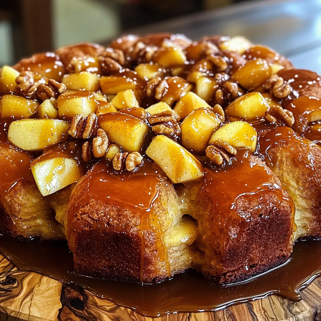 To make caramel apple monkey bread, you need a few key ingredients. Here’s the list: - 3 cans (16.5 oz each) refrigerated biscuit dough - 3 apples (peeled, cored, and diced) - 1 cup caramel sauce (store-bought or homemade) - ½ cup brown sugar - 1 teaspoon ground cinnamon - ½ cup butter (melted) - ½ cup chopped walnuts or pecans (optional) - Whipped cream (optional, for serving) Each ingredient plays a role in creating the rich, sweet flavor of this dish. The biscuit dough serves as a soft base. The apples add freshness and texture. Caramel sauce brings sweetness and gooeyness. Brown sugar and cinnamon create warmth and spice. Butter adds richness, and nuts give a nice crunch. If you want to switch things up, you can skip the nuts or use a different type of apple. Granny Smith apples work well for a tart flavor, while Honeycrisp apples add sweetness. Make sure to gather everything before you start cooking. This will help you stay organized and make the process smooth. Enjoy preparing this delightful treat! - Preheat your oven to 350°F (175°C) and grease a bundt pan well. - In a bowl, mix the brown sugar and cinnamon. Set it aside for later. - Open the biscuit dough and cut each biscuit into fourths. Roll each piece into a ball. - In another bowl, mix the diced apples with half of the caramel sauce. Stir well. - Layer half of the biscuit balls in the bundt pan. Then add half of the apple mixture. - Sprinkle any remaining cinnamon-sugar over the apples for extra flavor. - Add the rest of the biscuit balls on top of the apples. Then, layer the remaining apples. - Pour the melted butter evenly over the layers. Drizzle the rest of the caramel sauce on top. - If using nuts, sprinkle them over the top now. - Bake in your preheated oven for about 30 to 35 minutes. Look for a golden brown color. - Once done, take it out and let it cool for about 10 minutes. Then invert it onto a platter. - Drizzle any remaining caramel sauce over the monkey bread. Serve warm, adding whipped cream if you like it. To ensure even cooking through your caramel apple monkey bread, keep a few things in mind. First, cut the biscuit dough into even pieces. This helps them cook at the same rate. Layer the dough balls and apples carefully. Avoid packing them too tightly in the bundt pan. This allows heat to circulate well. When choosing the best apples for baking, look for firm varieties. Granny Smith apples are tart and hold their shape well. Honeycrisp apples add a sweet touch and great texture. Avoid soft apples, as they may turn mushy in the oven. Get creative when serving caramel apple monkey bread! You can pull it apart and serve it warm on a platter. For a fun twist, drizzle extra caramel sauce on top before serving. Add a scoop of whipped cream or a sprinkle of cinnamon for extra flavor. Pair the monkey bread with warm apple cider for a cozy treat. A scoop of vanilla ice cream also makes a delightful addition. To store leftovers, wrap the monkey bread tightly in plastic wrap. You can also place it in an airtight container. Keep it in the fridge for up to three days. This helps keep it fresh and tasty. For reheating, place slices in the microwave for 15 to 20 seconds. This warms it up and keeps it soft. If you prefer a crispier texture, reheat in the oven at 350°F for about 10 minutes. {{image_2}} You can make your caramel apple monkey bread even better! Try adding spices like nutmeg or ginger. A splash of vanilla or almond extract adds a lovely touch. You can also swap out the nuts. Try almonds or pecans instead of walnuts. Adding dried fruits, like cranberries or raisins, gives a nice twist. If you're looking for lighter options, use low-fat biscuit dough. You can also replace the butter with unsweetened applesauce. This keeps the flavor but cuts some calories. For gluten-free needs, there are great gluten-free biscuit mixes. These make it easy to enjoy this treat without worry. Seasonal fruits can change the game! In fall, add pears or even pumpkin. For summer, peaches or cherries work great. You can also top it with a sprinkle of crushed candy canes during the holidays. Another idea is to drizzle chocolate sauce instead of caramel for a fun change! You can store your monkey bread in two ways: refrigeration or at room temperature. If you plan to eat it within two days, keeping it at room temperature works well. Just make sure to wrap it tightly in plastic wrap. For longer storage, refrigeration is best. It stays fresh in the fridge for about five days. If you want to save some for later, freezing is a great option. Cut the monkey bread into portions that suit your needs. Wrap each piece well in plastic wrap and then in aluminum foil. This helps keep it fresh. When you're ready to enjoy it, thaw it overnight in the fridge. Reheat it in the oven at 350°F (175°C) for about 10-15 minutes until warm. Use airtight containers for the best results. Glass or plastic containers with tight lids work great. Make sure to avoid containers that trap moisture. This helps prevent spoilage and keeps your monkey bread tasty. If you notice any extra moisture, add a paper towel inside the container. This will help absorb it and keep your treat fresh longer. Can I use homemade biscuit dough instead? Yes, you can use homemade biscuit dough. Just ensure it is well chilled. This will help it rise and stay fluffy during baking. Homemade dough can add a personal touch to the recipe. How do I know when monkey bread is done baking? You will know it's done when the top is golden brown. A toothpick inserted in the center should come out clean. The dough should feel firm, not gooey. Can I make this recipe ahead of time? Yes, you can prep the monkey bread a day before. Layer the ingredients in the bundt pan and cover it. Just bake it the next day when you are ready. What can I substitute for caramel sauce? You can use butterscotch sauce or chocolate sauce. Maple syrup can work, too, but it will change the flavor slightly. Alternatives for nuts in the recipe If you prefer no nuts, leave them out. You can also use seeds, like pumpkin seeds. They will add a nice crunch without being overpowering. How should I serve caramel apple monkey bread? Serve it warm, right from the oven. Drizzle extra caramel sauce on top for a sweet touch. A dollop of whipped cream can add a nice creaminess. Can I serve it cold or should it be warm? It is best served warm. The gooey caramel and soft bread taste great when fresh. Serving it cold will change the texture. Caramel apple monkey bread is fun and easy to make. We covered the key ingredients, baking steps, and serving tips. Remember, you can customize flavors to make it your own. Try using different fruits or nuts. Perfect for any occasion, this treat always brings joy. Store it properly to keep it fresh. I hope you enjoy making and sharing this delicious recipe. You will impress family and friends with your skills. Happy baking!