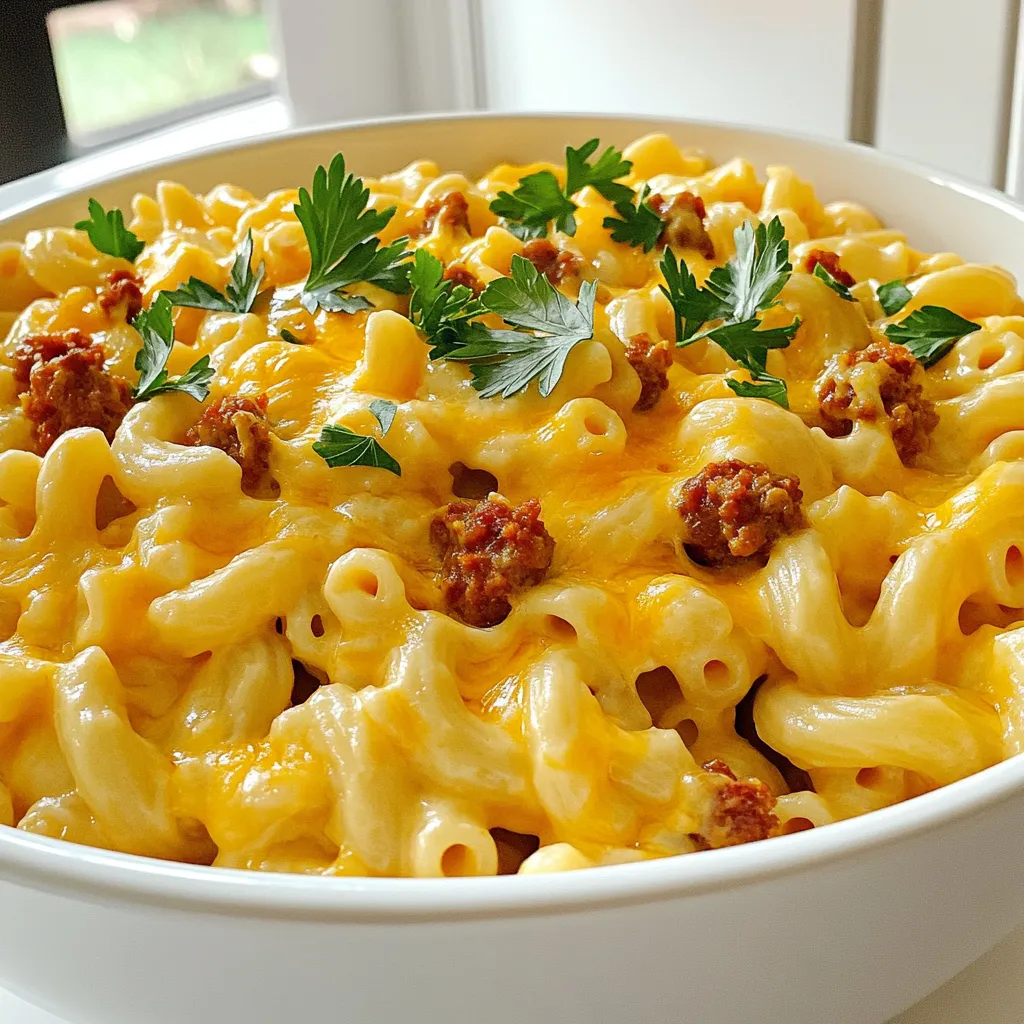 - 2 cups elbow macaroni - 1 cup chorizo sausage, casings removed and crumbled - 4 cups chicken broth - 1 medium onion, finely chopped - 3 cloves garlic, minced - 1 cup shredded cheddar cheese - 1 cup shredded mozzarella cheese - 1 teaspoon smoked paprika - ½ teaspoon black pepper - ½ teaspoon salt - 2 tablespoons olive oil - Fresh parsley, chopped (for garnish) For this One Pot Mac & Chorizo, I use simple and flavorful ingredients. The elbow macaroni gives the dish its classic pasta base. Chorizo sausage adds a spicy kick and a rich taste. I choose chicken broth as it enhances the flavors and keeps everything moist. Next, I add a finely chopped onion and minced garlic. They create a great aroma and depth. The cheeses, cheddar and mozzarella, make the dish creamy and gooey. The smoked paprika adds a lovely warmth. The black pepper and salt round out the flavors perfectly. The olive oil helps sauté the onion and garlic, bringing out their best. Lastly, I garnish with fresh parsley for color and freshness. Each ingredient plays a key role, making this dish a favorite for weeknight meals. - Heat 2 tablespoons of olive oil in a large pot over medium heat. - Add 1 medium onion, finely chopped. Sauté it until it turns translucent, which takes about 4-5 minutes. - Next, add 3 cloves of minced garlic and 1 cup of crumbled chorizo sausage. Cook until the chorizo browns, about 6-7 minutes. - Now, stir in 2 cups of elbow macaroni, 1 teaspoon of smoked paprika, ½ teaspoon of black pepper, and ½ teaspoon of salt. Mix well with the chorizo and onions. - Pour in 4 cups of chicken broth. Give everything a good stir, then bring it to a boil. - Reduce the heat to a simmer, cover the pot, and cook for about 10-12 minutes. The pasta should be al dente when done. - After cooking, take the pot off the heat. Stir in 1 cup of shredded cheddar cheese and 1 cup of shredded mozzarella cheese until they melt and make the dish creamy. - Taste your dish. Adjust seasoning if needed by adding more salt or pepper. To ensure the pasta cooks evenly, use a large pot. This gives enough room for the macaroni to move around. Stir the pasta often in the broth. This prevents it from sticking together. Keep an eye on the heat too. A gentle simmer is best for even cooking. For perfectly melting cheese, add it at the end. When the pasta is done, take the pot off the heat. Then, stir in the cheddar and mozzarella. This keeps the cheese creamy and smooth. If you want a bit of a stretch, let it sit for a minute before serving. You can add extra spices for more flavor. Try chili powder or cumin for a kick. If you like it spicy, mix in some diced jalapeños. Fresh herbs like thyme or basil work great too. They add a fresh taste that brightens the dish. For garnishing, fresh parsley adds color and taste. You can also sprinkle more cheese on top. A few extra pieces of chorizo give a nice touch. These little details make your meal look and taste gourmet. For the best results, use a large pot or Dutch oven. A heavy pot helps distribute heat evenly. This means your pasta cooks better. A wooden spoon is great for stirring. It won't scratch your pot and is easy to handle. Having a lid handy is key too. It helps keep the steam in while cooking. {{image_2}} You can mix things up with different meats. Instead of chorizo, try chicken or turkey sausage. These options still give you great flavor but are lighter. You can also boost nutrition by adding veggies like bell peppers or spinach. They add color and taste, making your meal even better. Need gluten-free options? Use gluten-free pasta. It works just as well in this recipe. For those who avoid dairy, there are many dairy-free cheese options. Look for brands that melt well, so you get that creamy texture. You can give this dish a fun twist with regional spices. Add a pinch of cumin for a Mexican vibe or some Italian herbs for a different flavor. You can also swap in different cheeses. Try pepper jack for some spice or gouda for a smoky touch. These little changes can make the dish feel fresh and new! To keep your One Pot Mac & Chorizo fresh, store leftovers in an airtight container. Make sure to let the dish cool down before sealing it. This prevents moisture build-up that can lead to sogginess. Place the container in the fridge. It’s best to enjoy your leftovers within three days for optimal taste. If you want to save some for later, freezing is a great option. First, cool the dish completely. Then, scoop it into freezer-safe containers. Leave some space at the top as the pasta will expand. Label the containers with the date. To reheat, simply thaw in the fridge overnight. Then, heat it on the stove or in the microwave until warm. Add a splash of chicken broth to restore creaminess. In the fridge, your One Pot Mac & Chorizo stays fresh for about three days. If you freeze it, it can last for up to three months. After this time, the flavors may fade. Always check for signs of spoilage, like off smells or unusual colors, before eating. Enjoy your delicious creation safely! Yes, you can use other pasta types! Here are some great options: - Penne - Fusilli - Shells - Rotini These shapes work well with the chorizo and cheese sauce. Just make sure to adjust the cooking time as needed. To know when your pasta is done, look for these signs: - It should be al dente, which means tender but still firm. - Taste a piece; it should have a slight bite without being hard. - Check the texture; it should not be mushy. Cooking time may vary, so keep an eye on it as it simmers. Here are some tasty sides to serve with your meal: - A fresh green salad with vinaigrette. - Garlic bread or crusty rolls for dipping. - Roasted vegetables for a healthy touch. - Steamed broccoli or green beans for color. These options will round out your meal and add flavor! You now have a clear guide to make a tasty one-pot mac and chorizo meal. Start by gathering your main ingredients like elbow macaroni, chorizo, and cheese. Follow the preparation and cooking steps to ensure your dish is creamy and flavorful. Remember to consider variations and storage tips to enjoy it later. With these insights, you can impress anyone at your dinner table with this simple yet delicious recipe. Enjoy your cooking adventure!