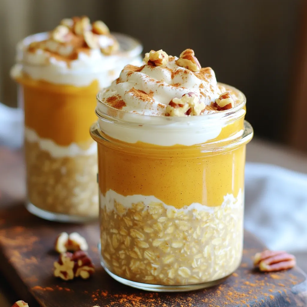 To make the perfect Pumpkin Pie Overnight Oats, gather these main ingredients: - 1 cup rolled oats - 1 can (15 oz) pumpkin puree - 1 cup almond milk (or any milk of choice) - ½ cup Greek yogurt (plain or vanilla) - 2 tablespoons maple syrup (adjust to taste) - 1 teaspoon vanilla extract - 1 teaspoon pumpkin pie spice - ¼ teaspoon salt These ingredients blend together to create a creamy and comforting breakfast. While the oats are tasty on their own, consider adding these toppings for extra flavor: - Chopped pecans - Whipped cream (coconut-based for non-dairy) - A sprinkle of cinnamon These toppings can make your oats look and taste even better. You can easily swap ingredients to fit your needs. Here are some ideas: - Use any milk you like, such as oat or soy. - Swap Greek yogurt for dairy-free yogurt if needed. - Use honey or agave syrup in place of maple syrup. These changes keep the dish delicious while matching your diet. To start, gather all your ingredients. You need: - 1 cup rolled oats - 1 can (15 oz) pumpkin puree - 1 cup almond milk (or any milk of choice) - ½ cup Greek yogurt (plain or vanilla) - 2 tablespoons maple syrup (adjust to taste) - 1 teaspoon vanilla extract - 1 teaspoon pumpkin pie spice - ¼ teaspoon salt In a medium bowl, mix the rolled oats, pumpkin puree, almond milk, Greek yogurt, maple syrup, vanilla extract, pumpkin pie spice, and salt together. Stir until everything blends well. You want the oats to be coated nicely. Once mixed, divide the mixture into two jars or containers. Press down lightly to remove any air bubbles. This helps the oats soak better. Close the jars tightly and put them in the fridge. Let them chill overnight or for at least four hours. This soaking makes the oats soft and creamy. In the morning, take your jars out. Stir the oats well before eating. If you want them creamier, add a splash of almond milk. Top your oats with chopped pecans, a dollop of whipped cream, and a sprinkle of cinnamon for extra flavor. Enjoy your tasty breakfast delight! To make great overnight oats, start with high-quality rolled oats. They soak up liquid well and keep their texture. Use a medium bowl for mixing. Combine all your ingredients well. If you want creamier oats, add more almond milk in the morning. Press the mixture into jars to avoid air bubbles. This helps keep them fresh. Let them soak overnight for the best flavor. Want to add more flavor? Try adjusting the maple syrup to your taste. You can add a bit more pumpkin pie spice for a stronger taste. A pinch of nutmeg also adds warmth. For a twist, mix in some chocolate chips or dried fruit. These extra touches make each bite special. These overnight oats last up to four days in the fridge. Use airtight jars or containers to keep them fresh. If you notice them getting dry, add a splash of almond milk when serving. You can prepare several jars at once. This makes breakfast easy all week long! {{image_2}} You can easily make this recipe dairy-free. Replace Greek yogurt with coconut yogurt. Use almond milk or any other plant-based milk. This keeps the creamy texture without dairy. You still get the great taste of pumpkin pie. While pumpkin pie spice is classic, you can mix it up. Try adding a pinch of nutmeg or ginger for more warmth. You can also use cinnamon alone for a simple taste. Experimenting with spices lets you find your favorite blend. Adjust the sweetness to your liking. If you want it sweeter, add more maple syrup. You can also use honey or agave syrup. For less sweetness, cut back on the syrup or use a sugar substitute. Finding the right balance makes your oats perfect for your taste. Pumpkin is a superfood. It is low in calories but high in nutrients. One cup of pumpkin puree gives you vitamin A, which is good for your eyes. It also has fiber, which helps keep you full. Fiber improves digestion too. Pumpkin is rich in antioxidants, which may help your body fight off diseases. This makes pumpkin a smart choice for a healthy breakfast. Pumpkin Pie Overnight Oats are filling yet light. Each serving has about 300 calories. Here’s a quick look at the macronutrients: - Carbohydrates: 50 grams - Protein: 10 grams - Fat: 8 grams This balance of nutrients helps you feel energized and satisfied throughout the morning. These oats can fit different diets. They are great for those who are vegetarian or looking for a healthy breakfast. You can easily make them dairy-free with almond milk and a non-dairy yogurt. Adjust the maple syrup to fit your sweetness preference. Always check for allergies to ingredients like nuts or dairy before you make them. Yes, you can easily make this dish vegan. Use almond milk or any plant-based milk. Instead of Greek yogurt, use a vegan yogurt. This keeps the creamy texture while making it dairy-free. Maple syrup is already vegan, so you’re all set there! Overnight oats stay fresh for up to five days. Store them in airtight jars in the fridge. Just remember to mix them well before eating. If they seem dry, add a splash of milk. You can use instant oats, but the texture will change. Instant oats absorb liquid faster and may become mushy. If you prefer a creamy texture, stick with rolled oats. They provide a nice chewiness that makes these oats delightful. In this article, we explored all about making pumpkin pie overnight oats. You learned key ingredients, preparation steps, and various tips. We covered how to customize your dish with toppings and substitutions. Finally, we examined the health benefits of pumpkin and answered common questions. Incorporating these easy techniques can make your breakfasts fun and nutritious. Try experimenting with flavors to find your favorite mix. Enjoy creating your own tasty twist on this classic dish!