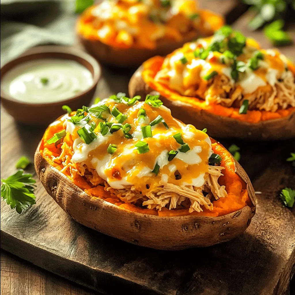 - 4 medium sweet potatoes - 2 cups cooked shredded chicken - ½ cup buffalo sauce - ½ cup cream cheese, softened - ½ cup shredded cheddar cheese - ¼ cup green onions, chopped - ¼ cup ranch dressing (optional) - Salt and pepper to taste - Fresh parsley for garnish Each ingredient plays a key role in flavor. You can swap the chicken for turkey if you want. If you don’t have buffalo sauce, hot sauce works too. For a creamy kick, try using Greek yogurt in place of cream cheese. You can also use vegan cheese or a dairy-free cream for a vegan option. Garnishing your dish adds a nice touch. Use chopped green onions for crunch and color. A drizzle of ranch dressing brings an extra layer of flavor. Fresh parsley not only brightens the dish but also adds freshness. You can even sprinkle crushed red pepper for more heat. This combination of ingredients makes Buffalo Chicken Stuffed Sweet Potatoes a fun meal to share. They are colorful and packed with flavor, making them a hit for any gathering. Start by preheating your oven to 400°F (200°C). Wash the sweet potatoes well. Use a fork to poke several holes in each potato. This step is key, as it helps steam escape while they bake. Place the sweet potatoes on a baking sheet. Bake them for 45 to 60 minutes. They should feel soft and tender when pierced with a fork. While the sweet potatoes bake, it’s time to make the filling. In a bowl, mix 2 cups of cooked, shredded chicken with ½ cup of buffalo sauce. You can adjust the sauce to your taste. If you want more kick, add more sauce. Next, stir in ½ cup of softened cream cheese. Mix this well until it’s smooth. Don’t forget to season with salt and pepper to taste. Once the sweet potatoes have baked, let them cool for a few minutes. Cut each potato in half lengthwise. Scoop out a bit of the flesh to make space for the filling. Now, fill each half with the buffalo chicken mixture. Press it down gently to pack it in. Sprinkle ½ cup of shredded cheddar cheese on top. Return the stuffed potatoes to the oven for another 10 to 15 minutes. The cheese should be melted and bubbly when they are ready. Once done, remove them from the oven. Top with chopped green onions and, if you like, drizzle ranch dressing over the top. Garnish with fresh parsley for a nice touch. Enjoy your flavorful creation! When picking sweet potatoes, look for medium-sized ones. They should feel firm and have smooth skin. Bumps or soft spots mean they are old. I prefer orange-fleshed sweet potatoes for their sweetness. They balance well with the spicy chicken mix. To control the heat, start with less buffalo sauce. Add a little at a time until you find your sweet spot. If it's too spicy, mix in more cream cheese. This will cool down the heat and add creaminess. You can also try different buffalo sauce brands for varying levels of spice. For the best cheese melt, use freshly shredded cheddar. Pre-shredded cheese often has additives that prevent melting well. When you sprinkle it on the stuffed potatoes, make sure to cover them evenly. This helps the cheese melt uniformly. Bake until bubbly, but keep an eye on it to prevent burning. {{image_2}} You can swap the chicken for other proteins. Try shredded turkey or beef. You can also use canned tuna for a lighter option. Each protein adds a unique taste to the dish. Adjust the buffalo sauce to match the protein's flavor. More sauce can enhance the taste further. For a vegetarian option, use lentils or chickpeas. These beans pack protein and fiber. Mix them with buffalo sauce for flavor. If you want a vegan dish, replace cream cheese with a plant-based cream. Use vegan cheese instead of cheddar. These swaps keep the dish creamy and tasty. Boost the flavor with fun toppings. Add jalapeños for heat or bell peppers for crunch. You can also mix in some celery for freshness. If you like it creamy, add more ranch dressing on top. Fresh herbs like cilantro or chives can add a bright touch. Each choice makes the dish unique and fun. To store your Buffalo Chicken Stuffed Sweet Potatoes, first, let them cool. Then place them in an airtight container. Make sure to separate each potato with parchment paper. This helps to avoid sogginess. You can keep them in the fridge for up to three days. To reheat, preheat your oven to 350°F (175°C). Place the stuffed sweet potatoes on a baking sheet. Cover them with aluminum foil to keep them moist. Heat for about 20 minutes, or until warmed through. You can also use a microwave for quick reheating. Just place one potato on a plate and heat for about 2-3 minutes. If you want to freeze your stuffed sweet potatoes, do this before baking them. After filling the sweet potatoes, wrap each one tightly in plastic wrap. Then place them in a freezer-safe bag. They will last for up to three months. When ready to eat, thaw them in the fridge overnight. Bake them as instructed until heated through. Enjoy your meal prep! Yes, you can make these stuffed sweet potatoes ahead of time. Prepare the sweet potatoes and filling separately. Store them in the fridge for up to two days. When you want to eat, just assemble and bake. This saves time and makes meal prep easy. These stuffed sweet potatoes are great on their own. Still, you can add sides for balance. Consider serving a fresh salad or some crunchy veggies. A bowl of mixed greens or coleslaw works well. You could also serve extra ranch dressing for dipping. To adjust the heat, simply change the amount of buffalo sauce. For a spicier dish, add more sauce or choose a hotter variety. If you want it milder, use less sauce or mix in some cream cheese. You can also add a bit of honey to tame the spice. You now have all you need to make Buffalo Chicken Stuffed Sweet Potatoes. We covered the required ingredients, step-by-step instructions, and helpful tips. You learned about delicious variations, storage methods, and answers to common questions. Enjoy this tasty dish, whether you like it spicy or mild. You can mix it up with your favorite toppings, too. I hope you find joy in making and eating this meal!