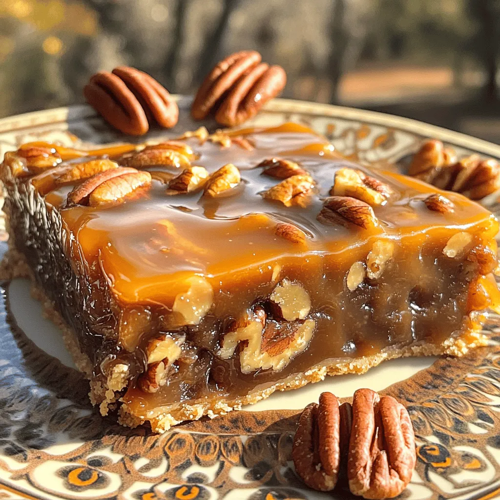 To make caramel pecan pie bars, you will need: - 1 cup all-purpose flour - ½ cup unsalted butter, softened - ¼ cup granulated sugar - ¼ teaspoon salt - ½ cup brown sugar, packed - ⅓ cup light corn syrup - 1 large egg - 1 teaspoon vanilla extract - 1 cup pecans, roughly chopped - ¼ teaspoon ground cinnamon Each ingredient plays a key role in your bars. If you run out of all-purpose flour, you can use a gluten-free flour blend. Unsalted butter is best for control over salt. You can swap brown sugar for coconut sugar for a lighter taste. Light corn syrup can be replaced with maple syrup if desired. Just keep in mind that the flavor may slightly change. Using fresh ingredients always makes a big difference. Fresh pecans give more flavor and crunch. Check your baking supplies for freshness, especially the baking powder. If you have old ingredients, it can affect the taste and texture of your bars. Always go for the freshest options you can find for the best results. Start by preheating your oven to 350°F (175°C). Grease an 8x8-inch baking pan or line it with parchment paper. This helps with easy removal later. In a medium bowl, mix 1 cup of all-purpose flour, ½ cup of softened unsalted butter, and ¼ cup of granulated sugar with ¼ teaspoon of salt. Blend until the mixture looks crumbly. Press this dough into the bottom of your prepared pan. Bake it for about 15 minutes, or until it turns lightly golden. While the crust bakes, prepare the filling. In a bowl, whisk together ½ cup of packed brown sugar, ⅓ cup of light corn syrup, 1 large egg, and 1 teaspoon of vanilla extract. Mix until smooth. Then, stir in 1 cup of roughly chopped pecans and ¼ teaspoon of ground cinnamon. Make sure the pecans are well coated. Once your crust is golden, take it out of the oven. Pour the pecan filling over the hot crust, spreading it evenly. Bake the entire dish for 25-30 minutes, or until the filling is set and slightly bubbly. Let the bars cool completely in the pan on a wire rack. Once cool, cut them into squares or bars. Enjoy your sweet, nutty treat! To get a great crust, start with soft butter. It helps mix in better. Aim for a crumbly dough that sticks together. Press it firmly in the pan. This keeps the crust from falling apart. Bake it just until golden. This step gives it a nice crunch. For the filling, whisk the sugars and corn syrup well. This helps blend the sweet flavors. Add the egg and vanilla for richness. Stir in the pecans last. Make sure they are well coated. The cinnamon adds a warm note. Let the filling bubble just a bit while baking. This means it’s ready. Serve the bars on a pretty plate. Drizzle some extra caramel sauce on top. It looks fancy and tastes great. Add whole pecans on the sides for fun. This makes each bar pop with color. Always cut the bars after they cool. This keeps them neat and easy to serve. {{image_2}} If you want to make these bars without nuts, it's easy! You can replace the pecans with seeds. Sunflower seeds or pumpkin seeds work well. They add crunch and flavor without nuts. Just use the same amount of seeds as you would pecans. You can also add some chocolate chips for extra sweetness. You can add a twist to the flavor of your caramel pecan pie bars. Try mixing in some chocolate chips for a rich taste. Dark chocolate pairs nicely with the caramel. You can also add a touch of sea salt on top before baking. This will balance the sweetness and enhance the flavor. For a hint of spice, add a pinch of nutmeg or ginger to the filling. To make these bars gluten-free, swap the all-purpose flour for a gluten-free blend. Many blends work well in baking. Just check that the blend has a good balance of starches and flours. You can also use almond flour for a nutty flavor. Adjust the amount of butter if needed, as almond flour can be more moist. Store any leftover caramel pecan pie bars in an airtight container. Keep them in the fridge for up to one week. This keeps them fresh and tasty. If you want to enjoy them longer, freezing is a great option. To freeze the bars, first let them cool completely. Cut them into squares or bars. Wrap each one in plastic wrap or foil. Then, place them in a freezer-safe bag. These can stay frozen for up to three months. When you are ready to eat, thaw them in the fridge overnight. To reheat, take the bars out of the fridge. Place them in a microwave-safe dish. Heat them for about 10 to 15 seconds. This warms them up without making them soggy. You can also warm them in the oven. Set it to 350°F (175°C) and heat for about 5 minutes. Enjoy your delicious treat! Yes, you can use different nuts. Walnuts or almonds work great too. They add a nice crunch. Just chop them roughly like the pecans. Adjust the baking time if needed, but the bars will still be delicious. The bars are done when the filling is set and slightly bubbly. You can check by gently shaking the pan. If the center jiggles, bake a little longer. A golden top also shows they are ready. Absolutely! These bars taste great when made a day ahead. Just cool them completely and store them in an airtight container. They will stay fresh for up to four days. You can enjoy them anytime. To cut the bars, use a sharp knife. First, let them cool completely. If you lined the pan with parchment, lift the bars out. This makes cutting easier. Clean the knife between cuts for neat squares. You can use honey or maple syrup as a substitute. Both options add a nice flavor. However, they may change the texture a bit. Use the same amount as the corn syrup in the recipe. You now have all the details to make delicious caramel pecan pie bars. We covered the best ingredients, how to prepare them, and even tips for getting the most from your bake. Remember, using fresh ingredients makes a big difference. Don’t forget to explore variations to suit your taste. Store any leftovers properly to enjoy later. With these steps, you can impress everyone with your sweet treat. Enjoy baking and sharing your caramel pecan pie bars with family and friends!