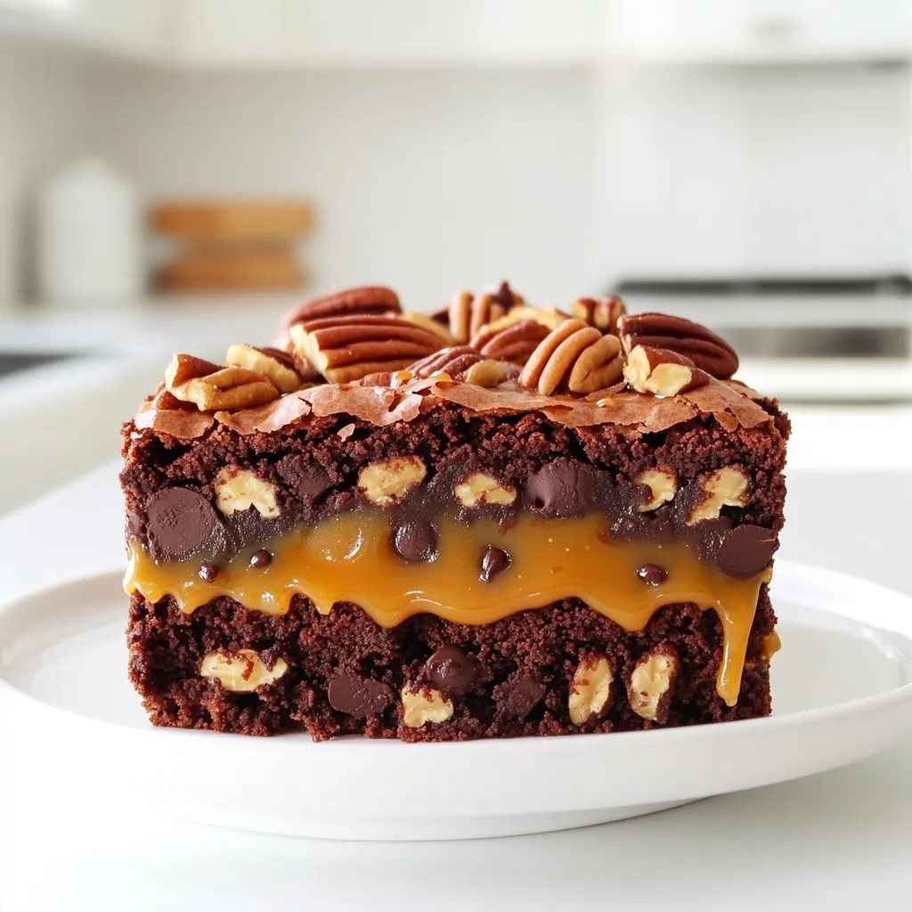 - 1 cup unsalted butter (2 sticks) - 1 ½ cups granulated sugar - 1 cup packed brown sugar - 4 large eggs - 1 teaspoon vanilla extract - 1 ¼ cups all-purpose flour - ½ cup unsweetened cocoa powder - 1 teaspoon baking powder - ½ teaspoon salt To make Turtle Brownies with Caramel Pecan, you need rich, flavorful ingredients. The butter gives the brownies a soft texture. Both granulated and brown sugars add sweetness and depth. Eggs are vital for binding everything together. Vanilla extract brings a lovely aroma. The dry ingredients include flour for structure, cocoa powder for chocolate flavor, baking powder for lift, and salt to enhance taste. - 1 cup semi-sweet chocolate chips - 1 cup pecans, chopped (plus extra for topping) - 1 cup caramel sauce (store-bought or homemade) These toppings make your brownies shine. Semi-sweet chocolate chips add gooeyness. Chopped pecans give a nice crunch and nutty flavor. Caramel sauce is the star, providing that sweet, sticky goodness. You can use store-bought caramel or try making your own. Both options work great! - Extra chopped pecans for topping - Additional caramel drizzle For an extra touch, you can add more chopped pecans on top. A drizzle of caramel makes them look fancy and taste even better. These garnishes turn a simple dessert into a showstopper. Everyone will love how they look and taste! Preheat your oven to 350°F (175°C). Grease a 9x13 inch pan with butter. Line it with parchment paper, leaving some paper hanging over the sides. This makes it easy to lift the brownies out later. In a medium saucepan, melt the butter over low heat. Stir the granulated sugar and brown sugar into the melted butter until smooth. This mixture should feel creamy and rich. Let the butter-sugar mix cool for a bit. Now, whisk in four eggs, one at a time. Make sure each egg mixes in well before adding the next. Then, mix in one teaspoon of vanilla extract. In a separate bowl, combine 1 ¼ cups of flour, ½ cup of cocoa powder, 1 teaspoon of baking powder, and ½ teaspoon of salt. Sift these dry ingredients together to remove lumps. Gradually fold the dry mix into the wet mixture using a spatula. Stop mixing when you see no more dry flour. Gently fold in 1 cup of semi-sweet chocolate chips and 1 cup of chopped pecans. Save a few pecans for later to sprinkle on top. Pour half of the brownie batter into your prepared pan. Use a spatula to spread it evenly. Drizzle half of the caramel sauce over this batter layer. Now, add the rest of the brownie batter on top of the caramel. Spread it out evenly. Drizzle the remaining caramel sauce on top and sprinkle with the reserved pecans. Bake your brownies in the preheated oven for 25-30 minutes. To check if they're done, insert a toothpick into the center. It should come out with a few moist crumbs, but not wet batter. Once baked, take the brownies out of the oven. Let them cool in the pan for 15 minutes. Use the parchment paper to lift them out. Place them on a wire rack to cool completely. After cooling, cut the brownies into squares. You can drizzle more caramel on top if you like. Enjoy your Turtle Brownies with Caramel Pecan! - Measure your ingredients carefully. This step ensures the best brownie texture. - Use a kitchen scale for precise measurements. Even slight changes can affect outcomes. - Mix your batter just until combined. Overmixing can lead to tough brownies. - Check your oven temperature. An oven thermometer helps ensure accurate baking. - Store-bought caramel is quick and easy. Homemade caramel offers richer flavor but takes time. - To drizzle caramel, use a squeeze bottle for control. This helps you create pretty patterns. - Warm the caramel slightly for easier drizzling. It flows better when slightly heated. - Toasting pecans boosts their flavor. Spread them on a baking sheet and bake until fragrant. - Use fresh pecans for the best taste. Look for pecans that are plump and have no dark spots. {{image_2}} You can change the flavor of your turtle brownies to fit your taste. Try using different types of chocolate. Milk chocolate adds a sweet touch, while dark chocolate gives a rich flavor. White chocolate can add a creamy twist. Adding other nuts is also fun. Walnuts or almonds work great in place of pecans. You can even mix in some shredded coconut for a tropical vibe. Get creative with toppings, like mini marshmallows or a sprinkle of sea salt. Each choice brings a new twist to this classic treat. If you want a gluten-free version, switch out the all-purpose flour for gluten-free flour. Many brands work well and keep the brownie texture nice. Just be sure to check the package for the best results. You can also make other small changes for different diets. For a dairy-free version, try using coconut oil instead of butter. You can also use flax eggs instead of regular eggs for a vegan option. These swaps help everyone enjoy this treat. To make mini brownie bites, use a mini muffin tin instead of a large pan. Spoon the brownie batter into each cup, filling them about two-thirds full. This size is perfect for parties or snacks. Adjust the baking time to about 15-20 minutes. Keep an eye on them, as they bake faster. Check for doneness by inserting a toothpick in the center. If it comes out clean or with a few crumbs, they are ready! These mini bites make sharing easy and fun. To keep your turtle brownies fresh, store them at room temperature. Use an airtight container to keep air out. Place a piece of parchment paper between layers if stacking. This helps avoid sticking. Best practices for maintaining freshness: - Make sure the brownies are completely cool before storing. - Keep them in a cool, dry place away from sunlight. - If you want extra moisture, place a slice of bread in the container. The brownies will absorb the moisture from the bread. Freezing brownies is a great way to keep them for longer. Cut the cooled brownies into squares. Wrap each square tightly in plastic wrap. After that, place them in a freezer bag. Be sure to remove as much air as possible. Thawing and reheating instructions: - To thaw, take the brownies out of the freezer and place them in the fridge overnight. - For a quick warm-up, microwave a square for about 10-15 seconds. This makes them soft and gooey again. Turtle brownies can last up to one week at room temperature. In the fridge, they can last for two weeks. If frozen, they can stay fresh for up to three months. Signs that brownies have gone bad: - Look for any mold or strange smells. - If the brownies feel hard and dry, they may not taste good anymore. - A change in color can also be a sign that they are past their prime. Can I substitute butter with oil? Yes, you can use oil instead of butter. Use a light oil like canola or vegetable oil. Use about ¾ cup of oil for each cup of butter. This will keep the brownies moist. What can I use instead of eggs for a vegan option? For a vegan option, try using flax eggs. Mix 1 tablespoon of ground flaxseed with 2.5 tablespoons of water. Let it sit for a few minutes until it thickens. You can also use unsweetened applesauce—¼ cup per egg. How do I make homemade caramel sauce? To make homemade caramel sauce, start with 1 cup of sugar. Heat it in a pan over medium heat. Stir until it melts and turns golden brown. Remove from heat, then slowly whisk in ½ cup of heavy cream. Add a pinch of salt for extra flavor. Can I use salted caramel for this recipe? Yes, salted caramel works well in these brownies. It adds a nice contrast to the sweet chocolate and pecans. Just be careful not to add too much salt elsewhere in the recipe. What can I use instead of pecans? If you need a substitute for pecans, walnuts are a great choice. You can also use sunflower seeds or pumpkin seeds for a nut-free option. They add crunch without the nuts. Are there nut-free variations available? Yes, you can make nut-free turtle brownies. Simply leave out the pecans and use seeds instead. You can also add extra chocolate chips or colorful sprinkles for fun. We covered all you need to make delicious turtle brownies. You start with unsalted butter, sugar, and eggs, then mix in dry ingredients and chocolate. Don't forget to layer in caramel and pecans! Use my tips for baking, caramel, and nut options to perfect your brownies. Experiment with flavors, and remember, the right storage keeps them fresh. Enjoy your delicious treats, and share them with friends and family!