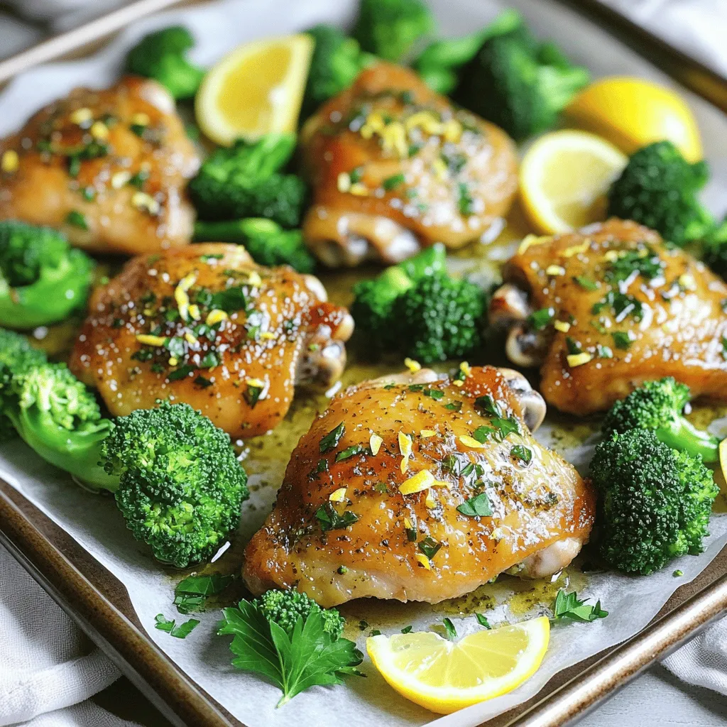- 4 boneless, skinless chicken thighs - 2 cups fresh broccoli florets - 1 large lemon (zested and juiced) - 3 tablespoons olive oil - 2 teaspoons dried oregano - 1 teaspoon garlic powder - 1 teaspoon onion powder - Salt and pepper to taste - Fresh parsley, chopped (for garnish) - Parmesan cheese for topping - Additional vegetables like bell peppers or carrots I love how simple and fresh this dish is. The chicken thighs bring a nice, juicy flavor that pairs well with the bright lemon and herbs. The broccoli adds a nice crunch and healthy touch. Using olive oil in the marinade gives it richness. The lemon zest and juice brighten everything up. Oregano adds a warm, earthy flavor, while garlic powder and onion powder create a tasty base. You can switch things up by adding Parmesan cheese on top. It melts nicely and gives a nice salty kick. Feel free to toss in other veggies like bell peppers or carrots for more color and taste. This dish is all about making it your own! - Preheat your oven to 400°F (200°C). This helps cook the dish evenly. - Line a large sheet pan with parchment paper. This makes cleanup simple. - In a bowl, mix together the lemon zest, lemon juice, olive oil, oregano, garlic powder, onion powder, salt, and pepper. This will be your marinade. - Place the chicken thighs on one side of the sheet pan. Pour half of the marinade over them. Make sure each thigh is coated well. - On the other side of the sheet pan, add the broccoli florets. Drizzle the remaining marinade over them. Toss the broccoli to coat it fully. - Spread the chicken and broccoli out in a single layer. This helps them cook evenly. - Bake the dish in the preheated oven for 25-30 minutes. - The chicken is done when it reaches an internal temperature of 165°F (74°C). The broccoli should be tender and slightly crisp. - Once done, take the sheet pan out and let it rest for a few minutes. Garnish with fresh parsley before serving. Marinating the chicken is key for flavor. A good marinade makes your dish shine. Aim for at least 30 minutes. For a stronger taste, let it marinate longer. You can even marinate overnight for more depth. Adjust the salt and pepper to fit your taste. If you want it zestier, add more lemon juice. Remember, you control the flavor! To ensure the chicken is evenly coated, use your hands or a brush. This helps the flavors absorb well. Spread the chicken and broccoli out on the pan. This gives each piece room to cook. For broccoli, roast until it is bright green and tender. It should still have a slight crunch. Toss the florets in the marinade well for a full flavor. Pair this dish with a light salad or rice for a complete meal. Quinoa or couscous also works well. For a pretty presentation, serve it family-style on the sheet pan. You can garnish with extra lemon slices and parsley. This adds color and freshness. If you plate it, keep the chicken and broccoli together for a beautiful look. Enjoy! {{image_2}} If you want a change from chicken, try using tofu or shrimp. Tofu absorbs flavors well, making it a great choice for this dish. Shrimp cooks faster and adds a nice twist. For veggies, you can swap out broccoli for bell peppers, carrots, or green beans. Each vegetable brings a different taste and texture. You can mix and match to suit your preferences. To boost the flavor, you can add fresh herbs like thyme or rosemary. These herbs pair nicely with lemon. For a spicy kick, consider adding red pepper flakes or cayenne pepper. Adjust the amount based on your heat tolerance. You might also try adding a touch of honey or maple syrup for sweetness. This contrast can enhance the overall flavor profile. If you prefer stovetop cooking, heat a skillet over medium-high heat. Cook the marinated chicken until golden brown. Add the broccoli in the last few minutes to steam it. Grilling is another option. Marinate the chicken and grill it over medium heat. Toss the broccoli in a grill basket for even cooking. For a flavorful drizzle, make a lemon herb sauce. Combine olive oil, lemon juice, and fresh herbs in a bowl. Whisk until blended and drizzle over the dish before serving. To keep your Lemon Herb Chicken and Broccoli fresh, store leftovers in the fridge. Use an airtight container. This helps prevent moisture loss and keeps the chicken juicy. Make sure to eat the leftovers within three to four days. When reheating, keep the chicken and broccoli separate. Use a microwave for quick heating. Heat in short bursts. Check the chicken reaches at least 165°F for safety. For the broccoli, heat just until warm. This keeps it crisp and not soggy. Yes, you can freeze this dish! Let it cool before packing. Use freezer-safe bags or containers. Remove as much air as possible to avoid freezer burn. For defrosting, place it in the fridge overnight. You can also use the microwave for a quick thaw. What can I substitute for chicken thighs? You can use chicken drumsticks or chicken breasts. Drumsticks add a nice flavor. They are juicy and tender. Breasts are leaner and cook faster. Adjust your cooking time as needed. Can I use chicken breasts instead? Yes, chicken breasts work great too. They may dry out faster than thighs. To keep them moist, use a good marinade. Also, check the temperature early. Aim for 165°F to ensure they are safe to eat. How long can I marinate the chicken? You can marinate the chicken for 30 minutes to 2 hours. If you have more time, you can go overnight. The longer you marinate, the more flavor it gains. Just keep it in the fridge. Can I prepare this recipe ahead of time? Yes, you can prep it a day in advance. Marinate the chicken and chop the broccoli ahead of time. Store them in the fridge until you are ready to cook. Just remember to take them out before cooking to reach room temperature. Is this dish healthy? Nutritional highlights Yes, this dish is healthy. It has lean protein from chicken and fiber from broccoli. Olive oil adds good fats, while lemon gives vitamin C. This meal is low in carbs and full of flavor. Can this recipe fit into a special diet (e.g., keto, gluten-free)? Absolutely! This recipe is gluten-free. It is also low in carbs, fitting well into a keto diet. Just ensure to use low-carb vegetables if you add more. Enjoy it while staying on your diet! This blog post covered a tasty lemon herb chicken dish that is easy to make. I shared the main ingredients, step-by-step instructions, and tips for perfecting the meal. You can try different flavors or cooking methods to suit your taste. Storing leftovers is simple, and I provided methods for reheating and freezing. This dish is not only delightful but also healthy. Dive in and enjoy creating this flavorful meal that will impress everyone!