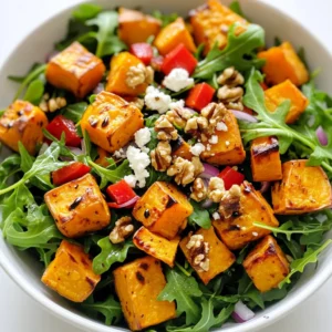 - 2 medium sweet potatoes, peeled and cubed - 4 cups fresh arugula - 1 red bell pepper, diced - 1/2 cup red onion, thinly sliced - 1/4 cup feta cheese, crumbled - 1/4 cup walnuts, roughly chopped - 2 tablespoons olive oil - 1 teaspoon ground cumin - 1 teaspoon smoked paprika - 1 tablespoon balsamic vinegar - Salt and pepper to taste This salad starts with sweet potatoes. They bring a warm, sweet flavor. I use two medium ones. Make sure to peel and cube them. Next comes fresh arugula, which adds a nice peppery taste. Four cups of arugula make a great base. Add color with a red bell pepper. Dice one red bell pepper to mix in. For crunch and flavor, use half a cup of red onion. Slice it thin for a milder taste. Feta cheese makes the salad creamy. Crumble a quarter cup and sprinkle it on top. Walnuts add texture and a nutty flavor. Roughly chop a quarter cup of walnuts to mix in. For the dressing, olive oil is key. Use two tablespoons to coat the sweet potatoes. Ground cumin and smoked paprika give warmth and depth. One teaspoon of each will do. Finish with a tablespoon of balsamic vinegar. It adds a tangy touch. Don't forget salt and pepper. They enhance all the flavors! 1. Preheating the oven First, set your oven to 425°F (220°C). This high heat helps the sweet potatoes get nice and caramelized. 2. Tossing sweet potatoes with seasoning In a large bowl, take 2 medium sweet potatoes, peeled and cubed. Add 2 tablespoons of olive oil. Sprinkle in 1 teaspoon of ground cumin, 1 teaspoon of smoked paprika, and a pinch of salt and pepper. Mix well until all sweet potato pieces are coated. 3. Roasting sweet potatoes Spread the seasoned sweet potatoes on a baking sheet lined with parchment paper. Roast them in the oven for 25 to 30 minutes. Stir halfway through to ensure even cooking. They should be tender and lightly caramelized when done. 1. Preparing the salad base While the sweet potatoes roast, grab a large salad bowl. Add 4 cups of fresh arugula, 1 diced red bell pepper, and 1/2 cup of thinly sliced red onion. Toss these together to mix well. 2. Combining roasted sweet potatoes Once the sweet potatoes cool for a few minutes, add them to your salad bowl. Gently toss the salad to combine the warm sweet potatoes with the fresh greens and veggies. 1. Adding dressing and toppings Drizzle 1 tablespoon of balsamic vinegar over the salad. Toss everything again to coat. Top your salad with 1/4 cup of crumbled feta cheese and 1/4 cup of roughly chopped walnuts. 2. Serving suggestions Serve your salad right away for a warm dish. You can also let it sit for a few minutes. This helps the flavors meld together, making each bite even more delightful. Enjoy! To get the best caramelization, cut the sweet potatoes into even cubes. This helps them cook uniformly. Toss the cubes well in olive oil, cumin, smoked paprika, salt, and pepper. These spices add a warm, rich flavor. Roast them at 425°F for 25 to 30 minutes. Stir halfway through to ensure even browning. You want them tender with a golden color. For a dynamic flavor boost, consider adding garlic powder or a sprinkle of cayenne pepper for heat. Serve this salad fresh for the best taste. Mix the arugula, red bell pepper, and red onion in a large bowl. Once the sweet potatoes cool a bit, add them to the salad. Drizzle balsamic vinegar over the top and toss gently. This salad pairs nicely with grilled chicken or fish. It is also great with a slice of crusty bread. Feel free to customize your salad! You can add roasted chickpeas for extra protein. If you're not a fan of feta, try goat cheese or leave it out. For nuts, you can use almonds or pecans. If you need a vegan option, skip the cheese and use a vegan dressing. This salad is also gluten-free, making it a great choice for many diets. {{image_2}} You can change up the greens in this salad. If you want a peppery kick, use kale. You can also try spinach for a milder taste. Both add great nutrients. Seasonal vegetables bring life to your salad. In winter, add roasted Brussels sprouts or beets. In summer, fresh corn or cherry tomatoes work well. Adjusting these ingredients keeps the dish fresh and exciting. Changing the cheese can enhance the flavor. Try goat cheese for a tangy bite. Or use sharp cheddar for a richer taste. Each cheese gives a new twist to the salad. You can also swap nuts. Almonds add a crunch, while pecans give a sweet flavor. Each nut will create a unique texture and taste. This is a fun way to customize your salad. You can make your own dressing or buy one. A homemade balsamic vinaigrette with garlic and mustard can add depth. Store-bought dressings are quick and easy, too. Just check the label for quality. Other dressing ideas include tahini or a yogurt-based dressing. Both can add creaminess and flavor. Experiment to find what you like best. To keep your roasted sweet potato salad fresh, use airtight containers. These help lock in moisture and prevent spills. Store the salad in the fridge right away. It’s best to separate the roasted sweet potatoes from the arugula. This way, the greens stay crisp. When it’s time to eat leftovers, you can reheat the sweet potatoes. Place them on a plate and microwave for 30 seconds. Stir and heat for another 30 seconds if needed. You can also serve the salad cold. It tastes great both ways! Your salad will stay fresh for about three days in the fridge. Check for any changes in smell or color. If it seems off, it’s best to toss it out. Always trust your senses when checking for spoilage. Yes, you can. If you want to swap sweet potatoes, try using regular potatoes or butternut squash. Each has its own flavor. Keep in mind, cooking times may change. Regular potatoes usually take a bit longer to cook. Aim for a golden brown color for the best taste. Absolutely! This salad is gluten-free. All the ingredients are safe for a gluten-free diet. Always check labels if you use packaged ingredients. You can make this salad vegan easily. Simply replace feta cheese with a vegan cheese option. Look for brands that offer dairy-free feta. You can also skip the cheese if you prefer. The salad still tastes great without it. This blog post covered a tasty roasted sweet potato salad. You learned about the key ingredients, like sweet potatoes and arugula. I shared step-by-step instructions to roast sweet potatoes and build a salad. You also found tips for perfecting flavors and ideas for customizing your dish. In closing, enjoy experimenting with flavors and ingredients. This salad is easy and fun to make, and it offers many ways to suit your taste.