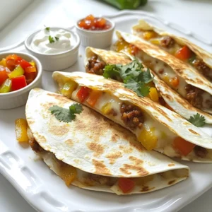 - 8 oz chorizo sausage, casing removed and crumbled - 1 small onion, finely chopped - 1 bell pepper (red or green), diced - 2 cloves garlic, minced - 1 teaspoon smoked paprika - 1 teaspoon cumin - ½ teaspoon cayenne pepper (adjust for spice preference) - 8 (8-inch) flour tortillas - 2 cups shredded Monterey Jack cheese - 1 cup shredded cheddar cheese - 1 tablespoon olive oil - Fresh cilantro, chopped (for garnish) - Sour cream, for serving - Salsa, for serving If you want to switch things up, here are some ideas: - Use turkey or chicken chorizo for a lighter option. - Swap flour tortillas for corn tortillas for a gluten-free version. - Try different cheeses like pepper jack for extra spice. - Add black beans or corn for extra flavor and texture. - Use green onions instead of regular onion for a milder taste. These ingredients come together to create a delicious, spicy delight in every bite. Customize them to your taste and enjoy cooking! First, heat a large skillet over medium heat. Add 8 oz of crumbled chorizo. Cook it until browned, about 5 to 7 minutes. Use a spatula to break it into smaller pieces. Once the chorizo is cooked, add 1 small finely chopped onion and 1 diced bell pepper. Sauté the mixture for about 3 to 4 minutes. This will soften the veggies. Next, stir in 2 minced garlic cloves, 1 teaspoon of smoked paprika, 1 teaspoon of cumin, and ½ teaspoon of cayenne pepper. Cook this for another 1 to 2 minutes. You want the spices to become fragrant. After this, remove the skillet from the heat. Now, take another large skillet and add 1 tablespoon of olive oil. Heat it over medium-low. Place an 8-inch tortilla in the skillet. Sprinkle a generous amount of Monterey Jack and cheddar cheese over half of the tortilla. Spoon the chorizo and veggie mixture on top of the cheese. Add more cheese on top to help seal the quesadilla. Now, fold the other half of the tortilla over to make a half-moon shape. Cook the quesadilla for about 3 to 4 minutes until the bottom is golden brown and crispy. Carefully flip the quesadilla and cook for another 3 to 4 minutes on the other side. Remove it from the skillet and let it sit for a minute. Then slice it into wedges. Repeat this with the other tortillas and filling. Serve hot, garnished with fresh cilantro. Don’t forget sour cream and salsa for dipping! To get that perfect crunch, use a hot skillet. Heat it on medium-low before adding oil. When the oil shimmers, place your quesadilla in the pan. Cook it until golden brown, then flip it carefully. The key is to not rush. Let it cook slowly for a crisp finish. A good quesadilla should crunch when you bite into it. If you like it hot, add more cayenne pepper. Start with half a teaspoon and taste. You can always add more if needed. If you prefer it milder, skip the cayenne. The chorizo already has a nice kick. You can also use sweet paprika instead of smoked paprika for a different flavor. Make your quesadillas look great to serve. Slice them into wedges and arrange them on a big plate. Sprinkle fresh cilantro on top for color. Serve sour cream and salsa in small bowls beside the quesadillas. This makes it fun and inviting for everyone at the table. A beautiful plate makes the meal even better! {{image_2}} You can create a tasty vegetarian version of chorizo quesadillas. Replace chorizo with plant-based sausage or mushrooms. These options give a great flavor and texture. You can also add black beans or lentils for protein. Use the same spices for that warm kick. Your friends will love them, even if they eat meat! Cheese is a big part of quesadillas. Monterey Jack and cheddar are classic choices. But you can mix it up! Try pepper jack for extra heat. Or use mozzarella for a stringy, gooey texture. For a unique twist, add crumbled feta or goat cheese. Each cheese brings its own flavor to the dish. Spice is key in quesadillas, but you can change it up. If you want less heat, reduce the cayenne pepper. Try adding taco seasoning for a zesty taste. Chipotle powder gives a smoky flavor. Don't forget fresh herbs like cilantro or oregano for a fresh kick. Experiment to find your perfect blend! To store leftover quesadillas, place them in an airtight container. Make sure they cool down first. This method helps keep them fresh for up to three days. You can also wrap them tightly in plastic wrap for extra protection. Use wax paper between layers to prevent sticking. When you want to eat leftover quesadillas, use a skillet for the best results. Heat it over medium-low heat. Cook the quesadilla for about three minutes on each side. This method helps keep the quesadilla crispy. You can also use a microwave, but the texture won’t be as good. If you microwave, place a damp paper towel over it to keep it moist. If you want to save quesadillas for later, freezing is a great option. First, let them cool completely. Wrap each quesadilla in plastic wrap, then place them in a freezer bag. This way, they can last for up to three months. When you are ready to eat, thaw in the fridge overnight. Reheat in a skillet for a great taste! The best type of chorizo is fresh, uncooked chorizo. This type has bold flavors and a juicy texture. Look for chorizo that is free of fillers and made with good spices. You can also find Spanish chorizo, which is cured and ready to eat. However, it will not give the same juicy filling in your quesadilla. Always pick chorizo that feels firm and smells spicy. Yes, you can make Spicy Chorizo Quesadillas ahead of time. Prepare the filling and let it cool. Store it in the fridge for up to three days. When you are ready to eat, assemble and cook the quesadillas. You can also cook them fully and keep them warm in the oven until serving. You can serve Spicy Chorizo Quesadillas with a variety of sides. Here are some great options: - Sour cream - Salsa - Guacamole - A fresh salad - Mexican rice - Refried beans These sides add flavor and variety to your meal. Enjoy your quesadillas with a squeeze of lime for an extra zing! In this post, we explored how to make spicy chorizo quesadillas. We went through the best ingredients, step-by-step cooking methods, and tips for the perfect crunch. I also shared ways to customize your quesadillas and store any leftovers for later enjoyment. In the end, making these quesadillas is fun and easy. You can adjust flavors to match your taste. Enjoy your cooking and the tasty results!