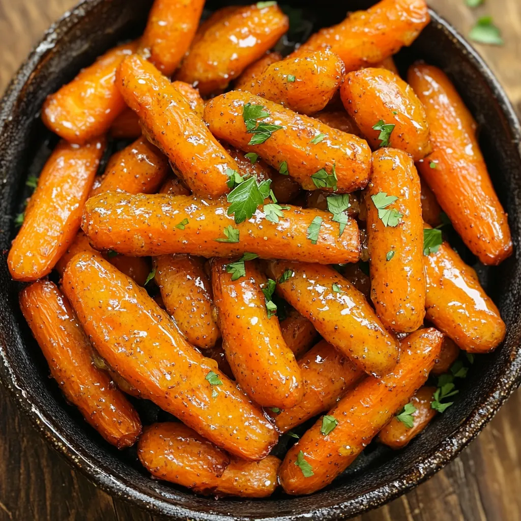 To make Air Fryer Honey Mustard Carrots, you need fresh and simple ingredients. Here’s what you will need: - 1 lb baby carrots (or regular carrots cut into sticks) - 2 tablespoons honey - 1 tablespoon Dijon mustard - 1 tablespoon olive oil - 1 teaspoon garlic powder - Salt and pepper to taste - Fresh parsley, chopped (for garnish) These items come together to create a sweet and tangy treat. The honey adds a nice sweetness, while the Dijon mustard gives it a delicious kick. Garlic powder enhances the flavor. When you add salt and pepper, they balance everything out. Fresh parsley on top makes the dish look nice and adds a little freshness. Using baby carrots is great because they are tender and cook quickly. If you use regular carrots, just cut them into sticks. This way, they will cook evenly and still taste sweet. To start, you need to mix the marinade. In a bowl, combine 2 tablespoons of honey and 1 tablespoon of Dijon mustard. Whisk them together until they blend well. Next, add in 1 tablespoon of olive oil, 1 teaspoon of garlic powder, and a pinch of salt and pepper. Mix it all again until smooth. This marinade brings a sweet and tangy flavor to the carrots. Now, it’s time to coat the carrots. Take 1 pound of baby carrots and add them to the bowl with your marinade. Toss the carrots gently. Make sure each carrot gets covered in the mixture. This step is key for great taste. Before you cook, preheat your air fryer to 375°F (190°C). This helps the carrots cook evenly. Once it’s hot, add the coated carrots to the basket. Spread them out in a single layer. Cook for about 15 to 18 minutes. Halfway through, shake the basket to ensure even cooking. When done, check if the carrots are tender and caramelized. They should look golden and delicious. Remove them from the fryer and place them on a serving dish. Enjoy your tasty, honey mustard carrots! For the best texture, coat each carrot well. Mix honey, mustard, and oil evenly. Toss the carrots until they are fully covered. This step is key to great flavor and texture. If you use larger carrots, cut them into sticks. Adjust the cooking time by a few minutes if needed. Thicker pieces take longer to cook. You can add more flavor to your honey mustard carrots. Consider adding fresh herbs like thyme or rosemary. A pinch of paprika can also give a nice kick. You might try a splash of lemon juice for extra zest. These small changes can make a big difference. These carrots pair well with many main dishes. Try them with grilled chicken or fish. They also go great with roasted pork. For garnish, sprinkle fresh parsley on top. A dash of sesame seeds can add a nice touch too. These ideas will make your dish shine on the table. {{image_2}} You can make this dish even more fun by adding other veggies. Bell peppers and zucchini work well. They add color and taste. Just cut them into similar sizes as the carrots. This way, they cook evenly. You can toss these veggies in the same honey mustard mix. The air fryer will give them a nice crisp, too! If you want to change the sweet taste, try other sweeteners. Maple syrup is a great option. It gives a different flavor while still being sweet. Agave is another choice. It has a mild taste and works well in this recipe. Both options can replace honey in equal amounts. You’ll still get that sticky, sweet finish. Switching up the mustard can make a big difference. Spicy brown mustard adds heat. Yellow mustard gives a milder flavor. You can also experiment with spices. Try adding a pinch of cayenne for heat or smoked paprika for depth. Each change will give your carrots a new twist. Feel free to get creative! To keep your honey mustard carrots fresh, use an airtight container. Glass containers work best, but plastic ones are fine too. Store them in the fridge for up to three days. Make sure they cool down first. This prevents steam from building up. For the best results, reheat your carrots in the air fryer. Set the temperature to 350°F (175°C) and heat for about 5-7 minutes. This will keep them crispy. You can also use a microwave. Heat them in short bursts to avoid sogginess. You can freeze honey mustard carrots, but they may lose some texture. First, let them cool completely. Place them in a freezer-safe bag. Remove as much air as possible. They will last for about three months. To thaw, place them in the fridge overnight before reheating. Yes, you can use regular carrots. Just cut them into sticks. Aim for similar sizes as baby carrots. This helps them cook evenly in the air fryer. It’s a great way to use what you have at home. To add spice, mix in some red pepper flakes. You can also use a spicy mustard. Just a little will go a long way. Taste as you go to find your perfect heat level. Air fryers cook food with less oil. This means fewer calories and less fat. They also keep the food crisp and tender. Using an air fryer can help you enjoy your meals guilt-free while keeping flavors intact. Plus, they cook food faster than traditional methods. This blog post provided a clear guide to making delicious honey mustard carrots. We covered the ingredients, step-by-step instructions, and tips for great results. You can customize the flavors and even add other veggies. Storing and reheating leftovers is easy too. Enjoy this tasty dish as a side for any meal. Don’t be afraid to try new ingredients or adjust the recipe to fit your taste. Happy cooking!