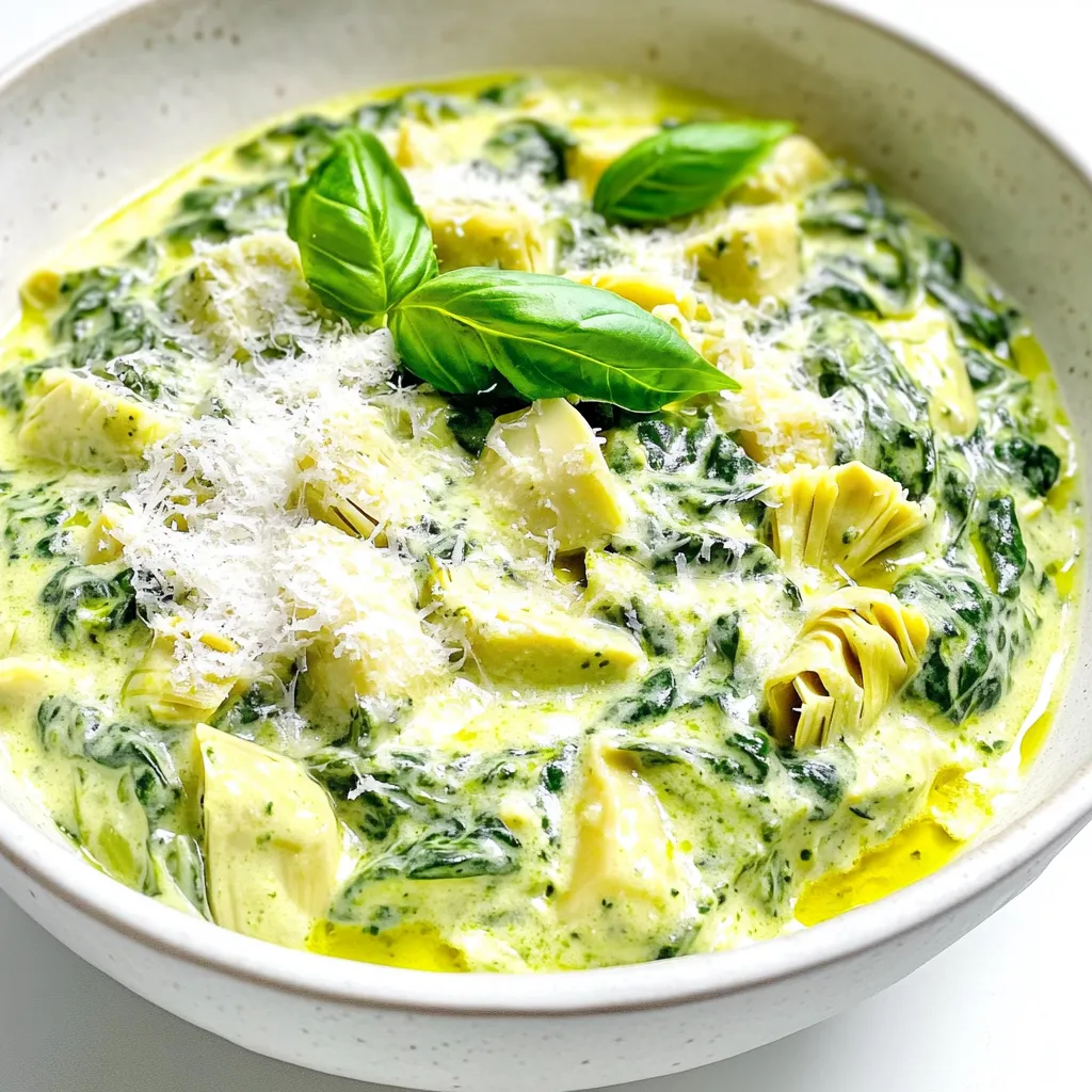 - 12 oz pasta (penne or fettuccine work great) - 1 cup fresh spinach, chopped - 1 cup canned artichoke hearts, drained and chopped For this creamy spinach artichoke pasta, the type of pasta matters. I love using penne or fettuccine. Both hold the sauce well. Penne gives a nice bite, while fettuccine offers a silky texture. Fresh spinach adds a bright color and taste. It wilts down nicely, letting you enjoy its flavor. Artichoke hearts bring a unique tang and a bit of texture. Make sure to chop them well for even mixing. - 1 cup cream cheese, softened - 1 cup grated Parmesan cheese Cream cheese is key for that rich creaminess in this dish. It melts beautifully and adds a smooth texture. I recommend softening it first, so it blends easier. Parmesan cheese gives the pasta a salty, nutty flavor. Use fresh grated Parmesan if you can. It makes a big difference in taste. - 2 cloves garlic, minced - 1 teaspoon onion powder - 1 teaspoon garlic powder - Salt and pepper to taste Garlic is a must for this recipe. It adds depth and a lovely aroma. I use both fresh minced garlic and garlic powder for extra flavor. Onion powder enhances the taste without overpowering it. Season with salt and pepper to your liking. This keeps everything balanced and tasty. To start, fill a large pot with water. Add a pinch of salt and bring it to a boil. Once the water is boiling, add 12 ounces of your pasta. Penne or fettuccine works well here. Cook the pasta according to the package directions until it is al dente. This means it should be firm to the bite but not hard. This usually takes about 8 to 10 minutes. After cooking, drain the pasta in a colander and set it aside. Next, we move to the spinach and sauce. In the same pot, pour in 2 tablespoons of olive oil. Heat it on medium. Add 2 cloves of minced garlic and sauté them for about 1 minute. You want the garlic to be fragrant but not browned. Now, toss in 1 cup of chopped fresh spinach. Stir it for 2 to 3 minutes until it wilts down. Once the spinach is ready, add 1 cup of chopped canned artichoke hearts. Mix them in well. Lower the heat and add 1 cup of softened cream cheese and 1 cup of vegetable broth. Also, sprinkle in 1 teaspoon of onion powder and 1 teaspoon of garlic powder. Stir this mixture continuously until the cream cheese melts and becomes creamy. Now it’s time to bring everything together. Add the drained pasta into the pot with your creamy sauce. Toss everything together well to coat the pasta evenly. If the sauce seems too thick, add a splash more of vegetable broth. This will help reach your desired texture. Finally, stir in 1 cup of grated Parmesan cheese. Mix it well until the cheese melts into the sauce. Season with salt and pepper to taste. Your creamy spinach artichoke pasta is now ready to serve! To make your creamy spinach artichoke pasta even richer, try different cheese options. You can use a mix of cream cheese and ricotta for a light texture. Goat cheese adds a tangy flavor, while mozzarella brings a stretchy quality. Adjusting the sauce consistency is also key. If your sauce feels too thick, slowly add more vegetable broth. Stir as you go until you reach the perfect creaminess. For a lovely finish, garnish your pasta with fresh basil and grated Parmesan. This adds color and enhances flavor. Serve your dish with a side of crusty bread or a fresh salad. Both pair well and add a nice crunch to your meal. You can even drizzle some olive oil on top for extra richness. When cooking your pasta, do not overcook it. Aim for al dente, which means it should have a slight bite. This keeps the pasta from becoming mushy when mixed with the sauce. Another mistake is not seasoning well. Taste your dish as you cook and adjust salt and pepper. This will bring out all the flavors in your creamy spinach artichoke pasta. {{image_2}} You can add protein to your creamy spinach artichoke pasta for a heartier meal. Chicken or shrimp work well. For chicken, use cooked, shredded pieces. Toss them into the sauce when you mix in the pasta. If you prefer shrimp, sauté them in olive oil until pink. Then, add them to the dish just before serving. This adds flavor and makes the meal more filling. If you want a vegetarian boost, consider adding extra vegetables. Bell peppers or zucchini are great choices. Slice the bell peppers and chop the zucchini. Sauté them with the garlic and spinach. This adds color and nutrients, making your dish even better. You can mix and match your favorite veggies to create your perfect blend. Need a gluten-free option? No problem! You can swap regular pasta for gluten-free pasta. Options like brown rice pasta or chickpea pasta are excellent choices. Make sure to check the cooking times, as they can differ. This way, everyone can enjoy this creamy dish without worry. To keep your creamy spinach artichoke pasta fresh, store it in an airtight container. This helps to prevent air and moisture from getting in. Make sure to let the pasta cool completely before sealing it. This way, it stays tasty and safe to eat for up to three days. When you want to enjoy leftovers, reheating is key to keeping the creaminess. The best method is to use the stovetop. Add a splash of vegetable broth to the pasta in a pan. Heat over low to medium heat, stirring gently. This helps the sauce to stay smooth and creamy. You can also use a microwave, but add broth and cover it loosely. Heat in short intervals, stirring each time. Freezing this pasta is easy but requires some care. First, cool the pasta completely. Place it in a freezer-safe container or bag. Remove as much air as possible to prevent freezer burn. It can last for up to three months in the freezer. To thaw, move it to the fridge overnight. Reheat gently on the stove, adding broth to restore the creamy texture. This way, your meal stays delicious! Yes, you can use frozen spinach. The flavor will change slightly. Frozen spinach is often more watery. This can make the pasta a bit soupy. To fix this, thaw and drain the spinach well before use. This way, you keep the pasta creamy without extra water. This dish can last for about 3 to 4 days in the fridge. Store it in an airtight container to keep it fresh. When you reheat, make sure it is hot all the way through. If you notice any odd smells or colors, throw it out. Food safety is very important. Yes, you can make this dish vegan. Use a vegan cream cheese and nutritional yeast instead of Parmesan. You can also use vegetable broth that is labeled vegan. This way, you keep the creamy texture while making it dairy-free. Enjoy your meal without the dairy! This blog covers the key ingredients and steps to make a tasty dish. We explored pasta, fresh spinach, creamy cheeses, and spices. I shared tips for perfect texture and flavor. You learned about variations, handling proteins, and vegetarian options. Storage tips ensure your dish stays fresh. Remember, simple adjustments can elevate your meal. Happy cooking!