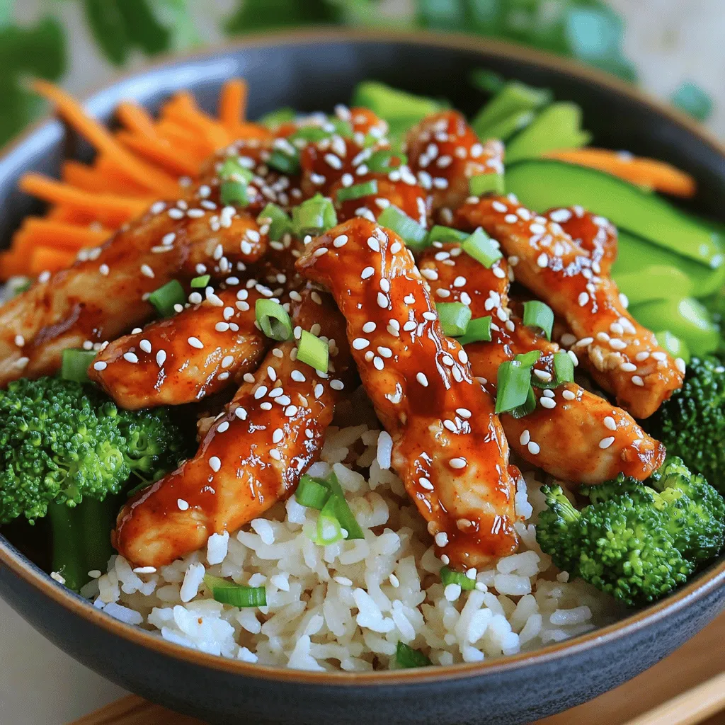 - 500g chicken breast, sliced into thin strips - 2 tablespoons gochujang (Korean red chili paste) - 1 cup jasmine rice, rinsed - 1 tablespoon soy sauce - 1 tablespoon sesame oil - 2 cloves garlic, minced - 1 inch ginger, grated - 1 tablespoon honey - Salt and pepper to taste - 1 cup broccoli florets - 1 carrot, julienned - 2 green onions, chopped - Sesame seeds for garnish The chicken breast gives this dish a lean and tasty protein. Gochujang adds spice and depth. Jasmine rice serves as a soft base for all the flavors. The soy sauce and sesame oil bring in salty and nutty notes. Garlic and ginger add a burst of freshness. Broccoli adds crunch, while carrots bring color. Green onions and sesame seeds finish the dish with flair. Each ingredient builds the whole meal, making it simple yet full of flavor. In a large bowl, combine the sliced chicken, gochujang, soy sauce, sesame oil, minced garlic, grated ginger, honey, salt, and pepper. Mix everything well. The chicken needs to soak in these flavors. For the best taste, let it marinate for at least 30 minutes. If you have time, marinating overnight gives a stronger flavor. To cook jasmine rice, start by rinsing it under cold water. This helps remove excess starch. In a saucepan, combine the rinsed rice and water. Bring it to a boil. Once boiling, reduce the heat to low, cover the pot, and let it simmer for 15-20 minutes. When the rice is done, fluff it with a fork. This keeps the grains separate and perfect. While the rice cooks, prepare your vegetables. Steam the broccoli florets until they turn tender. This usually takes about 5-7 minutes. You want them to stay bright green. For the carrot, julienne it into thin strips. This adds great color and texture to your bowls. Heat a large skillet over medium heat. Once hot, add the marinated chicken strips to the skillet. Cook for about 5-7 minutes. Stir frequently to ensure even cooking and to avoid burning. The chicken should be fully cooked and slightly caramelized. This adds more flavor. To create your rice bowls, start with a base of jasmine rice in each serving bowl. Next, add the cooked gochujang chicken on top. Layer the steamed broccoli and julienned carrots for a colorful presentation. Make sure to spread the ingredients evenly for the best look. Lastly, finish with a sprinkle of chopped green onions and sesame seeds. These add a nice crunch and extra flavor. Serve your bowls hot. Each bite will be a delightful mix of spicy, sweet, and savory tastes. Enjoy your meal! To make your chicken burst with flavor, marinate it well. Mix the chicken with gochujang, soy sauce, sesame oil, garlic, ginger, honey, salt, and pepper. Let it sit for at least 30 minutes. For deeper taste, marinate it overnight. When cooking, keep an eye on the heat. Use medium heat to cook the chicken. This helps it stay juicy. Stir often to prevent burning. Cook until it's caramelized and no longer pink. For fluffy jasmine rice, rinse it first. Rinsing removes excess starch, which can make the rice sticky. Use a 1:2 ratio of rice to water. Bring it to a boil, then lower the heat. Cover and let it simmer for 15-20 minutes. Fluff with a fork to keep it light. If you want variety, try brown rice or sushi rice. Just adjust the water and cooking times. Brown rice takes longer to cook but has a nice nutty flavor. To keep your veggies bright, steam them quickly. Broccoli should be tender but still green. This takes about 5-7 minutes. You can also try other veggies like bell peppers or snap peas. For a twist, swap out the carrots for zucchini or radishes. This adds color and crunch. Feel free to mix it up based on what you have on hand! {{image_2}} You can switch the chicken for beef, tofu, or seafood. Each option brings a unique flavor. If you choose beef, use thin strips and cook them for 4-6 minutes. For tofu, press it first to remove water, then cut it into cubes and sauté for about 8-10 minutes. If seafood is your choice, shrimp or fish cooks quickly. Just 3-5 minutes should suffice for shrimp, while fish needs about 4-6 minutes, depending on thickness. For a vegan dish, replace chicken with tofu or tempeh. Use a vegan gochujang. To make it gluten-free, switch soy sauce for tamari. You can reduce sodium by using low-sodium soy sauce or omitting it completely. Adding more ginger and garlic can help boost flavor without salt. Feel free to add more spices or sauces. A splash of rice vinegar can brighten the dish. You can also try sesame seeds, chili flakes, or even a drizzle of sriracha for extra heat. If you like it spicy, increase the gochujang. For milder flavor, add a touch of honey or sugar to balance the heat. After cooking, let your Gochujang chicken cool down for about 30 minutes. This step helps keep it from getting soggy. Store the chicken and rice in airtight containers. Glass or plastic containers work well. Keep your steamed veggies separate to maintain their crunch. To reheat, the stovetop method is best. Heat a pan over medium heat. Add a splash of water or broth to keep things moist. Stir in the chicken and rice until warm. If you use a microwave, cover the bowl with a damp paper towel. This keeps the dish from drying out. Heat it in short bursts, stirring in between. You can freeze the cooked chicken and rice. Place them in freezer-safe containers. Use them within three months for the best taste. When you’re ready, thaw them overnight in the fridge. Reheat as mentioned above for a quick meal. Enjoy your tasty Gochujang chicken even on busy days! Gochujang has a rich taste. It is spicy, sweet, and a bit savory. This paste comes from fermented chili peppers, which gives it depth. The heat level varies, but it adds a warm kick to dishes. You can use it in marinades or sauces for extra flavor. You can marinate chicken for at least 30 minutes. For the best flavor, I recommend marinating overnight. This allows the chicken to absorb all the tasty spices. If you're short on time, even a quick soak works. Just make sure not to skip this step! If you don’t have jasmine rice, you can use basmati rice or short-grain rice. Basmati has a nutty flavor, while short-grain rice is stickier. Keep in mind that cooking times may vary. Always follow the package instructions for the best results. Yes, you can prepare this recipe ahead of time! Marinate the chicken the night before for more flavor. You can also cook the rice and veggies in advance. Just store them in the fridge. When you're ready to eat, reheat everything and enjoy! Gochujang is not always gluten-free. Some brands use wheat in their recipes. Always check the label to be sure. If you need a gluten-free option, look for brands that specifically state they are gluten-free. This way, you can enjoy the flavors without worry! This blog post detailed how to make a tasty Korean-inspired chicken bowl. We covered main ingredients like chicken breast, gochujang, and jasmine rice. You learned how to marinate the chicken, cook fluffy rice, and prepare fresh veggies. Remember, you can customize this meal to your taste. Swap proteins, adjust spices, or try different veggies. With these tips, each bowl can be a new delight. Enjoy creating your own delicious version!