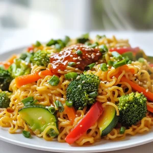 - 200g ramen noodles - 1 red bell pepper, sliced - 1 cup broccoli florets - 1 carrot, julienned - 1 zucchini, sliced - 4 cloves garlic, minced - 1 teaspoon ginger, grated In this dish, the ramen noodles are the star. They soak up all the flavors and give your meal a nice base. The vibrant vegetables bring color and crunch. The red bell pepper adds sweetness, while broccoli brings a nice bite. Carrots and zucchini add texture and taste. Garlic and ginger give a warm, fragrant touch. - 3 tablespoons soy sauce - 2 tablespoons chili paste (adjust for spice level) - 1 teaspoon sesame oil The soy sauce is key for saltiness. It makes the dish savory and rich. Chili paste adds heat and depth. You can adjust this to suit your taste. A touch of sesame oil brings a nutty flavor that ties everything together. - 1 green onion, chopped for garnish - 1 tablespoon sesame seeds for garnish Green onion adds a fresh crunch on top. It makes the dish look pretty, too. Sesame seeds add a nice nutty flavor and a bit of texture. These final touches elevate your meal from good to great. To start, boil the ramen noodles. Follow the package instructions. Use a large pot of salted water. This adds flavor. Cook until al dente, which means they should be firm but not hard. Typically, this takes about 3-4 minutes. Drain the noodles once done. Rinse them briefly under cold water. This stops the cooking and keeps them from sticking. Next, grab a large pan or wok. Heat 2 tablespoons of vegetable oil over medium-high heat. Use a high smoke point oil for best results. Once the oil is hot, add 4 cloves of minced garlic and 1 teaspoon of grated ginger. Sauté them for about 30 seconds. You want to smell that amazing aroma! Now, toss in the sliced red bell pepper, 1 cup of broccoli florets, 1 julienned carrot, and 1 sliced zucchini. Stir-fry these for 4-5 minutes. You want the veggies to be tender but still crisp. Keep stirring to avoid burning. Now it’s time to combine everything. Add the drained ramen noodles to the pan with the veggies. In a small bowl, mix 3 tablespoons of soy sauce, 2 tablespoons of chili paste, and 1 teaspoon of sesame oil. Adjust the chili paste for your spice level. Pour this sauce over the noodles and vegetables. Mix everything well. Cook for another 2-3 minutes. This helps the noodles soak up the sauce. Make sure every noodle gets coated. Once everything is hot and well combined, it’s ready to serve! To make the best stir fry, use high heat. High heat cooks food fast, keeping it crisp. Heat your pan or wok until it’s hot before adding oil. Sauté your garlic and ginger for just 30 seconds. This gets their flavors out quickly. If you cook them too long, they can burn. When adding vegetables, toss them in as you stir. This helps them cook evenly. Start with harder veggies like carrots and broccoli. Add softer ones like bell peppers and zucchini later. This keeps everything at the right texture. Choosing the right chili paste is key. Some pastes are very hot, while others are mild. If you want more heat, add more chili paste. If you prefer less spice, try a milder brand. You can also use sriracha or sweet chili sauce as a substitute. These options add flavor without too much heat. Serve your Chili Garlic Ramen Stir Fry with fresh sides. Steamed rice or a simple salad pairs well. For added protein, top with chicken, shrimp, or tofu. These options make the meal more filling. You can also sprinkle extra green onions or sesame seeds for crunch. {{image_2}} You can add protein to your Chili Garlic Ramen Stir Fry to make it heartier. Here are a few great choices: - Chicken: Thinly slice chicken breast and sauté it before adding veggies. Cook it until golden brown and fully cooked. - Tofu: Use firm or extra-firm tofu for a plant-based option. Dice it, sauté it until crispy, then toss it in with the noodles. - Shrimp: Fresh or frozen shrimp works well. Cook them until pink and tender, then mix them into the stir fry. Each protein brings its own flavor, so pick what you love best! If you follow a vegetarian or vegan diet, there are easy swaps to make your meal fit. - Tofu: As mentioned, it’s a fantastic choice. Silken tofu can also work for a softer texture. - Vegetables: You can add any veggies you like! Consider mushrooms, snap peas, or bok choy. - Sauces: Make sure the soy sauce is vegan. There are many brands that offer plant-based options. These swaps keep your dish tasty and satisfying. If you need a gluten-free version, you have options too! - Gluten-Free Ramen: Look for ramen made from rice or buckwheat. These are great substitutes. - Sauces: Use gluten-free soy sauce or tamari in place of regular soy sauce. - Check Labels: Always read labels on sauces and pastes to ensure they are gluten-free. These changes let anyone enjoy this delicious meal! To keep your Chili Garlic Ramen Stir Fry fresh, store it in an airtight container. Make sure to let it cool down first. Place the container in the fridge. This dish stays good for up to three days. If you notice any bad smells or changes in color, it’s best to toss it out. You can reheat your stir fry using a microwave or a stove. For the microwave, put the food in a safe dish. Add a splash of water to keep it moist. Heat it in short bursts, stirring in between. On the stove, use a pan on medium heat. Add a tiny bit of oil to prevent sticking. Stir often until it's heated through. Both methods work well, but the stove keeps the noodles a bit firmer. To freeze your stir fry, let it cool completely. Portion it into freezer-safe bags or containers. Remove as much air as you can to prevent freezer burn. It can last up to three months in the freezer. When you’re ready to eat, defrost it in the fridge overnight. Heat it on the stove or microwave until hot. Enjoy your meal even after a long time! To make Chili Garlic Ramen Stir Fry from scratch, gather fresh ingredients. Use homemade ramen noodles for a chewy texture. Fresh vegetables like red bell pepper, broccoli, carrot, and zucchini add color and flavor. You can use fresh garlic and ginger to enhance the taste. Store-bought noodles can work, but they may lack the freshness of homemade. A quick stir fry with a simple sauce gives the dish its bold flavor. Yes, you can use instant ramen. Instant ramen cooks quickly and is very convenient. However, it often becomes softer than regular ramen. This can change the texture of your stir fry. To maintain some bite, don't overcook the noodles. Drain them well and add them to the pan last. This way, they absorb the sauce without getting mushy. If you don't have chili paste, use sriracha or red pepper flakes. Sriracha offers a sweet and tangy heat. Red pepper flakes give a more straightforward spice without extra flavor. Adjust the amount based on your spice preference. For a milder option, consider using sweet chili sauce. This will add flavor without much heat. Each substitute will change the dish slightly, so choose what suits your taste best. You learned how to make a tasty Chili Garlic Ramen Stir Fry. We covered the best ingredients like fresh veggies and savory sauces. I shared easy step-by-step instructions for cooking perfect ramen. You now have tips to adjust spice levels and serve it well. Remember, you can add proteins or make it vegan. Store and reheat leftovers properly to enjoy later. Lastly, don't hesitate to try different flavors. Cooking should be fun and creative! Enjoy your delicious stir fry!