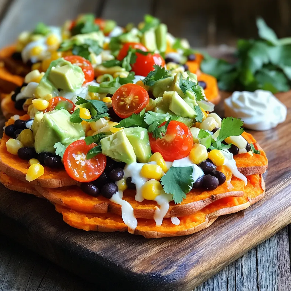 - Sweet potatoes: You need 2 large sweet potatoes. They provide a sweet base for the nachos. - Olive oil and seasonings: Use 1 tablespoon of olive oil, 1 teaspoon of smoked paprika, and 1 teaspoon of garlic powder. These add flavor and help the sweet potatoes crisp up. - Toppings and garnishes: Gather 1 cup of black beans, 1 cup of corn, and 1 cup of cherry tomatoes. You will also need 1 avocado, 1 cup of shredded cheese, ¼ cup of green onions, ¼ cup of fresh cilantro, and ½ cup of Greek yogurt or sour cream for serving. Don't forget the optional jalapeño slices for heat. These ingredients create a hearty dish that is both tasty and nutritious. Sweet potatoes offer fiber and vitamins. Black beans add protein, while the toppings bring freshness and color. The cheese melts beautifully, making every bite delicious. Enjoy the mix of flavors and textures in this fun dish! Slicing and seasoning Start with two large sweet potatoes. Slice them into thin rounds. You want them about ¼ inch thick. This helps them bake evenly and get crispy. In a mixing bowl, add the sweet potato slices. Drizzle with one tablespoon of olive oil. Sprinkle in one teaspoon of smoked paprika and one teaspoon of garlic powder. Add salt and pepper to taste. Toss until the slices are well coated. Arranging for baking Now, lay the sweet potato rounds on a large baking sheet. Make sure to arrange them in a single layer. This allows hot air to circulate around each piece. If they overlap, they won’t crisp up well. Initial bake to crisp Preheat your oven to 425°F (220°C). Bake the sweet potatoes for 20-25 minutes. Flip them halfway through the time. You want them to turn golden brown and crispy around the edges. Once they are done, take them out and reduce the oven temperature to 350°F (175°C). Layering the toppings On a large oven-safe platter, layer half of the baked sweet potato rounds. Then, top with half of the black beans, corn, cherry tomatoes, and shredded cheese. Repeat this with the remaining ingredients. The layers build flavor and texture. Melting the cheese Now, bake the loaded sweet potato nachos for another 10-15 minutes. Keep an eye on them until the cheese melts and bubbles. This is where the magic happens. Adding fresh toppings After baking, carefully remove the nachos from the oven. Let them cool for a minute. Top with diced avocado, green onions, and cilantro. If you like some heat, add jalapeño slices on top. Serve warm with a dollop of Greek yogurt or sour cream on the side. Enjoy your delicious and nutritious creation! Achieving optimal crispiness To get crispy sweet potato nachos, slice the sweet potatoes thin. Aim for ¼ inch thick rounds. A thin slice helps them cook evenly. Toss them with olive oil, smoked paprika, garlic powder, salt, and pepper. This mix adds flavor and helps with crispiness. Bake them at 425°F for 20-25 minutes. Flip them halfway to ensure even browning. Balancing flavors To balance flavors, mix savory and fresh toppings. Use black beans for protein and corn for sweetness. Fresh cherry tomatoes add color and tang. Diced avocado brings creaminess that contrasts well with the crispy sweet potatoes. Top it with green onions and cilantro for a fresh burst. If you love spice, add jalapeño slices for an extra kick. Additional toppings options Get creative with toppings! You can add sautéed bell peppers or onions for extra flavor. Try using different cheeses like pepper jack for heat or mozzarella for a mild taste. Add a layer of refried beans for richness or some cooked ground turkey for more protein. The options are endless! Spice level adjustments Want more heat? Add more jalapeños or a drizzle of hot sauce. For a milder version, skip the jalapeños. You can also try adding chili powder or cayenne pepper to the sweet potatoes before baking. Adjust the spice to fit your taste. Always remember, you can start small and add more as you go! {{image_2}} You can make loaded sweet potato nachos even healthier with some easy swaps. Use vegan cheese instead of regular cheese. You can find many tasty options at stores. Replace Greek yogurt with a plant-based yogurt. You can also add more veggies like bell peppers or zucchini. This makes the dish colorful and nutritious. Sweet potatoes are naturally gluten-free, so you’re already on the right track! Just make sure any toppings you choose, like cheese or beans, are also gluten-free. Look for brands that clearly mark their products. You can use corn chips if you want a crunchy texture instead of the sweet potatoes. Let your taste buds explore with unique toppings! Try adding roasted chickpeas for extra crunch. Pineapple or mango can add a sweet twist. You might also enjoy adding spicy salsa or guacamole for flavor. Each topping can change the whole dish! Take inspiration from global cuisines. For a Mexican twist, add jalapeños and fresh cilantro. Go Mediterranean by using feta cheese and olives. If you like Asian flavors, top with sesame seeds and green onions. Each variation can bring a new experience to your plate! After enjoying your loaded sweet potato nachos, you may have some left. Store them in an airtight container. This keeps them fresh for up to three days in the fridge. Make sure to let them cool down first. If they stay warm, they can become soggy. For reheating, preheat your oven to 350°F (175°C). Place the nachos on a baking sheet. Heat them for about 10 minutes. This will help regain that crispy texture. You can also use a microwave, but the nachos may not stay crispy. If you want to save nachos for later, freezing is a great option. Start by letting them cool completely. Place them in freezer-safe bags or containers. Remove as much air as possible to avoid freezer burn. They can last up to three months in the freezer. To thaw, move the nachos from the freezer to the fridge overnight. When you're ready to eat, reheat them in the oven at 350°F (175°C) for about 15 minutes. This method keeps the flavors intact and the texture delightful. How to make sweet potato nachos crispy? To make sweet potato nachos crispy, slice the sweet potatoes thin. Toss them with olive oil, smoked paprika, garlic powder, salt, and pepper. Spread them evenly on a baking sheet. Bake at 425°F for 20-25 minutes, flipping halfway. This helps them turn golden and crisp. Can I use different cheese? Yes, you can use different cheeses. Try mozzarella, feta, or pepper jack. Each cheese will add a unique taste. Mix and match to find your favorite combination. Just make sure it melts well. Are sweet potato nachos healthy? Yes, sweet potato nachos are healthy. Sweet potatoes offer fiber, vitamins, and minerals. They provide energy without too many calories. Topping them with black beans and veggies adds extra nutrients. It’s a great dish if you want something tasty and good for you. What are good side dishes to serve with nachos? Good side dishes include fresh salads, guacamole, or salsa. You can also serve a yogurt dip or a light soup. These sides balance the flavors and add freshness to your meal. Enjoying nachos with a variety of sides makes it more fun! Loaded sweet potato nachos are easy to make and taste great. We covered the best ingredients, step-by-step baking, and how to top them for a delicious finish. Remember, you can customize your nachos with different toppings and spices to fit your taste. Storage tips help keep them fresh for later. Sweet potato nachos can be healthy, too. Enjoy experimenting with flavors and creating your perfect plate. You now know how to make these tasty nachos that everyone will love. Give them a try!