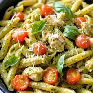 To make this tasty dish, you will need the following ingredients: - 2 tablespoons olive oil - 1 pound chicken breast, diced - 3 cloves garlic, minced - 2 cups chicken broth - 1 cup heavy cream - 12 ounces penne pasta (or pasta of choice) - 1/2 cup basil pesto (store-bought or homemade) - 1 cup cherry tomatoes, halved - 1/2 cup grated Parmesan cheese - Salt and pepper to taste - Fresh basil leaves for garnish These ingredients come together to create creamy, flavorful pasta. The chicken adds protein, while the pesto brings a burst of fresh taste. You will need some basic kitchen tools to prepare this meal: - Large pot - Cutting board - Knife - Wooden spoon or spatula - Measuring cups and spoons Having the right tools makes cooking easier and more fun. If you want to switch things up, here are some great alternatives: - Use turkey or shrimp instead of chicken for a different protein. - Swap heavy cream for coconut cream for a dairy-free option. - Try whole wheat or gluten-free pasta for a healthier choice. - Use different vegetables like spinach or bell peppers for added flavor and nutrition. These substitutions allow you to customize the dish to your taste and dietary needs. Start by gathering your ingredients. Use 2 tablespoons of olive oil in a large pot. Heat the oil over medium heat. Next, take 1 pound of diced chicken breast. Season it with salt and pepper. Cook the chicken for about 5-7 minutes. You want it to turn golden and no longer look pink. As the chicken cooks, chop 3 cloves of garlic. Once the chicken is ready, add the minced garlic to the pot. Sauté for about 30 seconds. The garlic should smell fragrant at this point. Now, pour in 2 cups of chicken broth. Bring it to a gentle simmer. Take 12 ounces of penne pasta or your choice. Stir the pasta into the pot, ensuring it’s fully submerged. Cover the pot and let it cook for about 10 minutes. Stir occasionally to prevent sticking. Check the pasta after 10 minutes. It should be al dente, meaning it still has a slight bite. Once the pasta is cooked, lower the heat. Add 1 cup of heavy cream and 1/2 cup of basil pesto. Toss in 1 cup of halved cherry tomatoes. Mix everything well so it combines. Gradually add 1/2 cup of grated Parmesan cheese. Stir until it melts and the dish gets creamy. Taste the dish and add salt and pepper as needed. Let it cook for another 2-3 minutes while stirring. Finally, take the pot off the heat. Garnish with fresh basil leaves before serving. Enjoy your one-pot creamy pesto chicken pasta! To get a creamy texture, use heavy cream. It makes the sauce rich and smooth. Add the cream slowly to the pot after cooking the pasta. Stir well to mix. The heat will help blend the cream with other ingredients. You can also add a little pasta water to help it combine better. This water is starchy and helps the sauce stick. Timing is key for great pasta. Start cooking the pasta when the chicken is almost done. This way, the pasta and chicken finish at the same time. Cook the pasta for about 10 minutes. Stir it often to keep it from sticking. You want it al dente, meaning it should have a slight bite. This texture will hold up well when you mix in the cream and pesto. Want to kick up the flavor? Try adding more garlic or some crushed red pepper flakes. They bring a nice zing to the dish. You can also add fresh veggies, like spinach or bell peppers, for extra color and nutrients. If you love cheese, sprinkle more Parmesan on top before serving. Fresh basil leaves make a lovely garnish and add aroma too. {{image_2}} To make a vegetarian version, swap the chicken for mushrooms. Choose 8 ounces of sliced mushrooms and 2 cups of fresh spinach. Sauté the mushrooms in olive oil until they are soft and golden. Then add the garlic and follow the same steps for cooking. The mushrooms add a meaty texture, while the spinach brings a fresh taste. If you need a gluten-free meal, use gluten-free pasta. Many brands offer penne shapes that cook well. You can also try rice pasta or chickpea pasta. These options keep the dish tasty and satisfying. Just follow the package instructions for cooking times, as they may differ from regular pasta. Boost the nutrition by adding more veggies. Try bell peppers, zucchini, or broccoli. Dice the veggies and add them when you sauté the garlic. They will cook quickly and blend well with the sauce. This not only makes the dish colorful but also adds vitamins and fiber. After you enjoy your One-Pot Creamy Pesto Chicken Pasta, store any leftovers properly. Use an airtight container to keep the pasta fresh. Let the dish cool down before sealing it. This step helps prevent moisture buildup. You can keep it in the fridge for up to three days. If you want to enjoy it later, consider freezing some. When it’s time to eat your leftovers, you can reheat them easily. Place the pasta in a pot over low heat. Add a splash of chicken broth or cream to keep it creamy. Stir often to heat evenly. You can also use the microwave. Put the pasta in a microwave-safe bowl and cover it. Heat on medium power in short bursts to avoid overcooking. If you have extra pasta, freezing is a great option. First, let it cool completely. Then, divide it into portions. Use freezer bags or airtight containers to store them. Don’t forget to squeeze out as much air as you can. This way, it stays fresh for up to three months. When you're ready to eat, thaw it in the fridge overnight. Reheat as mentioned, and enjoy your meal again! Yes, you can use any pasta you like. I often use penne, but you can try fusilli, rotini, or even spaghetti. Just keep an eye on the cooking time. Different shapes may cook at different rates. To make homemade pesto, blend fresh basil, garlic, pine nuts, olive oil, and Parmesan cheese. Start with the basil and garlic, then add nuts. Blend while adding oil. This gives a fresh taste, unlike store-bought pesto. To make this dish dairy-free, swap heavy cream for coconut milk or almond milk. Use nutritional yeast instead of Parmesan cheese. These swaps keep the creaminess without dairy. This creamy pesto chicken pasta lasts about 3 to 4 days in the fridge. Store it in an airtight container. Reheat gently to avoid drying it out. Enjoy it again without hassle! This blog post covered how to make One-Pot Creamy Pesto Chicken Pasta. We discussed the key ingredients, cooking tools, and possible swaps. I provided clear steps to prepare the dish, tips for the creamiest texture, and ways to mix it up with variations. I also addressed storage and common questions. Enjoy your creamy pasta with confidence. Experiment with flavors and ingredients that suit your taste. Happy cooking!