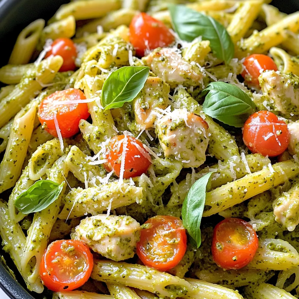 To make this tasty dish, you will need the following ingredients: - 2 tablespoons olive oil - 1 pound chicken breast, diced - 3 cloves garlic, minced - 2 cups chicken broth - 1 cup heavy cream - 12 ounces penne pasta (or pasta of choice) - ½ cup basil pesto (store-bought or homemade) - 1 cup cherry tomatoes, halved - ½ cup grated Parmesan cheese - Salt and pepper to taste - Fresh basil leaves for garnish These ingredients come together to create creamy, flavorful pasta. The chicken adds protein, while the pesto brings a burst of fresh taste. You will need some basic kitchen tools to prepare this meal: - Large pot - Cutting board - Knife - Wooden spoon or spatula - Measuring cups and spoons Having the right tools makes cooking easier and more fun. If you want to switch things up, here are some great alternatives: - Use turkey or shrimp instead of chicken for a different protein. - Swap heavy cream for coconut cream for a dairy-free option. - Try whole wheat or gluten-free pasta for a healthier choice. - Use different vegetables like spinach or bell peppers for added flavor and nutrition. These substitutions allow you to customize the dish to your taste and dietary needs. Start by gathering your ingredients. Use 2 tablespoons of olive oil in a large pot. Heat the oil over medium heat. Next, take 1 pound of diced chicken breast. Season it with salt and pepper. Cook the chicken for about 5-7 minutes. You want it to turn golden and no longer look pink. As the chicken cooks, chop 3 cloves of garlic. Once the chicken is ready, add the minced garlic to the pot. Sauté for about 30 seconds. The garlic should smell fragrant at this point. Now, pour in 2 cups of chicken broth. Bring it to a gentle simmer. Take 12 ounces of penne pasta or your choice. Stir the pasta into the pot, ensuring it’s fully submerged. Cover the pot and let it cook for about 10 minutes. Stir occasionally to prevent sticking. Check the pasta after 10 minutes. It should be al dente, meaning it still has a slight bite. Once the pasta is cooked, lower the heat. Add 1 cup of heavy cream and ½ cup of basil pesto. Toss in 1 cup of halved cherry tomatoes. Mix everything well so it combines. Gradually add ½ cup of grated Parmesan cheese. Stir until it melts and the dish gets creamy. Taste the dish and add salt and pepper as needed. Let it cook for another 2-3 minutes while stirring. Finally, take the pot off the heat. Garnish with fresh basil leaves before serving. Enjoy your one-pot creamy pesto chicken pasta! To get a creamy texture, use heavy cream. It makes the sauce rich and smooth. Add the cream slowly to the pot after cooking the pasta. Stir well to mix. The heat will help blend the cream with other ingredients. You can also add a little pasta water to help it combine better. This water is starchy and helps the sauce stick. Timing is key for great pasta. Start cooking the pasta when the chicken is almost done. This way, the pasta and chicken finish at the same time. Cook the pasta for about 10 minutes. Stir it often to keep it from sticking. You want it al dente, meaning it should have a slight bite. This texture will hold up well when you mix in the cream and pesto. Want to kick up the flavor? Try adding more garlic or some crushed red pepper flakes. They bring a nice zing to the dish. You can also add fresh veggies, like spinach or bell peppers, for extra color and nutrients. If you love cheese, sprinkle more Parmesan on top before serving. Fresh basil leaves make a lovely garnish and add aroma too. {{image_2}} To make a vegetarian version, swap the chicken for mushrooms. Choose 8 ounces of sliced mushrooms and 2 cups of fresh spinach. Sauté the mushrooms in olive oil until they are soft and golden. Then add the garlic and follow the same steps for cooking. The mushrooms add a meaty texture, while the spinach brings a fresh taste. If you need a gluten-free meal, use gluten-free pasta. Many brands offer penne shapes that cook well. You can also try rice pasta or chickpea pasta. These options keep the dish tasty and satisfying. Just follow the package instructions for cooking times, as they may differ from regular pasta. Boost the nutrition by adding more veggies. Try bell peppers, zucchini, or broccoli. Dice the veggies and add them when you sauté the garlic. They will cook quickly and blend well with the sauce. This not only makes the dish colorful but also adds vitamins and fiber. After you enjoy your One-Pot Creamy Pesto Chicken Pasta, store any leftovers properly. Use an airtight container to keep the pasta fresh. Let the dish cool down before sealing it. This step helps prevent moisture buildup. You can keep it in the fridge for up to three days. If you want to enjoy it later, consider freezing some. When it’s time to eat your leftovers, you can reheat them easily. Place the pasta in a pot over low heat. Add a splash of chicken broth or cream to keep it creamy. Stir often to heat evenly. You can also use the microwave. Put the pasta in a microwave-safe bowl and cover it. Heat on medium power in short bursts to avoid overcooking. If you have extra pasta, freezing is a great option. First, let it cool completely. Then, divide it into portions. Use freezer bags or airtight containers to store them. Don’t forget to squeeze out as much air as you can. This way, it stays fresh for up to three months. When you're ready to eat, thaw it in the fridge overnight. Reheat as mentioned, and enjoy your meal again! Yes, you can use any pasta you like. I often use penne, but you can try fusilli, rotini, or even spaghetti. Just keep an eye on the cooking time. Different shapes may cook at different rates. To make homemade pesto, blend fresh basil, garlic, pine nuts, olive oil, and Parmesan cheese. Start with the basil and garlic, then add nuts. Blend while adding oil. This gives a fresh taste, unlike store-bought pesto. To make this dish dairy-free, swap heavy cream for coconut milk or almond milk. Use nutritional yeast instead of Parmesan cheese. These swaps keep the creaminess without dairy. This creamy pesto chicken pasta lasts about 3 to 4 days in the fridge. Store it in an airtight container. Reheat gently to avoid drying it out. Enjoy it again without hassle! This blog post covered how to make One-Pot Creamy Pesto Chicken Pasta. We discussed the key ingredients, cooking tools, and possible swaps. I provided clear steps to prepare the dish, tips for the creamiest texture, and ways to mix it up with variations. I also addressed storage and common questions. Enjoy your creamy pasta with confidence. Experiment with flavors and ingredients that suit your taste. Happy cooking!