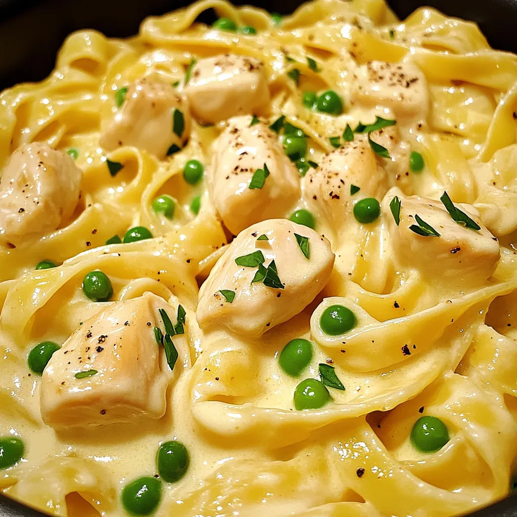 - 1 pound boneless, skinless chicken breasts, diced - 8 ounces fettuccine pasta - 4 cups chicken broth - 1 cup heavy cream - 1 cup grated Parmesan cheese The chicken is the star here. I use boneless, skinless chicken breasts for ease. Dicing them helps them cook quickly and evenly. Fettuccine pasta works great in this dish, soaking up the sauce well. Chicken broth adds depth to the flavor. Heavy cream gives the dish its rich, creamy texture. Lastly, grated Parmesan cheese adds that classic cheesy flavor that we all love. - 2 tablespoons olive oil - 4 cloves garlic, minced - 1 teaspoon Italian seasoning - Salt and pepper, to taste - 1 cup frozen peas - Fresh parsley, chopped (for garnish) Olive oil helps to brown the chicken and gives flavor. Garlic adds a wonderful aroma and taste. Italian seasoning brings together those warm, herby notes. Don’t forget salt and pepper; they make everything taste better! I like to add peas for a pop of color and sweetness. Finally, fresh parsley not only brightens the dish but adds freshness as a garnish. 1. Start by heating 2 tablespoons of olive oil in a large pot over medium heat. This oil adds flavor and helps cook the chicken evenly. 2. Next, add 1 pound of diced chicken to the pot. Season the chicken with salt, pepper, and 1 teaspoon of Italian seasoning. Cook it for about 5 to 7 minutes. You want the chicken to brown and cook fully. 1. After browning the chicken, add 4 cloves of minced garlic to the pot. Sauté it for 1 to 2 minutes until it smells great. This step adds a rich flavor to your dish. 2. Now, pour in 4 cups of chicken broth and bring it to a boil. Once boiling, stir in 8 ounces of fettuccine pasta. Lower the heat to a simmer. Cook the pasta for 10 to 12 minutes, stirring occasionally. You want the pasta to be al dente and most of the liquid absorbed. 1. Once the pasta is cooked, lower the heat. Stir in 1 cup of heavy cream and 1 cup of grated Parmesan cheese. Mix until the sauce is smooth and creamy. 2. Fold in 1 cup of frozen peas and cook for an additional 2 to 3 minutes. This adds a pop of color and sweetness. Taste your dish and adjust the seasoning if needed. 3. Remove the pot from heat and let it rest for a couple of minutes. This helps thicken the sauce. Enjoy your creamy one-pot chicken Alfredo pasta! To make your dish creamy, heavy cream plays a big part. It adds richness and smoothness. Use about one cup for a perfect balance. Parmesan cheese is also key. It brings flavor and helps thicken the sauce. Grate it fresh for the best taste. Mix it in right after the cream, so it melts evenly. When cooking pasta, always use a large pot. This gives it room to move. Stir the pasta often to keep it from sticking. Cook it until it is al dente, which means it has a slight bite. Taste your dish as you go. Adjust salt and pepper to match your liking. You can always add more, but it's hard to take it out. Garnish your dish with fresh parsley. It adds color and a fresh taste. Just chop it finely and sprinkle it on top. For serving, use shallow bowls to show off the creamy pasta. You can pair it with a side salad or garlic bread for a complete meal. {{image_2}} You can easily add veggies to your one-pot chicken Alfredo. Spinach is a great choice. It wilts down nicely and adds color. Just toss in a couple of handfuls toward the end of cooking. Broccoli is another option. It adds crunch and a fresh taste. Steam or blanch it first, then mix it in right before serving. If you want to switch up the protein, shrimp works perfectly. Use peeled shrimp and add it with the garlic. Cook until pink, which takes just a few minutes. Tofu is another great option, especially for a meatless meal. Press it first, then cube it. Sauté it with the chicken for a tasty twist. For a richer flavor, try making your own Alfredo sauce. Use butter, cream, and cheese, and season it to your taste. You can also enhance the flavor of store-bought sauce. Add spices like nutmeg or crushed red pepper. This will give your dish a unique kick. Experiment with herbs like basil or oregano for a fresh twist. To keep your leftovers fresh, use airtight containers. Glass or plastic containers work great. Store the pasta in the fridge for up to three days. After that, the cream may break down. The best way to reheat this dish is on the stove. Use low heat and add a splash of chicken broth. This helps keep the cream smooth. Stir it often to make sure it heats evenly. You can also use a microwave, but stir halfway through to avoid hot spots. You can freeze this meal if you have extra. Portion it into freezer-safe bags or containers. Make sure to leave some space for expansion. It’s best used within three months. When you are ready to eat, thaw it in the fridge overnight. Reheat on the stove, adding a bit of broth for creaminess. To make one-pot chicken Alfredo pasta, start with these key ingredients: - 1 pound boneless, skinless chicken breasts, diced - 2 tablespoons olive oil - 4 cloves garlic, minced - 1 teaspoon Italian seasoning - Salt and pepper, to taste - 8 ounces fettuccine pasta - 4 cups chicken broth - 1 cup heavy cream - 1 cup grated Parmesan cheese - 1 cup frozen peas - Fresh parsley, chopped (for garnish) For ingredient substitutions, you can use chicken thighs instead of breasts for more flavor. If you want a lighter dish, swap heavy cream for half-and-half. Here’s a simple overview of the steps: 1. Heat olive oil in a pot. 2. Cook the chicken until golden. 3. Add garlic and sauté. 4. Pour in chicken broth, then add pasta. 5. Cook until pasta is tender. 6. Stir in cream and cheese. 7. Add peas and heat through. 8. Garnish and serve. Yes, you can use other pasta types like penne or rotini. They will work well with the sauce. Just keep in mind that cooking times may change. Thinner pasta cooks faster while thicker types may take longer. Always check for doneness before serving. For side dishes, consider a fresh salad or garlic bread. A light Caesar salad pairs nicely with the creamy pasta. You could also serve steamed broccoli to add some color and nutrition. Pairing ideas include a glass of white wine or sparkling water with lemon. These drinks balance the richness of the Alfredo sauce and keep the meal refreshing. This recipe for one-pot chicken Alfredo pasta combines simple steps and rich flavors. You start with chicken, fettuccine, and a creamy sauce, seasoning it just right. Then, I shared tips on cooking, presentation, and even variations with veggies or proteins. You can store leftovers easily and reheat them without losing taste. Remember, cooking should be fun and easy. With this dish, you can impress anyone at your dinner table. Enjoy making it your own!