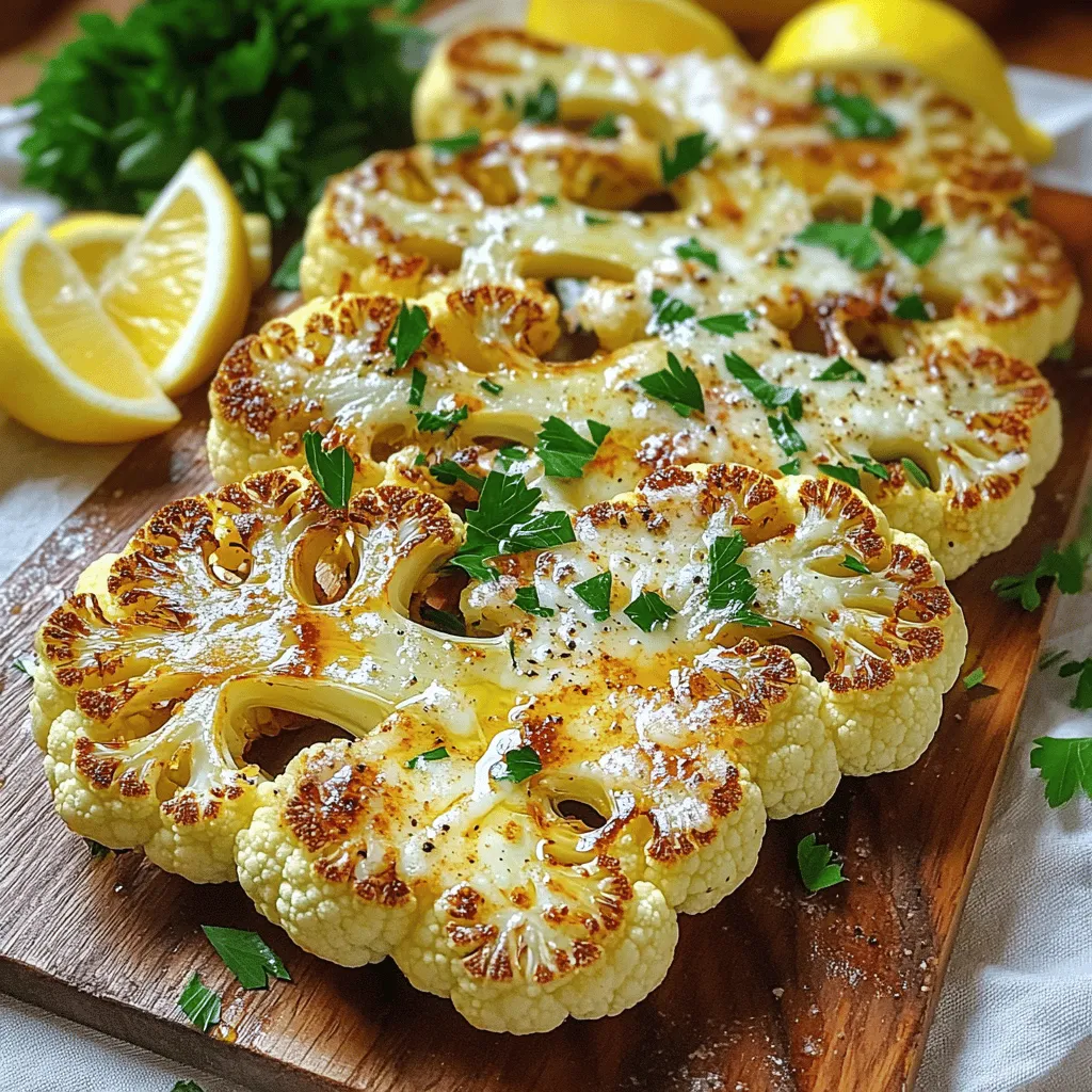 To make roasted garlic Parmesan cauliflower steaks, you will need: - 1 large head of cauliflower - 4 cloves of garlic, minced - ¼ cup grated Parmesan cheese - 3 tablespoons olive oil - 1 teaspoon smoked paprika - ½ teaspoon salt - ½ teaspoon black pepper - Fresh parsley, chopped (for garnish) - Lemon wedges (for serving) If you don't have some ingredients, don't worry! Here are some easy swaps: - Cauliflower: You can use broccoli for a different taste. - Parmesan cheese: Try using nutritional yeast for a vegan option. - Olive oil: Avocado oil works well if you need a substitute. - Smoked paprika: Regular paprika or cayenne pepper can add some heat. Want to spice things up? Here are some fun add-ins: - Crushed red pepper flakes: Add a kick of spice. - Lemon zest: Brighten the dish with a fresh citrus flavor. - Balsamic glaze: Drizzle over the top for added sweetness. - Herbs: Fresh thyme or rosemary can bring a wonderful aroma. Feel free to mix and match ingredients to suit your taste! Start by preheating your oven to 425°F (220°C). This high heat helps to crisp the cauliflower. Next, grab a large head of cauliflower. Remove the leaves and trim the stem. Keep the core intact for easy slicing. Now, slice the cauliflower into 1-inch thick steaks. You will get about 2-3 steaks from one head. Save any leftover florets for soup or stir-fry. In a small bowl, mix together minced garlic, olive oil, smoked paprika, salt, and black pepper. Whisk until well combined. This mix adds flavor to the cauliflower. Brush both sides of each cauliflower steak with the garlic oil mixture. Make sure to coat them well for the best taste. Carefully place the cauliflower steaks on a baking sheet lined with parchment paper. This helps prevent sticking. Roast in the oven for 20 minutes. After 20 minutes, flip the steaks gently with a spatula. Now sprinkle grated Parmesan cheese over the flipped steaks. This cheese gets melty and crispy as it bakes. Return the baking sheet to the oven for an additional 10-15 minutes. Keep an eye on them. You want the cauliflower to be tender and the cheese to turn golden brown. When the cauliflower steaks are done, take them out of the oven. Let them cool for a couple of minutes. This small wait helps the flavors settle. Garnish with freshly chopped parsley for a pop of color. Serve with lemon wedges on the side. The lemon adds a bright touch that pairs well with the rich flavors. Enjoy this dish as a side or a main meal! To get the best roasted cauliflower, start with a fresh head. Look for firm, white florets. Cut the cauliflower into 1-inch steaks. This size helps them cook evenly. Preheat your oven to 425°F (220°C). A hot oven gives you a nice, crispy texture. Use parchment paper on your baking sheet. This makes cleanup easy and prevents sticking. Seasoning is key for great flavor. I mix garlic, olive oil, smoked paprika, salt, and pepper in a bowl. Brush this mix on both sides of the cauliflower steaks. Make sure each steak gets a good coat. This helps the flavors soak in while roasting. Adding Parmesan cheese during the last few minutes enhances the dish. It creates a golden, crispy layer on top. You’ll need a few simple tools for this recipe. A sharp knife helps cut the cauliflower. A baking sheet lined with parchment paper is a must. A small bowl for mixing the oil and spices makes it easy. Use a basting brush to coat the cauliflower steaks evenly. Finally, an oven mitt protects your hands when flipping and removing the steaks. {{image_2}} If you want to change the cheese, try these options. Use feta for a tangy kick. Goat cheese adds creaminess and flavor. Nutritional yeast is great for a dairy-free option. It gives a cheesy taste without using dairy. To make this dish vegan, skip the Parmesan. Brush the steaks with olive oil and garlic mix. Use nutritional yeast instead of cheese. It will give you a savory flavor. You can also add vegan cheese if you like. You can change the flavor to suit your taste. Add lemon zest for a fresh twist. Try using different spices like cumin or curry powder. A sprinkle of red pepper flakes adds heat. For a smoky touch, use smoked salt instead of regular salt. After enjoying your roasted garlic Parmesan cauliflower steaks, let them cool down. Place the leftovers in an airtight container. This helps keep them fresh and tasty. Store the container in the fridge. They will stay good for about three to four days. To enjoy your leftovers, reheat them in the oven. Preheat your oven to 350°F (175°C). Place the cauliflower steaks on a baking sheet. Heat for about 10 to 15 minutes. You want them warm and the cheese slightly melted again. You can also use a microwave, but the oven keeps them crispier. If you want to save some for later, freezing is an option. First, let the cauliflower steaks cool completely. Wrap each steak in plastic wrap or foil. Place them in a freezer-safe bag or container. They can last up to three months in the freezer. When you’re ready to eat, thaw them in the fridge overnight before reheating. Roasted garlic Parmesan cauliflower steaks last about 3 to 5 days in the fridge. Store them in an airtight container to keep them fresh. If you notice any changes in color or smell, it's best to toss them. Always trust your senses when it comes to food safety. Yes, you can prepare the cauliflower steaks ahead of time. Slice the cauliflower and store it in the fridge with the garlic oil mixture. Just brush the steaks with the oil right before roasting. You can also roast them a day before and reheat them later. This makes meal prep easy and fun. Roasted cauliflower steaks pair well with many dishes. Here are a few ideas: - Grilled chicken or fish for protein - A fresh salad for crunch and color - Quinoa or rice for a hearty side - Your favorite dipping sauce for extra flavor These options will make your meal colorful and delicious. Enjoy! This blog post covered the key ingredients, detailed steps, and helpful tips for roasting cauliflower. You learned about substitutions, add-ins, and variations to suit your taste. We also shared storage tips to keep leftovers fresh. Roasted cauliflower is a great dish for any meal. With these insights, you can make it perfect every time. Enjoy your cooking journey and explore new flavors confidently!