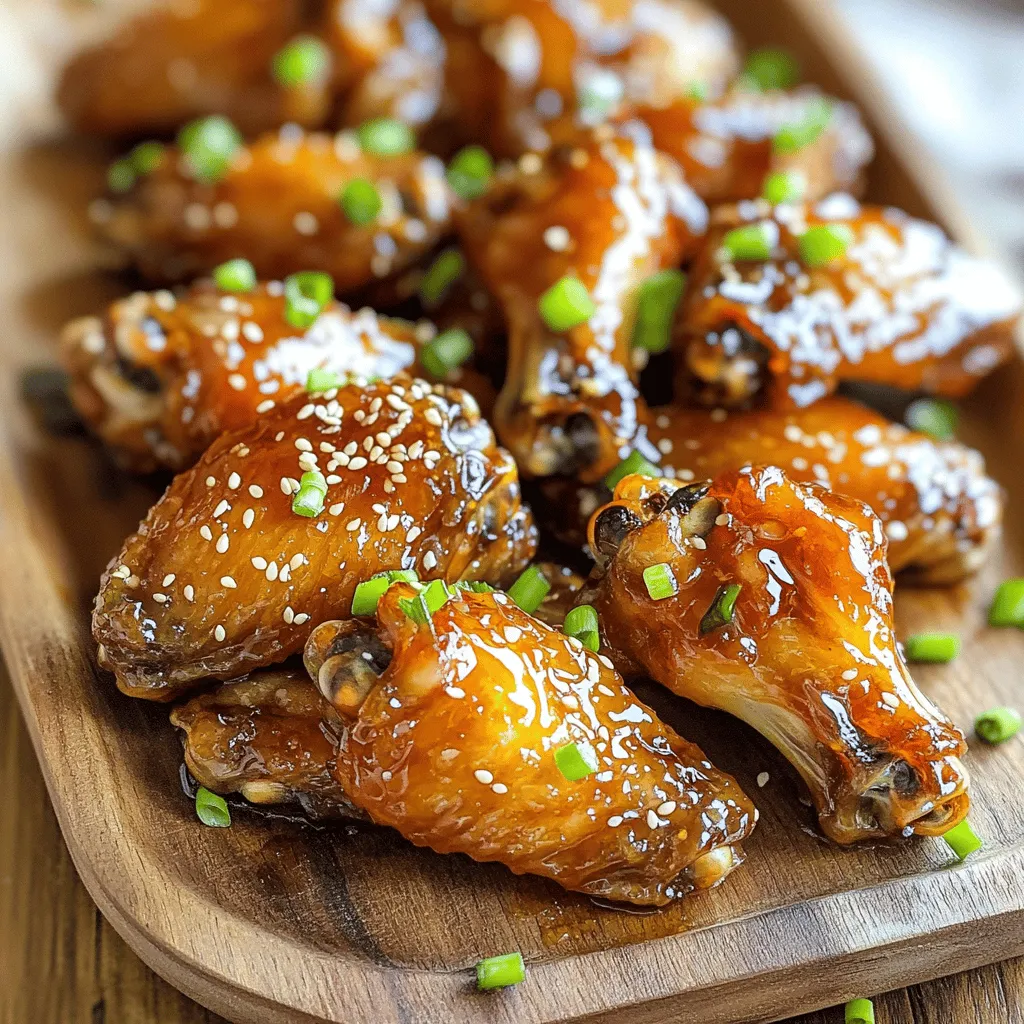 For this recipe, you need: - 2 lbs chicken wings These wings are the star of the dish. They are juicy and perfect when cooked right. Make sure to choose fresh wings for the best taste. The marinade gives the wings their sweet and savory flavor. You’ll need: - ¼ cup honey - ¼ cup soy sauce (or coconut aminos for a gluten-free option) - 4 cloves garlic, minced - 1 tablespoon fresh ginger, grated - 1 tablespoon apple cider vinegar - 1 teaspoon sesame oil - ½ teaspoon black pepper - ¼ teaspoon red chili flakes (optional for heat) Mix these ingredients well. The honey and soy sauce balance each other. Garlic and ginger add depth and warmth. Apple cider vinegar brings a nice tang, while sesame oil adds a hint of nuttiness. The red chili flakes can spice it up if you like. To make the wings look great and add flavor, consider these garnishes: - Sesame seeds - Chopped green onions These garnishes add a nice crunch and fresh taste. They make your wings pop on the plate. Enjoy your delicious Air Fryer Honey Garlic Wings! To start, gather all the ingredients. In a large bowl, mix together: - ¼ cup honey - ¼ cup soy sauce (or coconut aminos for gluten-free) - 4 cloves garlic, minced - 1 tablespoon fresh ginger, grated - 1 tablespoon apple cider vinegar - 1 teaspoon sesame oil - ½ teaspoon black pepper - ¼ teaspoon red chili flakes (if you want heat) Stir these together well. This mix will be your marinade. The honey gives a nice sweet touch, while the garlic and ginger add bold flavors. Next, add the 2 lbs of chicken wings to the bowl. Make sure each wing is covered in the marinade. This step is key for flavor. Once coated, cover the bowl with plastic wrap. Place it in the fridge for at least 30 minutes. If you have time, marinate for up to 2 hours. More time means more flavor! When you’re ready to cook, preheat your air fryer. Set it to 380°F (190°C) for about 5 minutes. Lightly spray the air fryer basket with cooking spray or oil. This helps the wings not stick. Take the wings out of the marinade, shaking off any extra liquid. Place them in the basket in a single layer. Cook for 25-30 minutes. Flip them halfway through for even cooking. The wings should be crispy and golden brown when done. While the wings cook, heat the leftover marinade in a small pan. Cook it over medium heat for about 5-7 minutes until it thickens slightly. Once the wings are cooked, toss them in this sauce or drizzle it on top. For a nice finish, sprinkle sesame seeds and chopped green onions before serving. Enjoy the sweet and savory flavors of your honey garlic wings! To make your wings extra crispy, here are some tips: - Pat the chicken wings dry with paper towels. This helps remove moisture. - Use a little baking powder in your marinade. It boosts crispiness. - Air fry the wings in a single layer. This allows for better airflow. - Flip the wings halfway through cooking. This helps both sides crisp up. - If you want them super crispy, air fry them for an extra 5 minutes at the end. Marinating your wings is key for flavor. Aim for at least 30 minutes. For more taste, let them sit for 2 hours. The longer you marinate, the better the flavor. You can also marinate them overnight for a fun twist. Just remember to keep them in the fridge! To get the best results with your air fryer, follow these tips: - Preheat your air fryer before adding the wings. This helps them cook evenly. - Lightly grease the basket with cooking spray. This prevents sticking. - Don't overcrowd the basket. Cook in batches if needed. This ensures even cooking. - Always check the wings for doneness. Look for a crispy, golden brown color. - Let the wings rest for a few minutes after cooking. This keeps them juicy. {{image_2}} To make these wings gluten-free, swap soy sauce with coconut aminos. This option tastes great. It keeps the sweet and savory notes of the dish. You can also use gluten-free soy sauce if you prefer. Always check labels to ensure they are gluten-free. Want to spice things up? Add a pinch of cayenne pepper or smoked paprika to the marinade. These spices add a nice kick and depth. You can also mix in some garlic powder or onion powder for a flavor boost. Feel free to experiment with your favorite spices for a unique twist. While chicken wings are classic, you can use chicken thighs or drumsticks. Both options stay juicy and tender. Adjust the cooking time slightly, as they may take a bit longer. Just make sure the internal temperature reaches 165°F. This way, you ensure safe and tasty chicken. To store leftover wings, place them in an airtight container. Make sure they cool down first. You can keep them in the fridge for up to three days. If you want to keep them longer, freeze them. Just remember to wrap them well. Reheating is easy! You can use the air fryer or oven. For the air fryer, set it to 350°F (175°C) and heat for about 8-10 minutes. If using the oven, preheat to 350°F (175°C) and bake for 15-20 minutes. This makes them crispy again. Freezing wings is a great option. Place the cooked wings on a baking sheet in a single layer. Freeze them until solid, then transfer to a freezer bag. They can last up to three months. When you want to eat them, thaw in the fridge overnight. Then, reheat as mentioned above. Yes, you can make the wings ahead. Marinate them and store in the fridge. You can prepare the wings up to 2 hours in advance for great flavor. Just remember to cook them fresh when you are ready to serve. This way, they stay crispy and delicious. You can try many sauces with these wings. Buffalo sauce adds spice. Teriyaki sauce gives a sweet twist. Barbecue sauce is another favorite. You can mix and match to find your best flavor. Feel free to get creative and use what you love. Yes, you can use frozen chicken wings. Just make sure to thaw them first. Thaw in the fridge overnight or use the microwave. Once thawed, you can follow the same steps in the recipe. This makes it easy to enjoy wings anytime. Check the wings for a crispy outside and golden brown color. They should reach an internal temperature of 165°F (74°C). You can use a meat thermometer for accuracy. If you want extra crispiness, cook them for an additional 5 minutes in the air fryer. You learned how to make tasty air fryer chicken wings. We covered the ingredients, marination steps, and cooking tips to get them crispy. You saw how to store leftovers and answered common questions. Remember, customizing flavors can make your wings unique. With a few tricks, you can impress anyone. Enjoy your cooking!
