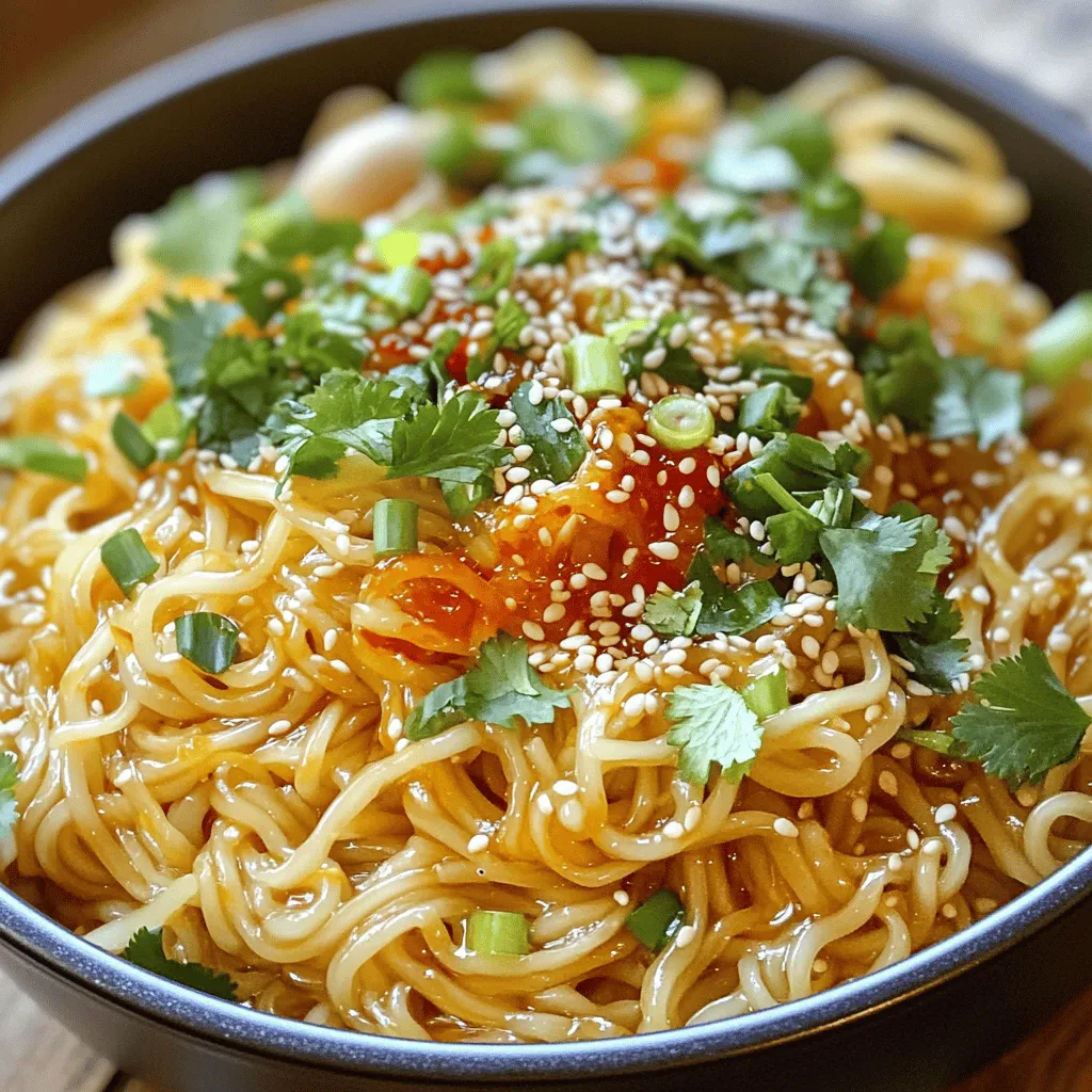 - 200g egg noodles - 4 cloves of garlic, thinly sliced - 2 tablespoons chili flakes - 1 tablespoon soy sauce - 3 tablespoons vegetable oil - 1 tablespoon sesame oil - 1 teaspoon sugar - 1 tablespoon rice vinegar - 2 green onions, finely chopped - Fresh cilantro, for garnish - Salt, to taste Using fresh garlic is key for great flavor. It adds a sharp taste that dried garlic can't match. Choose egg noodles that are fresh or high-quality for the best texture. The right noodles stay chewy and absorb the sauce well. Use good quality oils, too. They enhance the dish's flavor and aroma, making each bite more enjoyable. This care in choosing ingredients makes a big difference in your Min Garlic Chili Oil Noodles. To start, you need to cook the egg noodles. Follow the package instructions carefully. Usually, this means boiling them in salted water for about 4-6 minutes. Once cooked, drain the noodles and set them aside. Remember to save a bit of the pasta water. This helps later to adjust the sauce. For perfect noodle texture, check them a minute before the time is up. They should be al dente, meaning they should still have a bit of bite. If you overcook them, the noodles will turn mushy. Next, it’s time to make the garlic chili oil. In a small saucepan, heat the vegetable oil over medium heat. Add the thinly sliced garlic. Cook it for about 2-3 minutes. You want the garlic to turn golden brown, but watch closely! If it burns, it will taste bitter. Once your garlic is golden, take the pan off the heat. Immediately stir in the chili flakes. This is where the magic happens. Let the mixture steep for 5 minutes. Soon, the oil will turn a vibrant red, full of flavor. Now, let’s combine all the flavors. In a large mixing bowl, add the cooked noodles. Pour in the soy sauce, sesame oil, sugar, rice vinegar, and a pinch of salt. Gently toss everything together. You want every noodle to be coated with the delicious sauces. For an even coating, use tongs or two forks. This helps to mix without breaking the noodles. If the noodles seem dry, add a splash of the reserved pasta water. It will help loosen up the sauce. Finally, it’s time to add the garlic chili oil. Pour it over the noodles while they are still warm. Toss everything again to mix well. Taste the noodles now. Adjust the salt and add more chili flakes if you like more heat. For serving, plate the Min Garlic Chili Oil Noodles in deep bowls. Top them with chopped green onions for crunch and flavor. A sprinkle of fresh cilantro adds a beautiful touch. If you want, drizzle a little extra chili oil on top for shine. Enjoy! You can easily change the spice in this dish. If you want more heat, add more chili flakes. Start with one extra tablespoon and taste as you go. For fresh chili peppers, slice them thin. Mix them into your garlic oil for a fresh kick. Red or green chili peppers work well here. To boost flavors, think about adding more ingredients. Peas or bell peppers can add color and taste. You can also toss in cooked chicken or tofu for protein. Top the dish with toasted sesame seeds. Chopped peanuts or cashews also add a nice crunch. One mistake is overcooking the garlic. It should be golden, not brown. Brown garlic tastes bitter and ruins the dish. Another mistake is skipping the reserved pasta water. This starchy water helps the sauce stick to the noodles. Use it to adjust the sauce's thickness as needed. {{image_2}} You can make this dish vegetarian easily. Start by swapping egg noodles for vegetable noodles or rice noodles. This keeps the flavors bold and fresh. For added protein, try adding mushrooms or tofu. Sauté sliced mushrooms in the garlic oil to enhance their flavor, or cube firm tofu and toss it in for a hearty bite. If you need a gluten-free dish, use gluten-free noodles. Many stores offer rice noodles or other gluten-free options. Check the labels carefully. You can also use tamari instead of soy sauce. Tamari is a great gluten-free alternative that packs similar flavor. Always read your ingredient labels to ensure they fit your needs. Don't be afraid to get creative with sauces! You can experiment with different oils, like chili oil or sesame oil. Each oil brings a unique flavor twist. Adding ginger or garlic powder can also enhance the taste. Try mixing in some soy sauce with hoisin for a sweet and savory kick. The world of flavors is vast, so have fun exploring! To keep your Min Garlic Chili Oil Noodles fresh, store them in airtight containers. This helps prevent air from drying out the noodles. Before sealing, make sure they are cool to avoid condensation. You can use glass or plastic containers, but glass is best for keeping flavors intact. When reheating, avoid the microwave if you can. Instead, use a skillet over low heat. Add a splash of water or extra oil to keep them moist. Stir frequently to heat evenly. If you use the microwave, cover the noodles with a damp paper towel. This keeps them from drying out while reheating. Yes, you can freeze Min Garlic Chili Oil Noodles! To freeze, place them in a freezer-safe bag or container. Make sure to remove as much air as possible. For best results, use them within three months. When ready to eat, thaw in the fridge overnight. Reheat gently in a skillet, adding a splash of water to revive flavors. Min Garlic Chili Oil Noodles are a simple yet tasty dish. They feature egg noodles dressed in a spicy garlic oil. This dish has roots in Chinese cuisine and is loved for its bold flavor. It combines heat from the chili flakes with the rich taste of garlic. Many enjoy it as a quick meal or a side dish. Its cultural significance lies in its ability to bring comfort and warmth to the table. To increase the heat, add more chili flakes. You can also use fresh chili peppers, like Thai bird chilies. Simply chop them and mix them into the oil. If you like it extra spicy, try adding a splash of hot sauce. Remember, start with a small amount and adjust to your taste. This way, you can find the right level of spice that suits you. Yes, you can use other noodles like rice noodles or udon. Each type will change the taste and texture a bit. Rice noodles will give a lighter feel, while udon noodles add a chewy bite. Make sure to adjust the cooking time based on the noodle type you choose. This way, you’ll still achieve that delicious garlic chili flavor. These noodles pair well with a variety of dishes. You can serve them with stir-fried vegetables or grilled chicken. A fresh cucumber salad also complements the heat nicely. For a complete meal, add some tofu or shrimp on the side. If you want something light, a bowl of miso soup works well too. Enjoy mixing and matching to create your perfect meal! In this article, we delved into the details of making Min Garlic Chili Oil Noodles. We covered the key ingredients, focusing on freshness and quality. You learned about step-by-step cooking methods, plus tips for adjusting spice and enhancing flavor. We also explored variations for different diets and provided storage tips. Finally, remember that cooking is about flavor and fun. Experiment with the ingredients and make this dish your own. Enjoy the process, and savor each bite!