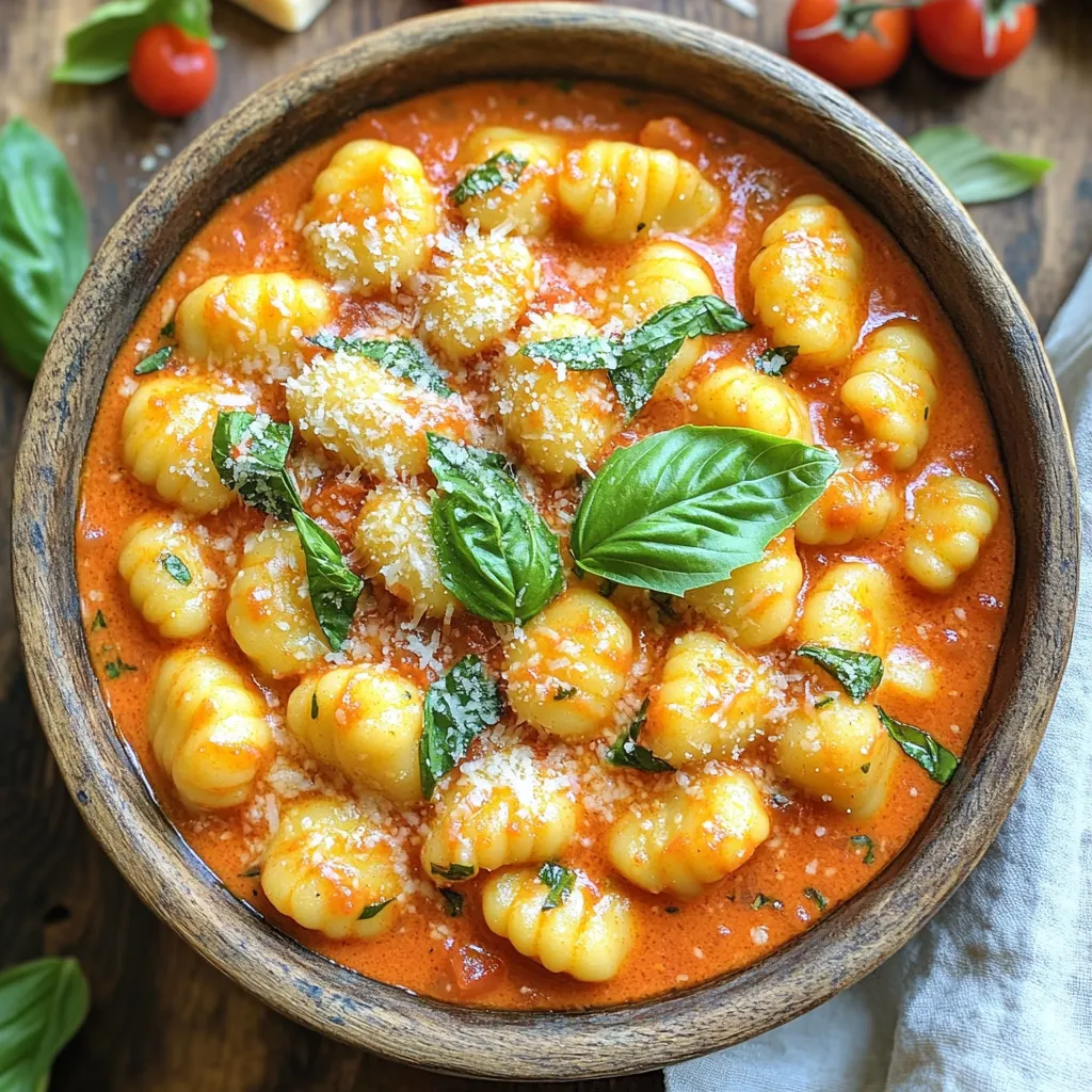 - 1 package (16 oz) potato gnocchi - 1 tablespoon olive oil - 3 cloves garlic, minced - 1 can (14 oz) diced tomatoes (with juices) - 1 cup vegetable broth - 1 cup heavy cream - 1 teaspoon dried oregano - ½ teaspoon red pepper flakes (optional) - Salt and black pepper to taste - 1 cup fresh basil leaves, chopped - ½ cup grated Parmesan cheese These ingredients create a rich and creamy dish. The gnocchi acts as a perfect base. The tomatoes add a sweet and tangy flavor. Garlic brings warmth and depth. Cream gives it that luscious texture. - ½ teaspoon smoked paprika - Fresh herbs like thyme or parsley - Additional vegetables (spinach or mushrooms) These extras can enhance the dish. Smoked paprika adds a nice smokiness. Fresh herbs give more brightness. Adding veggies boosts nutrition and flavor. - Large pot or high-sided skillet - Wooden spoon or spatula - Measuring cups and spoons - Knife and cutting board Using the right tools makes cooking easier. A large pot helps mix everything well. A wooden spoon is great for stirring without scratching your pot. These tools help you create this dish smoothly. First, gather your ingredients. You will need: - 1 package (16 oz) potato gnocchi - 1 tablespoon olive oil - 3 cloves garlic, minced - 1 can (14 oz) diced tomatoes (with juices) - 1 cup vegetable broth - 1 cup heavy cream - 1 teaspoon dried oregano - ½ teaspoon red pepper flakes (optional for heat) - Salt and black pepper to taste - 1 cup fresh basil leaves, chopped - ½ cup grated Parmesan cheese (plus more for serving) Next, chop the fresh basil and mince the garlic. This will add great flavor. 1. Heat the olive oil in a large pot over medium heat. 2. Add the minced garlic and sauté. Watch it closely; you only need about 30 seconds. 3. Pour in the diced tomatoes, juices included. Stir and let them soften for 2-3 minutes. 4. Add the vegetable broth and heavy cream. Stir well and bring to a gentle simmer. 5. Mix in the oregano, red pepper flakes, salt, and black pepper. Let it simmer for 5 minutes. 6. Now, add the gnocchi. Stir gently to cover them in the sauce. Cover the pot and cook for 3-5 minutes. The gnocchi will float when done. 7. Stir in the chopped basil and Parmesan cheese. Keep stirring until the cheese melts and the sauce is creamy. 8. Finally, remove it from the heat. Give it a gentle stir before serving. - Keep an eye on the garlic. It can burn quickly, so stir it often. - When simmering, don’t rush. Let the flavors mix well. - If the gnocchi isn’t floating after 5 minutes, give it a couple more minutes. - Adjust the seasoning to your taste before serving. This dish is quick, easy, and perfect for a cozy meal. Enjoy the creamy goodness! To get that silky feel in your dish, use heavy cream. It adds rich texture. You can also blend in some of the pasta cooking water. This will help the sauce cling to the gnocchi. If you want it creamier, add more cream. Just remember, balance is key. You can boost the taste in many ways. Use fresh garlic instead of garlic powder. Fresh herbs like basil add great flavor. Add a squeeze of lemon juice for brightness. If you like heat, use more red pepper flakes. Experiment with different spices too, like paprika or thyme. Don’t rush the sautéing of garlic. It should be fragrant but not brown. If you overcook the gnocchi, they can become mushy. Keep an eye on them as they cook. Also, avoid skipping the salt. It brings out all the flavors in your dish. Finally, don’t forget to taste as you go. This will ensure your dish is just right. {{image_2}} You can easily make this dish vegetarian or vegan. For a vegetarian twist, use vegetable broth. Replace the heavy cream with coconut milk or cashew cream to keep it creamy and rich. For a vegan option, skip the Parmesan cheese or use a plant-based cheese. Fresh basil and garlic still add amazing flavor. Want to add protein? Chicken works great! Simply cook diced chicken in the pot before adding the garlic. You can also use Italian sausage for a spicy kick. Cook it until browned, then add garlic and follow the recipe. If you prefer seafood, shrimp can be a tasty addition. Just toss it in with the gnocchi and cook until pink. For a gluten-free version, choose gluten-free gnocchi. These are widely available in stores. The rest of the ingredients are naturally gluten-free. Just ensure your broth and any added cheese are also gluten-free. This way, everyone can enjoy this creamy dish without worry. To keep leftovers fresh, place them in an airtight container. Let the dish cool first. Store it in the fridge for up to three days. If you want to enjoy it later, use these tips. You can freeze One-Pot Creamy Tomato Basil Gnocchi. Use a freezer-safe container for best results. Make sure to leave some space at the top for expansion. It will last for about three months. Label the container with the date to track freshness. To reheat, thaw the gnocchi in the fridge overnight first. Heat it in a pot over medium heat. Add a splash of vegetable broth or cream to keep it creamy. Stir gently until it's warm throughout. You can also use a microwave. Heat it in 30-second bursts, stirring in between. Enjoy your delicious meal again! Yes, you can use store-bought gnocchi. It saves time and tastes great. Look for fresh or frozen options. Both work well in this recipe. You can find them in the pasta aisle or the freezer section at your grocery store. Fresh gnocchi cooks faster, so check the package for cooking times. To make this dish dairy-free, swap heavy cream for coconut milk or a dairy-free cream. Use nutritional yeast instead of Parmesan cheese for a cheesy flavor. You can also add a bit of lemon juice for tang. This keeps the dish creamy and rich, without dairy. This dish pairs well with a simple salad. A green salad with mixed greens and vinaigrette works nicely. You can also serve garlic bread for a crunchy side. For a heartier meal, add grilled chicken or shrimp. These options balance the creamy flavors of the gnocchi. This blog post covered everything you need to create a delicious one-pot creamy tomato basil gnocchi. We looked at the main and optional ingredients, discussed useful kitchen tools, and followed step-by-step instructions for making this dish. Tips helped you avoid common mistakes and added extra flavor. You saw different variations and learned how to store leftovers properly. With this knowledge, you can cook with confidence. Now, enjoy crafting your meals and impressing your friends and family!