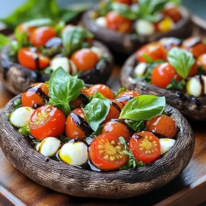 - 4 large portobello mushrooms, stems removed - 1 cup cherry tomatoes, halved - 1 cup fresh mozzarella balls, halved - 1/4 cup fresh basil leaves, chopped - 2 tablespoons balsamic glaze - 2 tablespoons olive oil - 2 cloves garlic, minced When I make Caprese stuffed portobello mushrooms, I love the bright flavors. The portobello mushrooms form a strong base. They hold the filling well and add a nice meaty taste. Next, I use sweet cherry tomatoes. When they bake, they burst with juice. I also add fresh mozzarella balls, which melt perfectly. The creamy cheese ties everything together. Fresh basil is key for this dish. It adds a pop of green and a lovely aroma. Balsamic glaze gives a sweet and tangy kick. Olive oil brings richness, while garlic adds depth. Together, these ingredients create a flavorful delight. - Salt and pepper - Fresh basil leaves for garnish Seasoning is also important. I add salt and pepper to boost the taste. For the finishing touch, I use fresh basil leaves as a garnish. This makes the dish look pretty and adds more flavor. You can also think about adding other herbs or spices if you wish. First, clean the portobello mushrooms. Use a damp cloth. Wipe off any dirt. Make sure to remove the stems from each mushroom. This step helps the mushrooms hold the filling well. Next, preheat your oven to 375°F (190°C). This temperature will help the mushrooms cook evenly. Now, it’s time to make the filling. In a bowl, combine the halved cherry tomatoes, mozzarella balls, and chopped basil. This mix gives the dish a fresh taste. Add two cloves of minced garlic for flavor. Pour in two tablespoons of balsamic glaze and two tablespoons of olive oil. Season with salt and pepper. Mix everything gently to ensure all ingredients blend well. Now, let’s stuff the mushrooms. Spoon the tomato and mozzarella mixture into each portobello cap. Fill them generously to the top. Drizzle a little extra olive oil over the stuffed mushrooms. This adds more flavor while baking. Place the baking tray in the oven. Bake for about 20 minutes. The mushrooms should be tender, and the cheese should melt and bubble. Once done, remove them from the oven. Let them cool slightly. Garnish with fresh basil leaves before serving. Enjoy your delicious Caprese stuffed portobello mushrooms! Choosing the right mushrooms Pick large portobello mushrooms. They hold the filling well. Look for firm caps with no spots. This ensures a great texture. Fresh mushrooms taste better and are healthy. Optimal baking techniques Preheat your oven to 375°F (190°C). This helps mushrooms cook evenly. Line your baking tray with parchment paper. This makes cleaning easy. Place mushrooms gill side up. This keeps the filling in. Bake for about 20 minutes. The mushrooms should be tender, and cheese should melt. Serving on a platter Arrange the stuffed mushrooms on a nice platter. It makes the dish look fancy. Use a large plate that fits all mushrooms. This way, guests can see the colors and textures. Drizzling balsamic glaze for decoration Use balsamic glaze for a lovely finish. Drizzle it over the mushrooms just before serving. This adds flavor and looks great. Sprinkle extra fresh basil around the dish. It brings a pop of color and freshness. Enjoy your meal! {{image_2}} If you want to switch things up, try different cheeses. Instead of fresh mozzarella, use burrata for a creamier texture. You can also use feta or goat cheese if you like bolder flavors. Adding vegetables can enhance the dish. Try bell peppers, zucchini, or spinach for extra color and nutrients. Fresh herbs like parsley or oregano can also bring new layers of flavor. For a vegan version, swap out the mozzarella for vegan cheese or creamy cashew cheese. You can also skip the cheese entirely and use more veggies. If you need a gluten-free option, stick with the mushrooms as your base. Ensure any balsamic glaze you use is gluten-free. You can also serve these with a side salad to keep your meal light and fresh. To keep your Caprese stuffed portobello mushrooms fresh, follow these tips: - Store in an airtight container. This helps keep moisture in and flavors intact. - Place in the fridge. They can last up to three days. - For longer storage, freeze the mushrooms. Wrap them tightly in plastic wrap. - Use a freezer-safe bag or container. This prevents freezer burn. To enjoy your leftovers, you can reheat them easily: - Use the oven. Preheat it to 350°F (175°C). Place mushrooms on a baking tray. - Heat for 10 to 15 minutes. This keeps the mushrooms tender and the cheese melty. - You can also use a microwave. Place on a microwave-safe plate. Heat for 1 to 2 minutes. - Check the center to ensure it's warm. Enjoy your mushrooms again! Can I make these mushrooms ahead of time? Yes, you can prepare the filling ahead. Store it in the fridge for up to a day. Just stuff the mushrooms just before baking. This keeps them fresh and tasty. What can I serve with stuffed portobello mushrooms? These stuffed mushrooms pair well with a green salad. You can also serve them with crusty bread or garlic bread. A light pasta dish or grilled veggies work great too. How do I know when the mushrooms are done baking? The mushrooms are done when they are soft and tender. The cheese should be melted and bubbly. If the mushrooms look golden brown and smell amazing, they are ready to enjoy! Caprese stuffed Portobello mushrooms are simple and tasty. You learned the best ingredients, like fresh mozzarella and basil. I shared step-by-step instructions to prepare, assemble, and bake. We also explored tips for perfect cooking and serving. For those who want to experiment, you have options for substitutions and dietary needs. Store and reheat leftovers to enjoy later. Now, go ahead and make these stuffed mushrooms. They are sure to impress anyone who tries them!