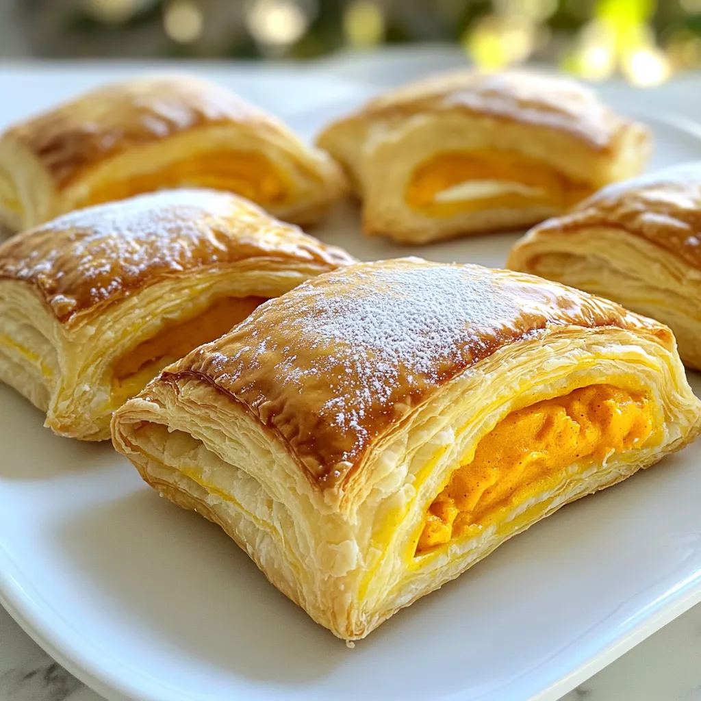 To make pumpkin cream cheese danish, you need a few key items. Here’s the list: - 1 sheet of puff pastry, thawed - 8 oz cream cheese, softened - ½ cup pumpkin puree (canned or fresh) - ¼ cup granulated sugar - 1 teaspoon vanilla extract - 1 teaspoon pumpkin pie spice - 1 egg, beaten (for egg wash) - 1 tablespoon confectioners' sugar (for dusting) These simple ingredients come together to create a rich and creamy filling. The puff pastry adds a flaky and buttery texture, making each bite a delight. You will need a few basic tools to make these danishes. Gather these items: - Baking sheet - Parchment paper - Rolling pin - Medium mixing bowl - Measuring cups and spoons - Pastry brush - Knife or pizza cutter Having these tools ready will make your process smooth and easy. Feel free to customize your danish with some optional ingredients. Here are some tasty ideas: - Chopped nuts, like walnuts or pecans, for crunch - Chocolate chips for a sweet twist - Cream cheese frosting for a richer topping - A pinch of salt to enhance the flavors These little changes can make your danish even more special. Mix and match to find your favorite! First, preheat your oven to 400°F (200°C). This step is key for a nice bake. Line a baking sheet with parchment paper to prevent sticking. Next, roll out the thawed puff pastry on a floured surface. Aim for about ⅛-inch thick. Cut the pastry into rectangles, about 4x6 inches. In a medium bowl, mix the softened cream cheese and pumpkin puree. Add ¼ cup of granulated sugar, 1 teaspoon of vanilla extract, and 1 teaspoon of pumpkin pie spice. Stir until the mixture is smooth. It should smell amazing! Place a generous spoonful of the pumpkin cream cheese mixture in the center of each pastry rectangle. Fold the edges over the filling. Pinch to seal and make a small pocket. You can also fold the pastry into a triangle shape. Brush the tops with the beaten egg for a golden finish. Now, bake in your preheated oven for 15 to 18 minutes. Look for a puffed and golden brown color. Once done, let the danishes cool slightly. Dust them with confectioners' sugar before serving to add a sweet touch. Use fresh cream cheese for a smooth mixture. It helps the filling taste rich and creamy. Ensure your puff pastry is well-thawed for easy rolling. If you want a flaky texture, avoid overworking the dough. Serve these danishes warm for the best flavor. They make a fantastic breakfast or snack! To get the best puff pastry, start with a good quality sheet. Thaw it in the fridge to keep it cold. Roll it out gently on a floured surface. Aim for about ⅛-inch thick. This thickness helps it puff nicely. Cut the pastry into rectangles, about 4x6 inches. This size holds the filling well without spilling. Make sure your oven is at 400°F (200°C) before baking. Preheating helps the pastry rise quickly. When you bake, space the danishes apart on the baking sheet. This allows hot air to circulate. Watch for a golden brown color. This means they are done! The cream cheese mixture is key to this treat. Start with softened cream cheese. It mixes better and becomes smooth. Add pumpkin puree, granulated sugar, vanilla extract, and pumpkin pie spice. Mix until combined and creamy. Don't skip the pumpkin pie spice! It adds warmth and flavor. Taste the mixture before filling the pastry. Adjust sweetness if needed. If you want a richer flavor, add a bit more vanilla. This will enhance the overall taste. Enjoy your danishes warm or at room temperature. They taste great on their own. For extra flair, serve with a drizzle of caramel sauce. This adds sweetness and richness. Pair them with a hot drink like coffee or tea. The flavors complement each other perfectly. For a fun twist, try adding chopped nuts on top before baking. They add crunch and flavor. Dust the cooled danishes with confectioners' sugar for a sweet finish. {{image_2}} You can change the flavor of your Pumpkin Cream Cheese Danish easily. Try adding nuts like pecans or walnuts for a crunchy texture. Chopped chocolate or chocolate chips can add a rich flavor. You might also swap pumpkin pie spice for cinnamon or nutmeg for a different taste. Each option brings a new twist to this fall treat. If you need gluten-free options, use gluten-free puff pastry. Many stores sell this option now. You can also make a dairy-free version. Just swap the cream cheese for a dairy-free cream cheese. Pumpkin puree is naturally dairy-free, so you are already on the right track! While puff pastry is delicious, you can try other types too. Use crescent roll dough for a softer texture. A flaky pie crust can also work well for a different taste. Each type of pastry changes the danish but keeps it just as tasty. Experiment and find your favorite! After you enjoy your Pumpkin Cream Cheese Danish, store any leftovers in the fridge. Place them in an airtight container. This keeps them fresh for up to three days. If you don’t have a container, wrap them tightly in plastic wrap. Make sure they are cool before wrapping to avoid sogginess. You can freeze these danishes if you want to save some for later. First, let them cool completely. Then, wrap each danish in plastic wrap. Place them in a freezer-safe bag or container. They can last in the freezer for up to three months. When you’re ready to eat one, just take it out and let it thaw in the fridge overnight. To reheat your Pumpkin Cream Cheese Danish, preheat your oven to 350°F (175°C). Place the danish on a baking sheet. Heat for about 10 minutes or until warm. This will help keep the pastry crisp. You can also use a microwave, but the pastry might get soft. If using a microwave, heat for 20-30 seconds at a time, checking often. Enjoy your warm danish as a tasty treat! Yes, you can use homemade pumpkin puree. Just make sure it is smooth and thick. If it is too watery, it may affect the filling's texture. To make homemade pumpkin puree, cook a pumpkin, scoop out the flesh, and blend until smooth. These danishes last for about 2-3 days at room temperature. Keep them in an airtight container to keep them fresh. You can also store them in the fridge for up to a week. Just make sure to reheat them before serving for the best taste. Absolutely! You can make the pumpkin cream cheese filling a day ahead. Store it in an airtight container in the fridge. When you're ready to bake, just fill your pastry and follow the rest of the steps. This saves time and makes baking easier! This blog post covered how to make a delicious Pumpkin Cream Cheese Danish. We explored essential ingredients and useful tools. I shared step-by-step instructions for preparation and baking. You'll find tips for perfect puff pastry and serving ideas. We also covered fun flavor variations and dietary options. Remember, proper storage keeps your danishes fresh. Use this guide to bake, enjoy, and share your treats with others. Baking should be fun, so try new flavors and enjoy the process!