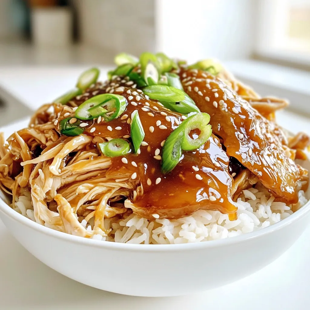 - 4 boneless, skinless chicken thighs - ¼ cup honey - ¼ cup low sodium soy sauce - 4 cloves garlic, minced - 1 tablespoon fresh ginger, grated - 1 tablespoon apple cider vinegar - 1 teaspoon sesame oil - 1 cup chicken broth - ½ teaspoon black pepper - 2 tablespoons cornstarch - 2 tablespoons water - Sliced green onions and sesame seeds When you make Slow Cooker Honey Garlic Chicken, you want the best flavors. Start with fresh chicken thighs. They stay juicy and tender. Honey adds sweetness, while soy sauce gives a salty kick. Garlic and ginger bring in a rich taste. Use low sodium soy sauce to keep it balanced. You can add apple cider vinegar. It gives a nice tang that cuts through the sweetness. The sesame oil adds a hint of nuttiness. Chicken broth keeps everything moist and flavorful. For finishing touches, black pepper gives a little heat. Cornstarch thickens the sauce to make it rich. Mix cornstarch with water for a smooth slurry. Finally, sliced green onions and sesame seeds bring color and crunch to your dish. They make the meal look great and taste even better! Whisk together these ingredients in a medium bowl: - ¼ cup honey - ¼ cup low sodium soy sauce - 4 cloves garlic, minced - 1 tablespoon fresh ginger, grated - 1 tablespoon apple cider vinegar - 1 teaspoon sesame oil - 1 cup chicken broth - ½ teaspoon black pepper Mix until smooth. This sauce brings sweet and savory flavors together. It coats the chicken well, making every bite delicious. Place 4 boneless, skinless chicken thighs in the slow cooker. Pour the honey garlic sauce over the chicken. Be sure to cover the chicken completely. Once done, cover the slow cooker. Cook on low for 6-7 hours or high for 3-4 hours. The chicken should be tender and juicy when finished. After cooking, carefully remove the chicken thighs. Use two forks to shred the chicken into bite-sized pieces. Set this aside. In a small bowl, mix 2 tablespoons of cornstarch with 2 tablespoons of water to create a slurry. Pour the slurry into the slow cooker and stir well. Set the slow cooker to high for 15-20 minutes to thicken the sauce. Return the shredded chicken back into the slow cooker. Mix it with the thickened sauce and heat for another 5 minutes. - Choose boneless, skinless chicken thighs for best results. They stay juicy and tender. - Adjust the cooking time based on your slow cooker model. Each one cooks a bit differently. - Serve the honey garlic chicken over cooked rice or steamed vegetables for a tasty meal. - Add garnishes like sliced green onions and sesame seeds for extra flavor and crunch. - Use maple syrup instead of honey for a different flavor profile. It adds a nice twist. - Substitute chicken broth with vegetable broth for a lighter option. This keeps it fresh and bright. {{image_2}} Want some heat? You can easily spice things up! Add red pepper flakes or sriracha to the sauce. Start with a pinch and taste. If you want more kick, add a little more. This adds a fun twist to your dish. Make this meal even better by adding vegetables. Toss in bell peppers and carrots for color and crunch. You can add other veggies too, like broccoli or snap peas. This not only makes the dish look nice but gives it more taste and nutrition. If you're watching carbs, try cauliflower rice. It’s a great substitute for traditional rice. Just steam or sauté the cauliflower rice before serving. It will soak up the honey garlic sauce well. Plus, it keeps your meal light and healthy. Store any leftover honey garlic chicken in an airtight container. It stays fresh for 3-4 days. Just make sure to let it cool before sealing. This helps keep the flavors intact and prevents sogginess. If you want to save it longer, freeze the chicken in a suitable container. It will last up to 3 months in the freezer. Remember to label the container with the date. This keeps track of how long it’s been stored. To enjoy your leftovers, reheat them in the microwave or on the stovetop. Heat until warmed through. Stir often to ensure even heating. If the sauce seems thick, add a splash of water or broth to loosen it up. Yes, chicken breasts can be used, but adjust the cook time as needed. Chicken breasts cook faster than thighs. If you use breasts, check them earlier. Aim for a soft, juicy texture. The sauce will still add great flavor. Use a meat thermometer; chicken should reach an internal temperature of 165°F. Insert the thermometer into the thickest part of the chicken. This ensures it is safe to eat. If it is not at 165°F, cook it longer. Yes, you can prepare the sauce and chicken ahead of time and cook later. Just mix the sauce and marinate the chicken. Store them in the fridge until you are ready to cook. This saves time on busy days. This recipe delivers quick, tasty slow-cooked honey garlic chicken. You learned the main ingredients, preparation steps, and how to store leftovers. My tips and variations show how to suit your tastes. Try serving it with rice or veggies for a meal that is both simple and satisfying. With these easy instructions, you can impress anyone at your table. Enjoy cooking and creating your version of this dish!