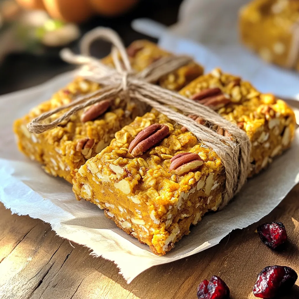 To make delicious pumpkin pecan granola bars, you need these simple ingredients: - 2 cups rolled oats - 1 cup canned pumpkin puree - ½ cup natural almond butter - ½ cup maple syrup - ½ teaspoon vanilla extract - ¼ teaspoon salt - 1 teaspoon ground cinnamon - ½ teaspoon ground nutmeg - ½ cup chopped pecans - ¼ cup dried cranberries (optional) If you need to swap out any ingredients, here are some options: - Almond butter: You can use peanut butter or sunflower seed butter. - Maple syrup: Honey or agave syrup work well too. - Rolled oats: Quick oats can be used, but the texture may differ. - Canned pumpkin puree: You can use fresh pumpkin puree if you prefer. These alternatives keep the taste great while catering to your needs. These pumpkin pecan granola bars are healthy and satisfying. Here is a quick look at their nutrition: - Calories: About 180 per bar - Protein: 4 grams - Fat: 7 grams - Carbohydrates: 28 grams - Fiber: 3 grams These bars are a good source of fiber and healthy fats, making them a great snack or breakfast option. Enjoy your tasty treat! First, gather all your ingredients. You will need rolled oats, pumpkin puree, almond butter, maple syrup, vanilla extract, salt, cinnamon, nutmeg, chopped pecans, and dried cranberries if you like. 1. Preheat your oven to 350°F (175°C). This makes sure the bars bake evenly. 2. Line an 8x8 inch baking dish with parchment paper. Leave some paper hanging over the sides. This helps you lift the bars out later. 3. In a large bowl, mix the rolled oats, cinnamon, nutmeg, and salt. Stir them well to combine. Next, make your wet mixture. 1. In another bowl, mix the pumpkin puree, almond butter, maple syrup, and vanilla extract. Stir until it is smooth. 2. Pour this wet mix into the bowl with the dry ingredients. Mix well until all the oats are coated. 3. Now, fold in the chopped pecans and dried cranberries if you are using them. 4. Transfer this mixture into the lined baking dish. Press it down firmly. Make sure it forms an even layer. 5. Bake it for 25–30 minutes. Look for golden brown edges. After baking, let the pan cool for about 10 minutes. 1. Use the parchment paper to lift the bars out of the pan. 2. Place them on a wire rack to cool completely. 3. Once they are cool, cut the bars into your desired size. These steps ensure that your pumpkin pecan granola bars turn out tasty and easy to enjoy! To make the best pumpkin pecan granola bars, start with fresh ingredients. Use rolled oats that are whole and not quick oats. This gives the bars a nice chewy texture. Mix the wet and dry ingredients well. This ensures every oat gets coated in the pumpkin and almond butter mix. Press the mixture firmly into the pan. This helps the bars hold together when baked. Bake until the edges turn golden brown. This is key to getting a perfect texture. Store your granola bars in an airtight container. They stay fresh for up to one week at room temperature. For longer storage, place them in the fridge. You can also freeze the bars. Wrap each one in parchment paper for easy grabbing later. Serve them with tea or coffee for a tasty treat. For a fun touch, tie the bars with twine. It looks rustic and makes a great gift. Feel free to change up the recipe! You can swap pecans for walnuts or almonds. If you like more fruit, add raisins or chopped dates. To make it sweeter, mix in chocolate chips. You can also use different spices like ginger or allspice for a new flavor. For a nut-free option, use sunflower seed butter instead of almond butter. The possibilities are endless! {{image_2}} You can switch up the ingredients based on the season. In fall, use fresh pumpkin. In spring, try using mashed bananas. For summer, consider substituting with fresh berries. Each swap brings a new taste to your bars. Want to mix it up? Try adding dark chocolate chips for a sweet kick. You can also use different nuts like walnuts or almonds. For a spicier flavor, add a pinch of ginger or cloves. These changes create unique taste profiles. To make these bars gluten-free, use certified gluten-free oats. For a vegan version, swap almond butter with sunflower seed butter. You can also replace maple syrup with agave nectar. These adjustments keep the bars tasty and suitable for all diets. To keep your pumpkin pecan granola bars fresh, store them in an airtight container. This helps prevent them from becoming stale. You can layer parchment paper between bars to stop them from sticking together. I recommend keeping them at room temperature for up to a week. If you live in a warm area, the fridge is a good choice. If you want to keep your granola bars longer, freezing is a great option. First, cut the bars into squares. Then, wrap each bar tightly in plastic wrap. Place the wrapped bars in a freezer bag or container. They can last in the freezer for up to three months. When you want to enjoy one, just thaw it in the fridge overnight or at room temperature for a few hours. These granola bars have a shelf life of about a week at room temperature. If you notice any change in smell, color, or texture, it’s best to toss them. Look for signs like a hard or dry texture. If they feel sticky or smell off, don’t eat them. Keeping an eye on these signs ensures you enjoy your tasty treats at their best! To make your granola bars chewier, you can add more sticky ingredients. Use extra almond butter or maple syrup. This will help bind the oats together more firmly. You can also try adding mashed bananas or applesauce for added moisture. Press the mixture down tightly in the pan before baking to keep them dense. Yes, you can omit the nuts or switch them out. If you are not a fan of pecans, try walnuts or almonds. You could also use seeds like pumpkin or sunflower seeds. Just keep the total amount the same, so your bars stay balanced. This gives you flexibility based on your taste or allergies. Pumpkin pecan granola bars pair well with many items. Try them with yogurt for a tasty breakfast. They also go great with a cup of tea or coffee. For a fun snack, serve them with fresh fruit. You can even crumble them over ice cream for dessert. Enjoy how they complement other flavors! This blog post covered how to make delicious granola bars. We listed all the ingredients and offered swaps for those you may not have. I explained each step clearly, so you can easily bake them. You also learned helpful tips for storage and serving. Creating your own bars lets you customize flavors and textures. Remember, your options are endless. Enjoy making tasty snacks that fit your needs!