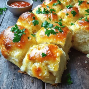 - 3 cups all-purpose flour - 1 packet (2 ¼ teaspoons) active dry yeast - 1 cup warm milk - ¼ cup granulated sugar - ¼ cup unsalted butter, melted - 1 teaspoon salt - 1 teaspoon garlic powder - ½ cup unsalted butter, softened - 4 cloves garlic, minced - ¼ cup fresh parsley, chopped - ½ teaspoon Italian seasoning - ¼ cup grated Parmesan cheese (optional) To make Buttery Garlic Pull Apart Bread, gather all your ingredients first. Freshness matters! Use warm milk, around 110°F or 43°C, to wake up the yeast. The sugar helps the yeast grow, creating a nice fluffy bread. You'll need three cups of all-purpose flour. It gives the bread a great texture. Salt and garlic powder enhance the taste. Butter adds richness, while parsley and Italian seasoning give it that fresh, herby kick. For a cheesy twist, sprinkle grated Parmesan on top. It’s optional, but I highly recommend it. With these simple ingredients, you’re on your way to making a bread that everyone will love! To start, you need to activate the yeast. In a small bowl, mix warm milk and sugar. Add the yeast and let it sit for 5-10 minutes. It should get frothy. This shows the yeast is alive, ready to help your bread rise. Next, take a large mixing bowl. Combine all-purpose flour, salt, and garlic powder. Then, pour in the melted butter and the frothy yeast mixture. Mix until a dough starts to form. Now, knead the dough on a floured surface for about 5-7 minutes. This makes the dough smooth and elastic. Once kneaded, place the dough in a greased bowl. Cover it with a kitchen towel. Let the dough rise in a warm spot for about 1 hour. It should double in size, which means the yeast is working hard. While the dough rises, prepare the garlic butter mixture. In a separate bowl, mix softened butter, minced garlic, chopped parsley, and Italian seasoning. This mix adds great flavor to your bread. After the dough has risen, punch it down gently. Tear off small pieces, each about the size of a golf ball. Roll each piece into a ball and dip it into the garlic butter mixture, coating it well. This step makes sure every bite is packed with flavor. Now it’s time to arrange the dough balls. Place them in a greased bundt pan or a round cake pan. Layer them slightly as you go. If you want, sprinkle grated Parmesan cheese over the top for an extra treat. Cover the pan again and let the dough rise for another 30 minutes. This gives it a chance to puff up even more. Preheat your oven to 350°F (175°C). When the dough has risen, bake it for 25-30 minutes. It should be golden brown, and a toothpick inserted in the center should come out clean. Let it cool for a bit before serving. Enjoy your warm, buttery garlic pull apart bread! To know when your dough is kneaded enough, look for a smooth texture. It should spring back when poked. Knead the dough for about 5 to 7 minutes. If it feels sticky, add a little flour. For the best rise, keep your dough warm. The ideal temperature is around 80°F to 90°F. Let it rise for about an hour or until it doubles in size. Cover it with a towel to keep it cozy. You can add herbs like rosemary or thyme for extra taste. A pinch of red pepper flakes gives a nice kick. Mix in your favorite spices to the garlic butter too. For the garlic butter, use fresh garlic for the best flavor. Soften the butter well before mixing. This helps the garlic blend in perfectly. Let the mixture sit for a few minutes to develop a richer taste. Serve your bread warm with marinara sauce for dipping. The rich sauce pairs well with the garlic flavor. You can also sprinkle extra parsley on top for color. Grating some Parmesan cheese over the bread adds a nice touch. It melts slightly and creates a tasty crust. Enjoy this delightful bread as a snack or side dish. {{image_2}} You can switch up the cheese in this bread. Mozzarella gives a nice stretch. Cheddar adds a sharp flavor. Feta brings a salty and tangy taste. Each choice makes the bread unique and tasty. Herbs add great flavor. Rosemary gives a woodsy note. Thyme has a mild flavor that pairs well. Oregano adds a touch of sweetness. Try different herb blends to find what you love best. You can add veggies for extra flavor and nutrition. Spinach adds a pop of green and softness. Sun-dried tomatoes bring a sweet and tangy kick. Bell peppers add crunch and color. Mix and match to create your perfect pull-apart bread! To keep your Buttery Garlic Pull Apart Bread fresh, use these steps: - Refrigerate: Wrap the bread in plastic wrap or foil. Place it in an airtight container. This way, it stays soft for up to 3 days. - Freeze: Slice the bread first. Wrap each slice in plastic wrap, then place them in a freezer bag. It can last up to 3 months in the freezer. When you want to enjoy leftovers, reheat them gently. - Reheating: Preheat your oven to 350°F (175°C). Place the bread on a baking sheet. Warm it for about 10-15 minutes. This method keeps the bread soft and tasty. The shelf life of your bread depends on storage. - Refrigerated: Buttery Garlic Pull Apart Bread stays fresh for about 3 days. - Frozen: If you freeze it, the bread stays good for up to 3 months. Just remember to wrap it well. To make this bread vegan, you can swap out a few key ingredients. Use plant-based milk in place of regular milk. Coconut, almond, or soy milk work well. Replace the unsalted butter with vegan butter or olive oil. Also, ensure the yeast is vegan-friendly, which most are. These changes will keep the rich flavor while making it plant-based. Yes, you can use whole wheat flour. It adds a nutty flavor and more fiber. However, whole wheat flour absorbs more liquid. You may need to add a bit more warm milk to get the right dough texture. Start with an extra tablespoon or two if needed. To reheat leftover bread, wrap it in foil. Place it in a preheated oven at 350°F (175°C) for about 10-15 minutes. This method keeps the bread warm and soft. You can also microwave it for 15-20 seconds, but it may become a bit chewy. Yes, you can prepare the dough ahead of time. After kneading, let the dough rise as usual. Once it has risen, punch it down and shape it into balls. Place the balls in the pan and cover them tightly. You can store it in the fridge overnight. Just let it come to room temperature before baking. To keep your bread moist, avoid overbaking. Check for doneness a few minutes early. Also, brush melted butter on top after baking. This adds flavor and moisture. Storing the bread in an airtight container helps retain its softness for longer. We covered many steps to make Buttery Garlic Pull Apart Bread. You learned the needed ingredients, which equipment to use, and how to prepare the dough. I shared tips for flavor and ways to store leftovers. Remember, you can play with different cheeses and herbs. Be creative! Whether for a party or a family meal, this bread is sure to impress. Now, it’s your turn to bake and enjoy!