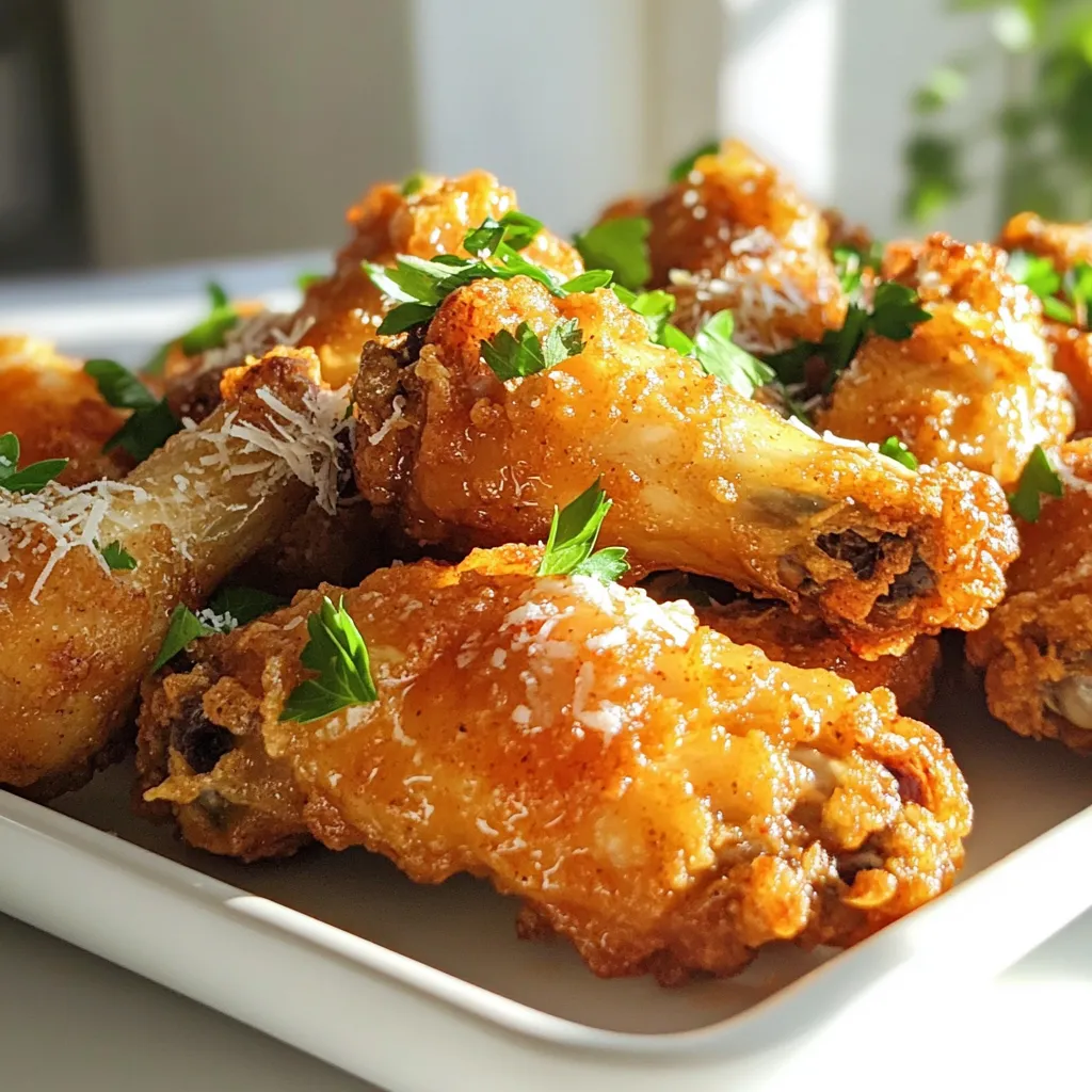 - 2 pounds of chicken wings - 1 cup of buttermilk - Seasonings: cayenne pepper, garlic powder, onion powder, salt, and pepper For buttermilk fried chicken wings, the main ingredients are simple yet flavorful. The chicken wings provide the base, while the buttermilk adds moisture and tang. The seasonings enhance the taste, giving it a spicy kick with cayenne pepper and a savory touch with garlic and onion powder. Salt and pepper are essential to bring everything together. - 1 cup all-purpose flour - 1 teaspoon baking powder - Additional salt and pepper When dredging the wings, use all-purpose flour mixed with baking powder. The flour helps create a crispy coating. The baking powder makes the crust light and airy. Adding salt and pepper enhances the flavor of the crust, ensuring every bite is tasty. - ½ cup unsalted butter - 4 cloves of minced garlic - ½ cup grated Parmesan cheese - 2 tablespoons fresh parsley - 1 tablespoon lemon juice The garlic Parmesan glaze is where the magic happens. Start with unsalted butter, melting it to create a rich base. Minced garlic adds a strong flavor, while grated Parmesan cheese brings creaminess and umami. Fresh parsley adds a pop of color, and lemon juice gives brightness to the sauce. This glaze coats the wings beautifully, making them irresistible. First, gather your chicken wings, buttermilk, and seasonings. In a large bowl, combine them well. Make sure each wing is fully coated in the buttermilk. This step is key for juicy and tender wings. Cover the bowl and refrigerate them for at least 2 hours. If you have time, marinating overnight gives the best flavor. While the wings marinate, you can prepare the dredging mixture. Take another bowl and whisk together the flour, baking powder, and a pinch of salt and pepper. This mix will give the wings a crispy outer layer when fried. Make sure there are no lumps in the flour for even coating. Next, heat your oil to 350°F (175°C). You can use a deep fryer or a large pot. Carefully remove the wings from the buttermilk. Let any excess liquid drip off. Dredge each wing in the flour mixture, ensuring they are fully coated. Shake off the extra flour. Fry the wings in batches for 8-10 minutes. They should be golden brown and reach an internal temperature of 165°F (75°C). Once done, place the wings on paper towels to drain excess oil. For the glaze, melt butter in a small saucepan over medium heat. Add the minced garlic and sauté until it becomes fragrant, which takes about 1-2 minutes. Remove from heat and stir in the grated Parmesan cheese, chopped parsley, and lemon juice. This mix offers a rich, savory flavor that pairs perfectly with the wings. In a large bowl, toss your fried chicken wings with the garlic Parmesan glaze. Make sure each wing is fully coated in the glaze. Transfer them to a serving platter. You can garnish with extra parsley or freshly grated Parmesan for a nice touch. Your wings are now ready to enjoy! For the best flavor, marinate the wings for at least 2 hours. I often marinate overnight. This gives the buttermilk time to tenderize the meat. It also allows the spices to seep in deeply. When cutting the wings, use a sharp knife. Cut at the joint for even sizes. This helps them cook evenly. If you want, use kitchen shears for a quicker cut. Fry the wings in small batches. This prevents sogginess. Too many wings at once cool the oil. Keep the oil temperature at 350°F (175°C). A thermometer helps to check this. Use a deep pot or fryer for the best results. The wings need room to float. Always let excess batter drip off before frying. This keeps them crispy. You can change the glaze if you want. Try adding hot sauce for some heat. Use smoked paprika for a different flavor twist. If you like less spice, cut back on cayenne. You can also add honey for sweetness. Adjust the garlic for more or less flavor. Taste as you go to find your perfect mix. {{image_2}} You can switch up the flavor of your wings with different glazes. Spicy buffalo glaze is a great choice if you love heat. Mix hot sauce with melted butter for a classic taste. Toss the fried wings in this mix for a fiery kick. Another tasty option is a honey mustard glaze. Combine honey, Dijon mustard, and a touch of vinegar. This mix gives a sweet and tangy flavor that pairs well with the crispy wings. Drizzle it on or toss the wings in the glaze for a mouthwatering treat. If you want a healthier version, try baking the wings. Preheat your oven to 400°F (200°C). Place the dredged wings on a baking sheet with parchment paper. Bake for about 40-45 minutes until crispy, flipping halfway through. This method gives you golden wings without the oil. For a quick option, use an air fryer. Preheat the air fryer to 375°F (190°C). Cook the wings in batches for about 25-30 minutes, shaking the basket halfway through. This method keeps them crispy while cutting down on cooking time. These wings shine when paired with dips. Ranch or blue cheese dressing complements the garlic Parmesan glaze well. You can also serve them with celery and carrot sticks for a crunchy side. For side dishes, consider coleslaw or potato wedges. Coleslaw adds a fresh crunch, while potato wedges offer a hearty option. Both sides balance the richness of the wings and make your meal complete. To keep your chicken wings fresh, refrigerate them right away. Place the wings in an airtight container. You can also wrap them tightly in plastic wrap. This will help keep them moist and tasty. For the best results, reheat your wings in an oven. Preheat the oven to 375°F (190°C). Place the wings on a baking sheet. Heat them for about 10-15 minutes. This method helps them stay crispy. You can also use an air fryer. Set it to 350°F (175°C) and heat for 5-7 minutes. You can freeze wings before or after frying. If freezing raw, marinate them in buttermilk first. Then, place them in a freezer-safe bag. If freezing cooked wings, let them cool completely. Store them in a freezer-safe container or bag. They can be frozen for up to three months. Yes, you can use frozen chicken wings. Just remember to thaw them first. Thawing helps them cook evenly. If you skip this step, they may cook on the outside while staying raw inside. If you don’t have buttermilk, use milk with vinegar or lemon juice. Mix one cup of milk with one tablespoon of vinegar or lemon juice. Let it sit for five minutes. This creates a tangy flavor like buttermilk. Check the internal temperature of the wings. Use a meat thermometer to ensure they reach 165°F (75°C). Insert the thermometer into the thickest part of the wing. This assures they are safe to eat. Yes, you can use gluten-free flour instead of all-purpose flour. Look for gluten-free all-purpose flour blends. They work well for dredging your wings. You can also try almond flour for a different flavor. In this post, we explored how to make delicious buttermilk fried chicken wings. We covered main ingredients, marinating, frying, and making a tasty garlic Parmesan glaze. I also shared tips for perfecting your wings and options for different glazes and cooking methods. Remember, the secret to great wings lies in the marinade and cooking technique. Whether you fry, bake, or air fry, you can create a tasty dish. Enjoy experimenting with flavors and serve your wings with sides and dips. Happy cooking!