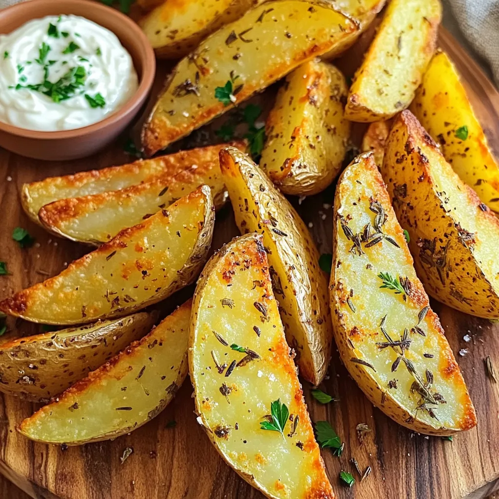 - 4 medium-sized russet potatoes - 3 tablespoons olive oil - 4 cloves garlic, minced - 1 tablespoon dried thyme - 1 tablespoon dried rosemary - 1 teaspoon paprika - Salt and pepper to taste - Fresh parsley, chopped (for garnish) Gathering the right ingredients is key to making these tasty potato wedges. Start with four medium-sized russet potatoes. They give a nice balance of starch and flavor. Use three tablespoons of olive oil to coat the wedges. The oil helps achieve that crispy texture you'll love. Next, you'll need four cloves of minced garlic. Garlic adds a punchy flavor that pairs well with herbs. For the herb mix, grab one tablespoon each of dried thyme and dried rosemary. These herbs bring a warm, earthy taste to the dish. Don't forget one teaspoon of paprika for color and a hint of smokiness. Finally, season with salt and pepper to taste. These simple spices elevate all the flavors. To finish, use fresh parsley for garnish. It adds a pop of color and freshness right before serving. By gathering these ingredients, you set the stage for a delicious meal that everyone will enjoy. Start by washing and scrubbing the russet potatoes. This step removes dirt and ensures a clean surface. Next, cut each potato in half lengthwise. Then, slice each half into three wedges. You will have six wedges per potato. Aim for even sizes to help them cook uniformly. In a large bowl, combine three tablespoons of olive oil, four minced garlic cloves, one tablespoon of dried thyme, one tablespoon of dried rosemary, one teaspoon of paprika, and salt and pepper to taste. Stir well until the mix is smooth and all the herbs are evenly spread. This mixture will give your wedges great flavor. Now, add the potato wedges to the seasoning bowl. Toss them gently but thoroughly. Make sure every wedge is coated in the garlic herb mix. This step is crucial for flavor, so take your time. Each bite should burst with taste. Preheat your air fryer to 400°F (200°C) for about five minutes. This helps the potatoes start cooking right away. Place the coated wedges in the fryer basket in a single layer. Avoid overcrowding, as this can lead to uneven cooking. Cook them in batches if needed. Air fry the wedges for 15-20 minutes. Remember to shake the basket halfway through cooking. This ensures they brown evenly and become crispy. Once cooked, remove the wedges from the air fryer. Let them cool for a minute before serving. To make them look great, garnish with freshly chopped parsley. This adds a nice pop of color and freshness. Serve them with your favorite dipping sauce, like garlic aioli or sriracha mayo. Enjoy your crispy delight! To make those potato wedges crispy, set your air fryer to 400°F. This high heat helps to give them a nice crunch. Cook for about 15-20 minutes. You can check for doneness by looking for a golden color. If they’re not golden enough, cook them a few more minutes. Remember, air fryers can vary, so keep an eye on them! Shaking the basket is key for even cooking. Halfway through cooking, take out the basket and shake it gently. This movement helps to turn the wedges around, so all sides cook evenly. You can also use a spatula to flip them if you prefer. Doing this ensures every wedge gets that perfect crisp. For dipping, I love serving these potato wedges with garlic aioli or sriracha mayo. The creamy aioli pairs well with the garlic flavor. If you want some heat, the sriracha mayo adds a nice kick! You can also try ketchup or ranch for a classic touch. Serve them on a rustic board for a fun presentation. {{image_2}} You can change the flavors of your potato wedges easily. Try fresh herbs like basil, cilantro, or dill. Each herb adds a new twist. You can also use spices like cumin or chili powder for a kick. Consider adding cheese, like parmesan, for a richer taste. Mixing flavors keeps this dish exciting. If you need to swap out ingredients, it’s simple. You can use canola or avocado oil instead of olive oil. For herbs, fresh versions work great if you have them. If you don’t have thyme or rosemary, try oregano or Italian seasoning. These swaps still give you tasty wedges. No air fryer? No problem! You can bake these potato wedges in the oven. Preheat your oven to 425°F (220°C). Spread the wedges on a baking sheet lined with parchment paper. Bake for 25-30 minutes, flipping halfway through. If you want to fry them, heat oil in a pan. Fry until golden brown. Both methods yield delicious results! To store leftover potato wedges, first let them cool completely. Place them in an airtight container. If you have a lot, use a larger container for better air flow. Keep them in the fridge for up to three days. This helps keep them fresh and tasty. For the best taste, reheat your potato wedges in the air fryer. Set it to 350°F. Reheat for about 5-7 minutes. This keeps them crispy. You can also use an oven, preheating it to 375°F. Bake for 10-15 minutes. Both methods work well to restore crispiness. If you want to freeze your potato wedges, follow these steps: 1. Cool Completely: Let the wedges cool completely after cooking. 2. Flash Freeze: Spread them in a single layer on a baking sheet. Freeze for about 1 hour. 3. Store in Bags: Once frozen, transfer the wedges to a freezer bag. Remove as much air as possible. 4. Label and Date: Write the date on the bag. Store in the freezer for up to 3 months. To reheat, first thaw in the fridge overnight. Then, follow the reheating instructions above for the best results. Enjoy your crispy garlic herb potato wedges even later! To make your potato wedges crispy, start with dry potatoes. After washing, pat them dry with a towel. Cut them into even wedges for uniform cooking. When seasoning, use enough olive oil to coat but not drown the potatoes. Preheat your air fryer to 400°F (200°C) before adding the wedges. Air fry in a single layer and avoid overcrowding. Shake the basket halfway through for even crisping. Yes, you can use sweet potatoes. They add a different flavor and a hint of sweetness. Sweet potatoes cook faster than russet potatoes. Keep an eye on them while air frying. Adjust your cooking time to about 12-15 minutes. You may also want to reduce the oil slightly since sweet potatoes are moister. Some great dipping sauces include garlic aioli, ranch, or sriracha mayo. These sauces match the herbs and garlic in the wedges. You can also try spicy ketchup or a yogurt-based sauce for a refreshing twist. Mix and match to find your favorite pairings! To add heat, include cayenne pepper or crushed red pepper flakes in your seasoning mix. Start with a small amount and taste as you go. You can also use a spicy oil like chili oil for extra flavor. Another option is to serve with a hot sauce on the side for an added kick. You learned how to make delicious garlic herb potato wedges using simple ingredients. From washing the potatoes to frying them, each step is easy. You can customize the recipe with different herbs or cooking methods. Remember to store leftovers properly to keep them tasty. With these tips and tricks, you'll always have crispy, flavorful wedges. Enjoy these as a snack or side dish, and don't forget the dips! Try these tasty wedges at your next meal, and impress your family and friends.