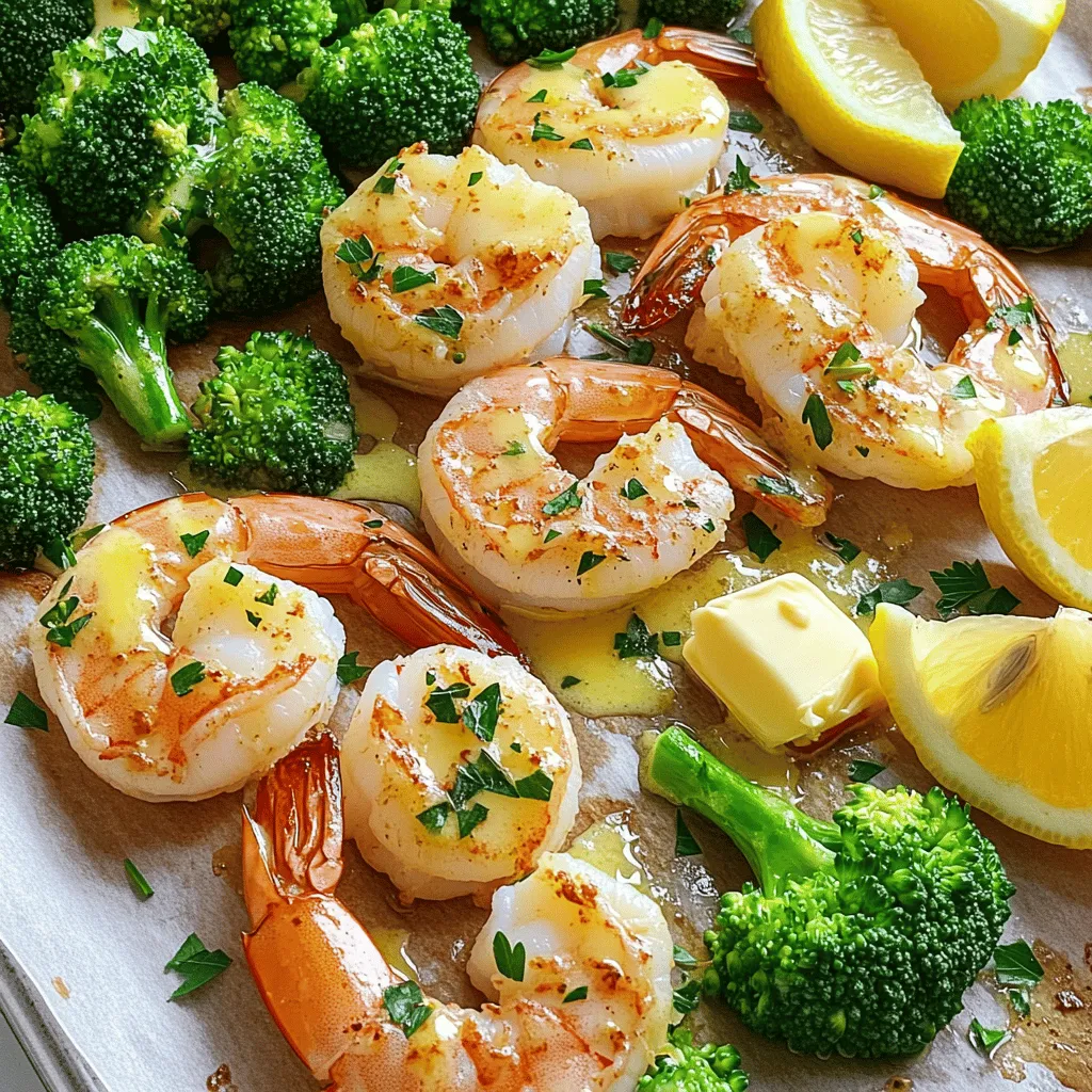 - 1 lb large shrimp, peeled and deveined - 4 cups broccoli florets - ¼ cup unsalted butter, melted - 4 cloves garlic, minced - 1 tablespoon lemon juice - 1 teaspoon smoked paprika - 1 teaspoon onion powder - ½ teaspoon salt - ¼ teaspoon black pepper - Fresh parsley, chopped (for garnish) - Lemon wedges (for serving) When I make Sheet Pan Garlic Butter Shrimp & Broccoli, I always use fresh ingredients. The shrimp must be large, peeled, and deveined for the best taste. The broccoli florets add color and crunch. The butter, melted, brings all the flavors together. The garlic is key. I use four cloves, minced finely. It adds a wonderful aroma. Lemon juice gives a nice zing and balances the richness of the butter. Smoked paprika adds warmth and depth. Onion powder, salt, and black pepper round out the flavor profile. For garnish, I love using fresh parsley. It adds a pop of color and freshness. Lemon wedges are great for serving. They brighten the dish and enhance the taste of the shrimp. With these ingredients, you can create a simple yet delicious meal. The best part? It all cooks on one pan, making cleanup easy! - Preheat oven to 400°F (200°C). - Line a sheet pan with parchment paper. Start by heating your oven. This step ensures that the shrimp and broccoli cook evenly. Lining the pan with parchment paper makes cleanup so easy later. You will love this simple trick. - Combine melted butter and seasonings. In a small bowl, mix melted butter with minced garlic, lemon juice, smoked paprika, onion powder, salt, and black pepper. Stir until smooth. This mixture brings rich flavor to your dish, balancing garlic and lemon perfectly. - Arrange broccoli and shrimp on the sheet pan. - Drizzle with garlic butter mixture and toss. Place the broccoli florets on one side of the pan. Pour half of the garlic butter sauce over them. Toss gently to coat. Next, lay the shrimp on the other side. Drizzle the remaining sauce over the shrimp and toss to coat. This step ensures every piece gets flavor. - Bake for 12-15 minutes and check for doneness. Put the sheet pan in the oven. Bake for 12 to 15 minutes. Check if the shrimp are pink and opaque. The broccoli should be tender and slightly crispy. This is a quick and easy way to make a full meal. - Garnish with parsley and serve with lemon. Once done, take the pan out of the oven. Sprinkle chopped parsley over both the shrimp and broccoli. Serve with lemon wedges on the side. The lemon adds a fresh kick that brightens the dish. Enjoy your meal! How to tell when shrimp is done Shrimp cook fast. Look for a pink hue and firm texture. When the shrimp curl into a C shape, they are ready. Avoiding overcooking Overcooked shrimp become rubbery. Keep an eye on cooking time. Aim for 12-15 minutes in the oven. Check them at the 10-minute mark to be safe. Adding spices or herbs for extra flavor Want a flavor boost? Try adding red pepper flakes for heat. Fresh herbs like basil or thyme also work well. They add freshness to the dish. Recommended side dishes Pair this dish with rice or quinoa. A light salad goes well too. These sides balance the richness of the garlic butter. Using parchment paper for easy cleanup Line your sheet pan with parchment paper. It makes cleanup a breeze. Just toss it away after cooking. Less scrubbing means more time to enjoy your meal. Dishwashing tips to save time Soak your pan while you eat. This helps loosen stuck bits. Use hot soapy water for quick cleaning. If you have a dishwasher, make sure to load it right after. {{image_2}} You can change up the veggies in this dish. Try adding bell peppers, snap peas, or carrots. They all cook nicely with the shrimp. Seasonal veggies work great too! In spring, use asparagus. In fall, toss in Brussels sprouts. Each choice brings a new taste to your meal. If you prefer, swap shrimp for chicken or tofu. Chicken thighs add a juicy bite while tofu gives a nice texture. When using chicken, cook it longer. Aim for 20-25 minutes until it's fully cooked. If using tofu, bake it for 15 minutes. Adjust the time for each protein to ensure your meal is perfect. Want a kick? Add a pinch of red pepper flakes for heat. You can also try different marinades. A honey soy sauce mix can bring a sweet touch. Or go for a spicy sriracha blend. Each twist will change the flavor and make this dish your own. To store your leftovers, let them cool first. Place the shrimp and broccoli in a shallow container. Cover the container tightly with a lid or wrap it well with plastic wrap. This keeps the dish fresh and tasty. I recommend using glass or BPA-free plastic containers. These are safe and easy to clean. If you want to freeze this dish, let it cool completely. Then, place the shrimp and broccoli in a freezer-safe container or bag. Make sure to remove as much air as possible. This helps prevent freezer burn. When you're ready to eat, thaw it overnight in the fridge. To reheat, warm it in the oven at 350°F (175°C) until hot. You can also use a microwave, but the oven keeps the shrimp from getting rubbery. In the fridge, this dish will last about three days. If you freeze it, it can stay good for up to three months. Just remember that the longer it sits, the more the texture and flavor may change. Enjoy it fresh for the best taste! Yes, you can prep this dish ahead. Chop the broccoli and keep it in the fridge. Mix the garlic butter sauce and store it in a sealed container. You can season the shrimp and store it separately. This way, you save time on busy nights. Just combine everything when you are ready to bake. Yes, this recipe is gluten-free. All the ingredients listed are safe for those with gluten sensitivity. Just ensure your butter does not contain any additives. Always check labels when buying pre-made items. This helps avoid any hidden gluten. This dish pairs well with rice or quinoa. You could also serve it with a light salad. Garlic bread is a tasty option too. For drinks, a crisp white wine or sparkling water works great. These options balance the rich flavors of the shrimp. Yes, you can use frozen shrimp. Just make sure to thaw them first. This helps them cook evenly. You can place them in cold water for about 15 minutes. After thawing, pat them dry before seasoning. This keeps the shrimp from becoming watery. This blog post laid out the simple steps to make garlic butter shrimp and broccoli. We covered key ingredients, including shrimp, broccoli, and seasonings. I shared easy instructions on cooking and tips for success. Remember, you can swap proteins or veggies based on your taste. Store leftovers correctly for best freshness. With this dish, you can enjoy a tasty meal packed with flavor. Ready to try this quick and wholesome recipe? You won't regret it!