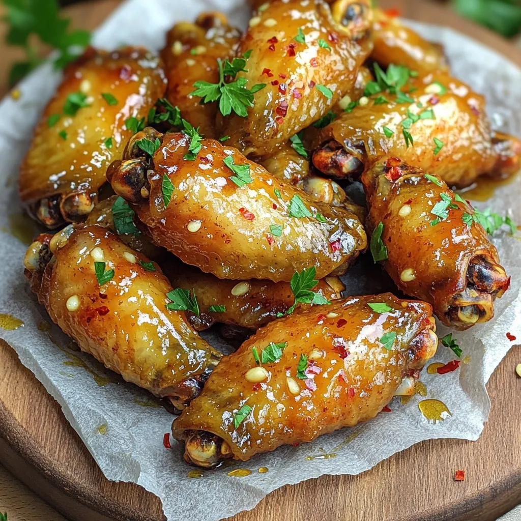 - Chicken: 2 pounds chicken wings - Oils and Seasonings: 1 tablespoon olive oil, ½ teaspoon salt, ½ teaspoon black pepper, 1 teaspoon garlic powder - Honey Garlic Sauce: ¼ cup honey, 3 cloves garlic (minced), 2 tablespoons low sodium soy sauce, 1 tablespoon apple cider vinegar - Optional Heat: ½ teaspoon crushed red pepper flakes - Garnish: Fresh parsley (chopped) For this dish, I love using fresh chicken wings. They are juicy and tender. Make sure to choose wings that are plump and not frozen. This ensures the best flavor and texture. You will also need some simple seasonings. Olive oil gives the wings a nice crisp. Salt and black pepper add flavor, while garlic powder gives the wings a rich taste. The honey garlic sauce is the star. Honey adds sweetness while garlic brings a warm flavor. Low sodium soy sauce gives umami, and apple cider vinegar adds a touch of acidity. If you like heat, add crushed red pepper flakes to spice things up. Finally, fresh parsley makes a great garnish. It adds color and freshness to the dish. I always keep some on hand for a pop of green! - Patting Dry: First, I pat the chicken wings dry with paper towels. This step is key. Removing excess moisture helps the wings become crispy in the air fryer. - Seasoning Process: Next, I toss the wings in a large bowl with olive oil, salt, black pepper, and garlic powder. Make sure every piece gets coated well. This adds flavor and helps with crisping. - Preheating: I set the air fryer to 380°F (190°C). Preheating for about 5 minutes is essential for getting those crispy wings. - Cooking Time: I place the wings in a single layer in the basket. I cook them for 25-30 minutes. Halfway through, I shake the basket to cook evenly. By the end, the wings should look golden brown and crispy. - Cooking Instructions: While the wings cook, I make the sauce. In a small saucepan, I combine honey, minced garlic, soy sauce, apple cider vinegar, and crushed red pepper flakes. I stir it continuously. - Thicken Sauce: I keep an eye on the sauce as it simmers. It takes about 3-5 minutes to thicken slightly. Once it does, I remove it from the heat. - Tossing Wings in Sauce: After the wings are cooked, I move them to a big bowl. I pour the honey garlic sauce over the wings. I toss them until they are well coated. - Serving Suggestions: I plate the wings on a nice platter. I garnish them with chopped parsley for color. A drizzle of extra sauce makes them look even better. To get crispy wings, start by drying the chicken. Use paper towels to pat the wings dry. Moisture makes them soggy. Dry wings will crisp up nicely in the air fryer. After drying, it's important to set the right temperature. Preheat your air fryer to 380°F (190°C). This helps cook the wings evenly. Cook them for 25 to 30 minutes. Shake the basket halfway through cooking for even crispiness. For the best flavor, adjust the sweetness and heat levels in your sauce. If you like it sweeter, add more honey. For extra heat, toss in more crushed red pepper flakes. To get the right texture, watch your sauce while it simmers. Stir it continuously until it thickens. This usually takes about 3 to 5 minutes. A thicker sauce clings better to the wings. Pair these wings with tasty side dishes. Some good options are celery sticks, carrot sticks, or a fresh salad. Dip them in ranch or blue cheese dressing for extra flavor. Garnish your wings with fresh parsley. It adds a nice touch. You can also drizzle extra sauce on top for a burst of flavor. {{image_2}} You can change the flavor of your wings easily. For Spicy Honey Garlic Wings, add more crushed red pepper. This gives the wings a nice kick. If you like sweeter wings, try Sweet Apricot Garlic Wings. Just swap honey with apricot jam. It adds a fruity twist that many love. You can also cook these wings in other ways. If you choose to oven-bake, set your oven to 400°F (200°C). Spread the wings on a baking sheet and bake for 40-45 minutes. Flip them halfway for even cooking. Grilling is another great option. Preheat your grill, then cook the wings for about 20-25 minutes. Flip them often to get that nice char. If you want to switch things up, there are great swaps. Instead of soy sauce, try coconut aminos or tamari for a gluten-free option. If you don't have honey, maple syrup or agave works well as a sweetener. These changes can give your wings a new flavor that fits your taste! - Cooling and Storing: Let the wings cool down to room temperature. This helps keep them tasty. Once cool, put them in the fridge. Store them within two hours to keep them safe. - Recommended Containers: Use airtight containers for best results. These prevent moisture loss and keep the wings fresh longer. - Best Methods: You can reheat wings in the air fryer or oven. For the air fryer, set it to 350°F (175°C) and heat for about 5-7 minutes. If you choose the oven, preheat to 375°F (190°C) and bake for 10-15 minutes. - Maintaining Crispiness: To keep wings crispy, avoid covering them while reheating. This lets steam escape and keeps the skin crunchy. You can enjoy these wings with many tasty sides. Here are my favorites: - Crispy French fries: They pair well with the sweet sauce. - Coleslaw: The crunch adds a nice contrast. - Vegetable sticks: Carrots and celery are refreshing. - Rice: A bowl of steamed rice soaks up the sauce. - Dips: Ranch or blue cheese dressing are great choices. Yes, you can use frozen chicken wings. But you need to adjust cooking time. - Cooking Time: Add an extra 5 to 10 minutes. - Temperature: Keep the air fryer at 380°F (190°C). - Thawing: If you have time, thaw the wings overnight in the fridge. Check for a few signs to know if the wings are ready. - Color: They should be golden brown on the outside. - Crispiness: The skin should feel crispy to the touch. - Meat Thermometer: Use one to check the internal temp. It should read 165°F (75°C). Yes, preheating is key for the best results. - Crispy Texture: It helps the wings become crispy. - Cooking Time: Preheating reduces overall cooking time. - Even Cooking: It ensures the wings cook evenly throughout. In this post, we covered how to make tasty air fryer honey garlic wings. We outlined the ingredients, step-by-step instructions, and tips for achieving crispy wings. I shared ideas for flavor variations and cooking methods, plus how to store any leftovers. These wings are easy to make and sure to impress. Try these tips to enhance your wing-making skills. Enjoy every bite!