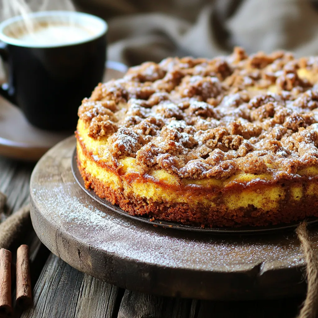 To make a delicious Cinnamon Streusel Coffee Cake, you will need: - 2 cups all-purpose flour - 1 cup granulated sugar - ½ cup unsalted butter, softened - 2 large eggs - 1 cup sour cream - 1 teaspoon vanilla extract - 1 teaspoon baking powder - ½ teaspoon baking soda - ½ teaspoon salt - 1 tablespoon ground cinnamon - ½ cup brown sugar, packed - ½ cup chopped walnuts or pecans (optional) - ¼ cup powdered sugar (for dusting) These ingredients come together to create a rich and moist cake with a crunchy topping. You can add extra flavor to your cake. Here are some ideas: - Chopped fruit: Try adding apples or pears for a fruity twist. - Chocolate chips: These add sweetness and richness. - More nuts: If you love nuts, add more walnuts or pecans. - Citrus zest: A bit of lemon or orange zest brightens up the flavor. Feel free to mix and match based on your taste! Choosing the best ingredients makes your cake taste great. Here are some tips: - Flour: Use fresh all-purpose flour. Check the date on the bag. - Butter: Choose high-quality unsalted butter for rich flavor. - Eggs: Fresh eggs make for a fluffier cake. Look for organic if possible. - Sour cream: A creamy, full-fat sour cream adds moisture. - Spices: Use fresh cinnamon for a strong and warm flavor. Good ingredients lead to a great outcome. Enjoy your baking! Start by preheating your oven to 350°F (175°C). This step ensures your cake bakes evenly. While the oven heats, grease and flour a 9x13-inch baking pan. This helps the cake come out easily after baking. It also prevents sticking. In a large mixing bowl, cream ½ cup of softened butter with 1 cup of granulated sugar. Mix until the mixture looks light and fluffy. This step adds air and helps your cake rise. Next, beat in 2 large eggs, one at a time. Make sure to mix well after each egg. Then, stir in 1 cup of sour cream and 1 teaspoon of vanilla extract. Mix until everything is combined. In a separate bowl, whisk together 2 cups of all-purpose flour, 1 teaspoon of baking powder, ½ teaspoon of baking soda, and ½ teaspoon of salt. Gradually add this dry mix to the wet mix. Stir gently until just combined. Be careful not to over-mix. This keeps the cake light. In a small bowl, mix together ½ cup of brown sugar and 1 tablespoon of ground cinnamon. If you like, add ½ cup of chopped walnuts or pecans for a nice crunch. Combine these ingredients well. Pour half of the batter into the prepared baking pan. Spread it evenly. Then, sprinkle half of the streusel mixture on top. Pour the remaining batter over this layer. Finally, finish with the last of the streusel mixture on top. Place the pan in the oven and bake for 30-35 minutes. Check if it’s done by inserting a toothpick into the center. If it comes out clean, your cake is ready. After baking, let the cake cool in the pan for about 10-15 minutes. Once cooled, dust the top with ¼ cup of powdered sugar. This adds a lovely touch and makes it look fancy. Now, you can cut it into squares. Enjoy your warm coffee cake! When making cinnamon streusel coffee cake, watch out for a few common errors. First, do not over-mix your batter. Mixing too much makes the cake dense. Second, make sure your oven is at the right temperature. An oven that is too hot can burn the cake, while one that is too cool will leave it soggy. Lastly, ensure you let the cake cool before dusting with powdered sugar. If you do this too soon, the sugar will melt and disappear. To get the perfect texture, use room-temperature ingredients. Cold butter or eggs can lead to uneven mixing. Also, make sure to measure your flour correctly. Too much flour can create a dry cake. Use the spoon and level method: spoon flour into your measuring cup and level it off with a knife. This will help you get the right amount. Lastly, bake until a toothpick comes out clean. This ensures your cake is moist and fluffy. Serve your coffee cake warm for the best taste. Pair it with a cup of coffee or tea for a lovely treat. You can also add fresh fruit, like berries or sliced bananas, on the side. If you want an extra touch, try adding a scoop of vanilla ice cream or whipped cream on top. This makes for a delightful dessert option! {{image_2}} You can easily skip the nuts in the cinnamon streusel. Just leave out the walnuts or pecans. This change makes the cake safe for those with nut allergies. It still tastes great! The streusel will be just as sweet and crunchy without them. You can switch things up for the seasons. Try adding pumpkin puree for a fall treat. Use one cup of pumpkin instead of sour cream. You can add pumpkin spice for extra flavor. For summer, add fresh apples. Chop them into small pieces and fold them into the batter. This adds a lovely fruity taste. If you want to change the topping, consider a cream cheese glaze. Mix cream cheese, powdered sugar, and a little milk. Drizzle it on top after the cake cools. For a lighter option, dust with extra powdered sugar or even cinnamon. Each choice gives your coffee cake a new twist! To keep your Cinnamon Streusel Coffee Cake fresh, store it in an airtight container. This will help it stay moist. You can also wrap it tightly in plastic wrap. Place it at room temperature for up to three days. If you want it to last longer, the fridge is a good option. Just know that it may dry out a bit. If you want to save some for later, freezing is a great choice. First, let the cake cool completely. Then, cut it into squares for easy serving. Wrap each square in plastic wrap. After that, place them in a freezer-safe bag. You can freeze the cake for up to three months. When you’re ready to eat, just pull out a piece. To enjoy your cake warm, reheating is simple. Preheat your oven to 350°F (175°C). Place the cake on a baking sheet. Cover it with foil to prevent it from drying out. Heat for about 10 to 15 minutes. You can also use the microwave. Heat for 15 to 20 seconds, but be careful not to make it tough. Enjoy your cake with a fresh cup of coffee! You can use plain yogurt as a sour cream substitute. It has a similar taste and texture. You can also use buttermilk or a mix of milk and vinegar. Each option keeps the cake moist and tasty. Yes, you can make this coffee cake vegan. Use plant-based butter and substitute eggs with flax eggs. Mix one tablespoon of ground flaxseed with three tablespoons of water to replace one egg. For sour cream, use unsweetened coconut yogurt or another dairy-free yogurt. Check the cake after 30 minutes. Insert a toothpick into the center. If it comes out clean or with a few crumbs, the cake is done. If wet batter sticks to the toothpick, bake for a few more minutes. Always let it cool before cutting. This blog post shared key steps to bake a great coffee cake. You learned about essential ingredients and fun add-ins to enhance flavor. We covered precise instructions, tips for perfect texture, and creative variations. Storing leftovers and reheating keep your cake fresh and tasty. Enjoying coffee cake brings family and friends together. With these tips, you can bake one that everyone will love. Happy baking!