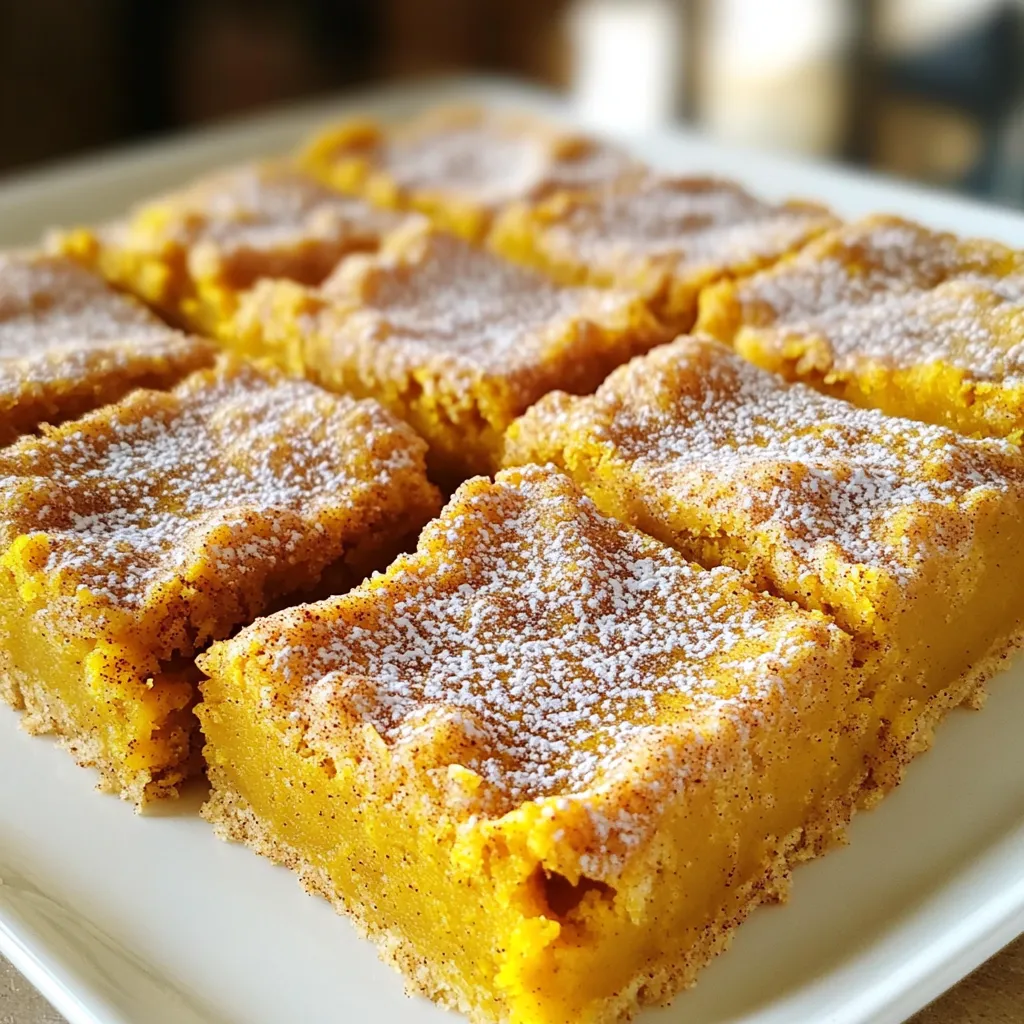 - 1 cup unsalted butter - 1 cup pumpkin puree - 1 ½ cups granulated sugar - ½ cup brown sugar, packed - 2 large eggs - 1 teaspoon vanilla extract - 3 cups all-purpose flour - 1 teaspoon baking soda - 1 teaspoon cream of tartar - ½ teaspoon salt - 1 tablespoon pumpkin spice - ¼ cup granulated sugar (for rolling) - 1 tablespoon cinnamon (for rolling) I use common measurements like cups and teaspoons. This keeps it simple. When baking, precise measurements matter. A cup of flour is not the same as a cup of brown sugar. Use dry measuring cups for solids and liquid measuring cups for liquids. Pumpkin puree is key here. You can use store-bought or homemade puree. If you can’t find pumpkin spice, mix cinnamon, nutmeg, and ginger instead. Brown butter adds a rich flavor. If you prefer, use regular unsalted butter. This will change the taste, but it will still be good. Feel free to experiment with flavors. You can add chocolate chips or nuts if you like. Always taste as you go. This makes your baking more fun and personal! First, set your oven to 350°F (175°C). Grease a 9x13 inch baking pan or line it with parchment paper. This helps the bars come out easily. Next, take 1 cup of unsalted butter and melt it in a medium saucepan over medium heat. Stir it often. Watch as it foams up, then turns golden brown. This should take about 5-7 minutes. Once it smells nutty, remove it from heat and let it cool down a little. In a big mixing bowl, mix the browned butter, 1 cup pumpkin puree, 1 ½ cups granulated sugar, and ½ cup packed brown sugar. Beat this mixture until it looks smooth. Now, add in 2 large eggs and 1 teaspoon vanilla extract. Mix until everything is well combined. In a different bowl, whisk together 3 cups of all-purpose flour, 1 teaspoon baking soda, 1 teaspoon cream of tartar, ½ teaspoon salt, and 1 tablespoon pumpkin spice. This will be your dry mix. Slowly add the dry mix into the wet mix. Stir gently until everything comes together. Do not overmix. A few lumps are okay. Pour the batter into your prepared baking pan, spreading it evenly with a spatula. In a small bowl, mix ¼ cup granulated sugar with 1 tablespoon cinnamon. Sprinkle this mix on top of the batter. Bake the bars for 25-30 minutes. Use a toothpick to check if they are done. If it comes out clean, they are ready. After baking, let the bars cool in the pan for about 10 minutes. Then, move them to a wire rack to cool completely. Cut them into squares and serve. For a nice touch, you can dust them with powdered sugar or drizzle caramel sauce on top. Enjoy! To make brown butter, you need to watch it closely. Start with unsalted butter in a medium saucepan. Heat it on medium. Stir it often. Look for foaming, a golden color, and a nutty smell. This process takes about 5-7 minutes. If it burns, you must start over. Brown butter adds a rich flavor to the bars. One common mistake is overmixing the batter. After you combine the wet and dry ingredients, mix until just blended. A few lumps are okay. Overmixing can make the bars tough and chewy instead of soft. Also, make sure to measure your ingredients accurately. Too much flour makes the bars dry. To serve your bars beautifully, use a rustic wooden platter. Dust the tops lightly with powdered sugar. For a fun twist, drizzle caramel sauce on top. This adds a nice touch and makes the bars look more inviting. A few pecans or walnuts can add texture and elegance. {{image_2}} You can make these bars even better by adding chocolate chips. I like to use semi-sweet chocolate chips for a rich taste. Just fold in about one cup of chocolate chips to the batter before you pour it into the pan. The warm, gooey chocolate complements the pumpkin flavor perfectly. If you want a nut-free treat, you're in luck! This recipe does not call for nuts. If you want to add some crunch, try using pumpkin seeds or sunflower seeds instead. They add a nice texture while keeping it safe for those with nut allergies. To make these bars gluten-free, swap the all-purpose flour for a gluten-free blend. Look for a blend that includes xanthan gum for the best results. The texture will still be soft and chewy, just like the original. Enjoy your gluten-free treat without missing out on flavor! Store your Brown Butter Pumpkin Snickerdoodle Bars in an airtight container. Place parchment paper between layers to keep them fresh. Keep the bars at room temperature for up to three days. If you want them to last longer, refrigerate them. They can stay good for up to a week in the fridge. To freeze the bars, first let them cool completely. Cut them into squares. Wrap each square in plastic wrap, then place them in a freezer bag. Label the bag with the date. These bars can last in the freezer for up to three months. When you’re ready to eat them, thaw them overnight in the fridge. Reheating is simple. Preheat your oven to 350°F (175°C). Place the bars on a baking sheet. Heat them for about 10 minutes, or until warm. You can also use a microwave. Heat each square for 15-20 seconds. Enjoy them warm for a cozy treat! Yes, you can use canned pumpkin puree. It saves time and gives great flavor. Just make sure it is pure pumpkin and not a pie filling. You can check if the bars are done by inserting a toothpick. If it comes out clean, they are ready. The edges will look slightly golden, and the center will feel set. These bars pair well with vanilla ice cream or whipped cream. You can add a drizzle of caramel sauce for extra sweetness. The bars last about 3 to 5 days when stored in an airtight container. Keep them at room temperature. If you want to store them longer, you can freeze them. Yes, you can make these bars ahead of time. They taste great after a day or two. Just store them properly to keep them fresh. This blog post covered the main aspects of creating delicious bars. You learned about key ingredients and their measurements, along with special substitutions. I provided step-by-step instructions for every part of the baking process. Useful tips helped you avoid common mistakes and improve presentation. Variations allow you to customize your bars, while storage info keeps them fresh. With this knowledge, you can bake with confidence and enjoy your treats!
