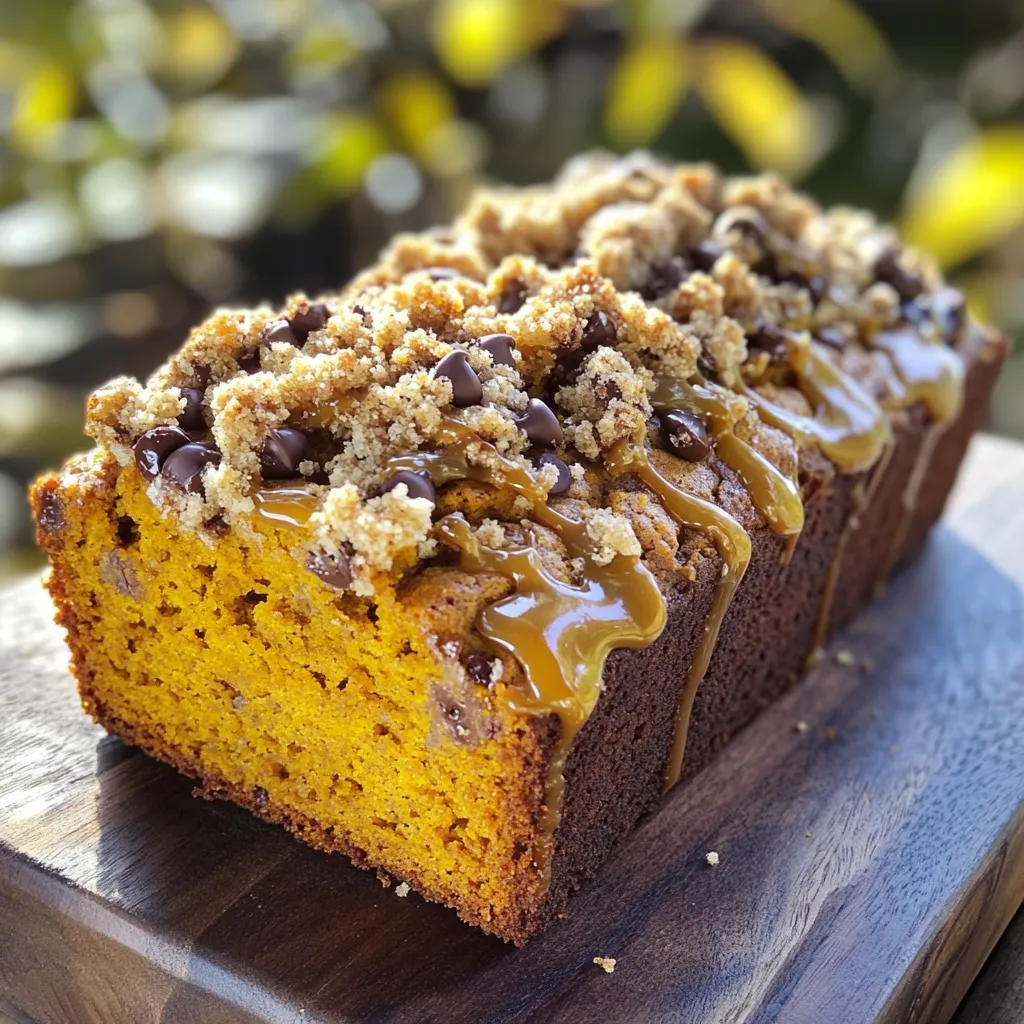 - 1 cup pumpkin puree - ½ cup brown sugar - ½ cup granulated sugar - ½ cup vegetable oil - 2 eggs These main ingredients bring the rich flavor of pumpkin to the loaf. Pumpkin puree gives moisture and a slight sweetness. The sugars balance this with a touch of caramel notes. Vegetable oil keeps the loaf tender and soft. Eggs help bind everything together, making it fluffy. - 1 ½ cups all-purpose flour - 1 teaspoon baking soda - ½ teaspoon baking powder - 1 teaspoon ground cinnamon - ½ teaspoon ground nutmeg - ¼ teaspoon ground ginger - ½ teaspoon salt The dry ingredients create structure. All-purpose flour forms the base. Baking soda and powder help the loaf rise. The spices add warmth and flavor, while salt enhances the taste. Each ingredient plays a key role in creating a delicious loaf. - 1 cup semi-sweet chocolate chips - ½ cup all-purpose flour (for streusel) - ¼ cup brown sugar (for streusel) - ¼ cup rolled oats (for streusel) - ¼ teaspoon ground cinnamon (for streusel) - 4 tablespoons cold butter, cubed (for streusel) The chocolate chips provide sweet bursts in every slice. The streusel topping adds a crunchy, sweet layer. Mixing the flour, sugar, oats, and cinnamon with cold butter creates a crumbly topping. This adds texture and makes the loaf even more inviting. 1. Preheat your oven to 350°F (175°C). Grease a 9x5-inch loaf pan with butter or non-stick spray. This step helps the loaf come out easily. 2. In a large bowl, whisk together 1 cup pumpkin puree, ½ cup brown sugar, ½ cup granulated sugar, ½ cup vegetable oil, 2 eggs, and 1 teaspoon vanilla extract. Mix until smooth. This blend gives the loaf its rich flavor. 3. In a separate bowl, combine 1 ½ cups all-purpose flour, 1 teaspoon baking soda, ½ teaspoon baking powder, 1 teaspoon ground cinnamon, ½ teaspoon ground nutmeg, ¼ teaspoon ground ginger, and ½ teaspoon salt. Mixing dry ingredients first ensures even rising and flavor. 4. Gradually add the dry mixture to the wet mixture. Stir until just combined. Be careful not to over-mix, as this can make the loaf tough. 5. Fold in 1 cup semi-sweet chocolate chips until they are evenly spread throughout the batter. These chocolate bits add a sweet surprise in every slice. 6. In a small bowl, mix together ½ cup all-purpose flour, ¼ cup brown sugar, ¼ cup rolled oats, and ¼ teaspoon ground cinnamon. This mix creates a sweet and crunchy topping. 7. Add 4 tablespoons cold butter, cubed. Use your fingers or a pastry cutter to mix until the mixture looks like coarse crumbs. This step is key for a great texture. 8. Pour the batter into the prepared loaf pan. Spread it evenly. Then, sprinkle the streusel topping over the loaf batter. This gives it a lovely look and taste. 9. Bake in your preheated oven for 55-65 minutes. Check doneness by inserting a toothpick into the center. It should come out clean when the loaf is done. 10. Allow the loaf to cool in the pan for 10 minutes. Then, transfer it to a wire rack to cool completely. This cooling step helps the loaf set up nicely for slicing. To ensure even baking, I suggest rotating your loaf pan halfway through cooking. This simple step helps bake every side evenly. If you bake at high altitude, reduce the sugar by 1-2 tablespoons. This keeps your loaf from rising too fast and then collapsing. If you don’t have pumpkin puree, try using applesauce or mashed bananas. These add moisture and sweetness too. For a healthier option, swap granulated sugar with coconut sugar or honey. Both options give a different yet delightful flavor. Slice your loaf into thick, even pieces for a pretty display. Serve it on a decorative platter to impress guests. To enhance the look, drizzle caramel sauce over the slices or sprinkle them with powdered sugar. These little touches make a big difference! {{image_2}} You can easily change the flavor of your Pumpkin Chocolate Chip Streusel Loaf. Here are some great ideas: - Adding nuts: Toss in chopped walnuts or pecans to add crunch. Nuts also bring a nice rich flavor. - Spice adjustments: Want more warmth? Add extra cinnamon or a pinch of allspice. You can also reduce the ginger if you find it too strong. These simple swaps can make your loaf unique and fun to enjoy! If you have dietary needs, you can still enjoy this loaf. Here are two options: - Gluten-free options: Use a gluten-free flour blend in place of all-purpose flour. This keeps the loaf light and tasty. - Vegan adaptations: Replace the eggs with flax eggs or applesauce. Use a plant-based oil and dairy-free chocolate chips, too. This way, everyone can enjoy a slice! These variations help you cater to different diets while keeping the flavor intact. To keep your Pumpkin Chocolate Chip Streusel Loaf fresh, wrap it well. Use plastic wrap or foil for best results. Store it at room temperature for up to three days. You can also keep it in the fridge for about a week. If you store it in the fridge, the loaf may dry out. So, enjoy it quickly! To freeze the loaf, first, let it cool completely. Once cool, wrap it tightly in plastic wrap or aluminum foil. Then, place it in a freezer-safe bag. This helps avoid freezer burn. You can freeze it for up to three months. When you’re ready to eat, take it out and thaw it in the fridge overnight. For reheating, slice the loaf and heat it in the oven at 350°F (175°C) for about 10 minutes. You can also use the microwave for about 20-30 seconds. Enjoy your delicious loaf warm! Can I use fresh pumpkin instead of canned? Yes, you can use fresh pumpkin. First, cook the pumpkin until soft. Then, puree it until smooth. This fresh taste can add a nice twist to your loaf. How do I know when the loaf is fully baked? Check the loaf with a toothpick. Insert it into the center. If it comes out clean, your loaf is done. The top should also look golden brown. What beverages pair well with the loaf? This loaf goes great with coffee or tea. You can also try it with warm cider. The flavors blend well, making every bite better. How should I serve leftovers? Store leftovers in an airtight container. You can leave them at room temperature for a few days. For longer storage, keep them in the fridge. Reheat slices in the microwave for a cozy treat. Why did my loaf collapse? Your loaf may collapse if it had too much moisture. This can happen from overmixing or adding too many wet ingredients. Be sure to follow the recipe closely for the best results. Adjusting sweetness – what to do? If you find your loaf too sweet, reduce the sugar next time. You can also add a pinch of salt to balance it out. Tasting the batter is a good way to check sweetness levels before baking. This post covered how to make a delicious pumpkin loaf. We discussed the key ingredients, like pumpkin puree and chocolate chips. You learned step-by-step instructions to create the batter and bake it perfectly. I also shared tips for storing and freezing, as well as different variations for your tastes. Overall, this loaf is a great fall treat. With simple steps and options for everyone, you'll enjoy making it. Happy baking!