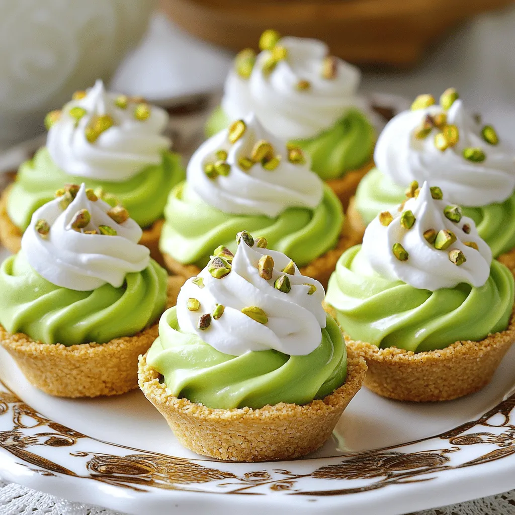 To make these tasty pistachio cream pie cups, you need: - 1 cup unsalted pistachios (shelled, divided) - 1 cup heavy whipping cream - ½ cup powdered sugar - 1 teaspoon vanilla extract - 8 oz cream cheese, softened - ½ cup Greek yogurt - ¼ cup milk - ½ teaspoon almond extract - 8 mini graham cracker pie crusts or 2 cups crushed graham crackers mixed with 4 tablespoons melted butter - Whipped cream (for topping) - Additional pistachios for garnish You can adjust this recipe easily. If you want a nut-free version, try using a cookie crust. You can replace heavy cream with coconut cream for a dairy-free option. If you need a lower sugar option, use a sugar substitute in place of powdered sugar. For more flavor, consider adding a splash of orange or lemon zest. Gather these tools for success: - Food processor for grinding pistachios - Mixing bowls for blending ingredients - Hand mixer or whisk for whipping cream - Spoon or piping bag for filling the cups - Measuring cups and spoons for accuracy - Mini graham cracker pie crusts or a baking pan if making your own crust These items help you create the best pistachio cream pie cups. Enjoy the process and let your creativity shine! To start, take one cup of unsalted pistachios and shelve them. You will use half for this recipe. Place the shelled nuts in a food processor. Pulse until they are finely ground but not powdery. This texture adds a nice crunch. Set these ground pistachios aside for later use. Next, grab a mixing bowl and add 8 ounces of softened cream cheese. Then, add ½ cup of Greek yogurt, ¼ cup of milk, and ½ teaspoon of almond extract. Use a hand mixer or a whisk to blend these ingredients. Mix until you achieve a smooth and creamy texture. This base will be rich and flavorful. In a separate bowl, pour in 1 cup of heavy whipping cream. Whip it until soft peaks form. This step is crucial for a light texture. Gradually add ½ cup of powdered sugar and 1 teaspoon of vanilla extract. Continue whipping until the cream holds stiff peaks. This will give your cups a fluffy feel. Now, it's time to bring everything together. Gently fold the ground pistachios into the cream cheese mixture. Make sure it is well combined. After that, carefully fold in the whipped cream. This keeps the mixture airy. Spoon or pipe this delicious mixture into mini graham cracker pie crusts, filling each until just above the edge. For the final touch, top each cup with whipped cream. You can pipe or dollop it on. Next, sprinkle additional coarsely chopped pistachios on top for extra crunch and decoration. For a nice presentation, chill the cups in the fridge for at least 2 hours. This helps the flavors blend and the texture set. Enjoy your delightful pistachio cream pie cups! To make perfect whipped cream, start with very cold heavy cream. Cold cream whips faster and gets thicker. Use a chilled bowl and beaters for best results. Begin whipping on low speed, then increase to medium-high. Add powdered sugar gradually. This helps sweeten without clumping. Whip until stiff peaks form. This means the cream holds its shape when you lift the beaters. Keep an eye on it to avoid over-whipping, which can turn it grainy. You can get creative with flavors in your pistachio cream pie cups. Try adding a splash of orange zest or lemon juice for a fresh taste. You can also mix in a bit of chocolate syrup for a rich twist. If you love caramel, drizzle some over the top before serving. For a nutty kick, add crushed almonds or walnuts with the pistachios. Each variation can bring a unique twist to your delicious treat. One common mistake is not fully softening the cream cheese. If it’s too cold, it won’t blend well, leading to lumps. Another mistake is over-whipping the cream. This can make it too thick and hard. Also, don’t skip chilling the cups before serving. This step helps the flavors meld and improves the texture. Finally, be careful with the crust. If it’s too loose, it won’t hold the filling well. Use a firm crust for best results. {{image_2}} You can switch up the crust for more fun. Try using chocolate cookie crusts instead of graham crackers. This adds a rich flavor that pairs well with pistachios. If you're feeling adventurous, use crushed nuts mixed with melted butter for a nutty base. Almond or hazelnut crusts can give a tasty twist too. Mix in extra flavors for a unique treat. Add melted chocolate to the cream mixture for a chocolate pistachio pie. You can also fold in fresh fruit like diced strawberries or raspberries for a fruity kick. If you like spice, try a hint of cinnamon or cardamom. It gives a warm touch to your cups. The fun doesn't stop with the filling! You can top your cups with whipped cream for a classic look. Add a drizzle of chocolate sauce for extra sweetness. Fresh fruit can brighten the presentation and flavor. Don't forget to sprinkle more chopped pistachios on top for a crunchy finish! To keep your pistachio cream pie cups fresh, store them in the fridge. Place them in an airtight container. This helps maintain their taste and texture. They can last for about four days in the fridge. Avoid leaving them out at room temperature for too long. You can freeze these cups if you want to save some for later. First, let them set in the fridge. Then, wrap each cup tightly in plastic wrap. Place them in a freezer-safe container or bag. They will stay fresh in the freezer for up to two months. To enjoy, just take them out and let them thaw in the fridge overnight. Once chilled, serve the cups cold for the best taste. You can add extra whipped cream and pistachio pieces on top. This adds a nice crunch. For a fun twist, try adding a sprig of mint for color. These small touches can make your dessert look impressive. Yes, you can use salted pistachios. However, it may change the taste. The salt can balance the sweetness of the cream. If you prefer a sweeter treat, stick with unsalted pistachios. This way, the flavors stay bright and fresh. These cups stay fresh for about three days in the fridge. Make sure to cover them well with plastic wrap or a lid. This will keep them from drying out or absorbing other smells. The longer they sit, the softer the crust may get. Absolutely! You can make these cups a day in advance. Just store them in the fridge. This allows the flavors to blend nicely. Plus, it saves you time on the day of your event or gathering. Yes, you can make a vegan version. Replace cream cheese with vegan cream cheese. Use coconut cream instead of heavy cream. For the yogurt, choose a plant-based yogurt. Lastly, make sure your crust is dairy-free. This way, everyone can enjoy these tasty cups! You now have all you need to make delicious pistachio cream pie cups. We covered the key ingredients and measurements. You learned essential tools and step-by-step instructions to create the perfect dessert. I shared tips to help you avoid common mistakes. Variations give you fun ways to make it your own. Finally, proper storage will ensure freshness. Experiment with flavors and enjoy sharing these treats. Happy baking!