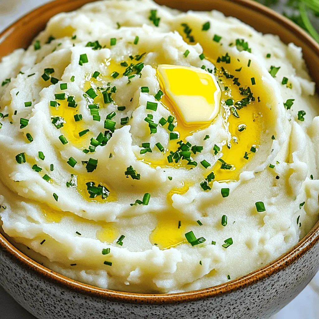 - 2 pounds Yukon Gold potatoes, peeled and cubed - 4 cloves garlic, minced - ½ cup unsalted butter, at room temperature - ½ cup heavy cream, warmed - ¼ cup fresh parsley, finely chopped - ¼ cup fresh chives, finely chopped Yukon Gold potatoes work best for this dish. They are creamy and buttery. The garlic gives a strong flavor that lifts the dish. Unsalted butter adds richness without extra salt. Heavy cream makes the mash smooth and rich. Fresh herbs, like parsley and chives, bring a pop of color and freshness. - Salt - Pepper Salt and pepper are key to bringing out flavors. You can adjust them to your taste. Add more salt to enhance the buttery flavor. Freshly ground pepper adds a nice kick. Always taste your mash before serving. Adjust seasoning as needed. To start, take 2 pounds of Yukon Gold potatoes. Peel them and cut them into cubes. Place the potatoes in a large pot and cover them with water. Bring the water to a boil over medium-high heat. Once boiling, reduce the heat to a simmer. Cook the potatoes for about 15 to 20 minutes. You want them to be fork-tender, which means a fork easily goes into the potato. While the potatoes cook, we need to sauté the garlic. Take 2 tablespoons of unsalted butter and melt it in a small skillet over medium heat. Once the butter melts, add 4 cloves of minced garlic. Sauté the garlic for about 2 to 3 minutes. You want it fragrant but not browned. The smell will fill your kitchen, making it hard to resist. After draining the potatoes, return them to the pot. Now, it’s time to mash. You can use a potato masher or a ricer. A ricer gives a smoother texture, while a masher gives a chunkier feel. Mash until you reach your desired consistency. It should be creamy and smooth. Next, add the remaining butter, the sautéed garlic, and ½ cup of warmed heavy cream to the mashed potatoes. Also, mix in ¼ cup of finely chopped parsley and ¼ cup of finely chopped chives. Stir everything together until well combined. You want a rich, creamy mixture. Now, taste the mashed potatoes. Add salt and pepper to your liking. For presentation, transfer the mashed potatoes to a warm serving bowl. You can garnish with extra chopped herbs or a drizzle of olive oil. This adds a nice touch and makes them look great. To make your mashed potatoes creamy, you can try alternatives to butter and cream. Use olive oil or coconut cream for a lighter option. These swaps add unique flavors. When it comes to mashing techniques, use a potato masher for a rustic feel. A ricer will give you a smooth texture. Always mash while the potatoes are hot. This helps them absorb the butter and cream better. Enhancing flavor is easy with herbs and spices. Add rosemary, thyme, or even a pinch of nutmeg for depth. These herbs brighten up the dish. If you want to add cheese, consider cream cheese or sharp cheddar. These cheeses melt well and create a rich taste. For serving, use a warm bowl. This keeps the potatoes hot longer. You can also create a small well in the center. This is perfect for olive oil or extra butter. Garnish your mashed potatoes with fresh herbs. A sprig of parsley or chives makes it look beautiful. You can also drizzle some olive oil on top for added flair. {{image_2}} You can easily adapt garlic herb mashed potatoes to fit different diets. For a vegan option, swap the butter and cream with plant-based alternatives. Use coconut cream for a rich taste, and choose vegan butter for that creamy texture. This way, everyone can enjoy this dish without worry. If you need a gluten-free version, you’re in luck! All the ingredients in this recipe are naturally gluten-free. Just make sure that the butter and any pre-packaged products don’t have gluten in them. You can enjoy this dish guilt-free. Sometimes, you might not have all the ingredients on hand. That's okay! For potatoes, you can use Russet or red potatoes. They will give you a different flavor and texture but still taste great. If you want to substitute cream, try using milk or a plant-based milk. The texture will change slightly, but it will still be delicious! You can also use sour cream for a tangy twist. Adding new flavors can make your mashed potatoes even more exciting. Roasted garlic adds a sweet, nutty taste. Just roast the garlic in the oven before mashing it in. For a touch of luxury, drizzle some truffle oil on top before serving. This creates a rich aroma and elevates the dish to a gourmet level. You could also mix in cheese, like Parmesan or cheddar, for an extra burst of flavor! To keep garlic herb mashed potatoes fresh, store them in the fridge. Place them in an airtight container. They can last for about three to five days. Make sure they cool down to room temperature before sealing. For long-term storage, you can freeze mashed potatoes. Scoop them into freezer bags or containers. Remove as much air as possible to prevent freezer burn. They will keep well for up to two months. To reheat frozen mashed potatoes, thaw them in the fridge overnight. Then, heat them on the stove over low heat or in the microwave. Add a splash of cream or milk to restore creaminess. You can get creative with leftover mashed potatoes. Use them to make potato cakes. Just mix in some cheese and breadcrumbs, form patties, and pan-fry until golden. Another idea is to use them as a topping for shepherd's pie. Spread the mashed potatoes over seasoned meat and veggies, then bake until bubbly. You can also stir them into soups for added creaminess. These ideas will make your leftovers exciting and delicious! To make your mashed potatoes smooth, start with the right tools. Use a potato ricer or a sturdy masher. Ricing gives a fluffier texture than mashing. Always mash while the potatoes are hot. Add warm cream and butter for a silky finish. If you want extra smoothness, mix with an electric mixer on low speed. Avoid overmixing; this can make them gluey. Yes, you can use other types of potatoes for mashed potatoes. However, some work better than others. Yukon Gold potatoes are creamy and buttery. Russet potatoes are starchy, which makes them fluffy. Red potatoes have a waxy texture and hold their shape well. For a unique flavor, try purple potatoes. Each type brings its own taste and texture. To reheat mashed potatoes, use gentle heat. Place them in a pot with a splash of cream or milk. Heat on low, stirring often to avoid sticking. You can also use a microwave. Cover the bowl with a damp paper towel to keep moisture in. Heat in short bursts, stirring in between until warm. This keeps them creamy and soft. Yes, you can make garlic herb mashed potatoes ahead of time. Prepare them as usual and let them cool. Store in an airtight container in the fridge for up to two days. When ready to serve, reheat them gently. Add a little cream or butter to restore creaminess. This makes meal prep easy and saves time on busy days. In this post, I covered how to make perfect garlic herb mashed potatoes. We looked at key ingredients like Yukon Gold potatoes and fresh herbs. I shared step-by-step instructions, tips for texture and flavors, and even variations for special diets. Remember, great mashed potatoes start with the right ingredients and techniques. Experiment with flavors and presentation to impress your guests. Enjoy your creamy creations!