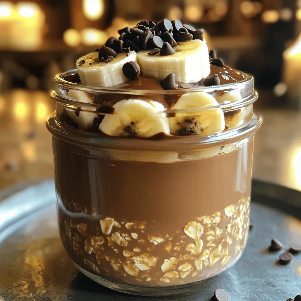 To make Chocolate Mocha Overnight Oats, you need the following ingredients: - 1 cup rolled oats - 2 cups almond milk (or any milk of choice) - 2 tablespoons cocoa powder - 1 tablespoon instant coffee granules - 2 tablespoons maple syrup (or honey) - ½ teaspoon vanilla extract - A pinch of salt - ¼ cup Greek yogurt (optional for creaminess) - 2 tablespoons chocolate chips (optional for topping) - Sliced banana or berries for topping These ingredients come together to create a rich, chocolatey breakfast. The oats soak up the almond milk and cocoa, making each bite creamy and satisfying. Using almond milk keeps it light, while maple syrup adds natural sweetness. The instant coffee gives it a nice mocha flavor. If you want extra creaminess, add Greek yogurt. Don’t forget the toppings! Sliced bananas or fresh berries add color and taste. You can even sprinkle some chocolate chips on top for a sweet finish. This mix of ingredients makes the perfect breakfast for any day. Enjoy the ease and deliciousness of Chocolate Mocha Overnight Oats! - In a large bowl, combine: - 1 cup rolled oats - 2 cups almond milk (or any milk of choice) - 2 tablespoons cocoa powder - 1 tablespoon instant coffee granules - 2 tablespoons maple syrup (or honey) - ½ teaspoon vanilla extract - A pinch of salt - If you want creaminess, mix in ¼ cup Greek yogurt. This makes your oats extra smooth. - Now, divide the mixture into two jars. - Seal the jars tightly to lock in flavor. - Place them in the refrigerator. Let them chill overnight or for at least 4-6 hours. - When it’s time to eat, stir the oats well. - If they look too thick, add a splash of milk. - Top with chocolate chips, banana slices, or berries. This adds fun flavors and textures. To get the right thickness, adjust the milk amount. Start with two cups of almond milk. If your oats seem too thick, add a splash of milk. This will help create a creamy texture. Always stir your oats before serving. This mixes the flavors well and ensures every bite is tasty. You can experiment with different types of milk. Oat milk is a great choice for creaminess. Coconut milk adds a tropical twist. For extra flavor, use flavored Greek yogurt. This adds a delicious taste and makes your oats even creamier. Make a big batch of oats for quick breakfasts all week. Divide the mixture into jars. This makes it easy to grab one in the morning. Store the jars in the fridge for a fresh start to your day. {{image_2}} You can change up the flavors easily. - Add nut butter for creaminess and taste. - Try different toppings like nuts or seeds for crunch. Want a lower-calorie option? - Substitute maple syrup with a sugar-free sweetener. - Use dairy-free yogurt for a vegan choice. Make your oats special with seasonal flavors. - Add pumpkin spice in fall or peppermint extract in winter. - For freshness, include fruits like apples in fall or strawberries in summer. Store your overnight oats in the refrigerator. This keeps them fresh and tasty. Use airtight containers to stop any spoilage from happening. Your chocolate mocha overnight oats can last up to 5 days in the fridge. They are best eaten fresh but can stay good this long. Do not freeze them, as the texture will change when thawed. You can enjoy your oats cold right from the fridge. If you prefer them warm, heat in the microwave for a quick breakfast. Stir them well and add a splash of milk if they seem too thick when reheating. Yes, if you prefer a non-caffeinated version, simply omit the coffee. The oats will still taste great with chocolate and other flavors. You can add more cocoa powder or a dash of vanilla to keep it yummy. For best results, soak the oats overnight or for at least 4-6 hours. This helps the oats absorb the milk and flavors. If you rush it, the oats might be too chewy. Letting them soak overnight gives you the best texture. Absolutely! Use plant-based yogurt and a suitable sweetener to keep it vegan-friendly. Almond milk is great, but you can also try oat or coconut milk. This way, everyone can enjoy this tasty breakfast delight! You learned how to make easy overnight oats packed with flavor and nutrition. This recipe uses simple ingredients like oats, cocoa powder, and your choice of milk. I shared tips for personalizing flavors and storage. Remember, meal prep helps you save time during busy mornings. With endless variations, you can enjoy this healthy dish all week long. Now, get started on your tasty and nutritious breakfast!