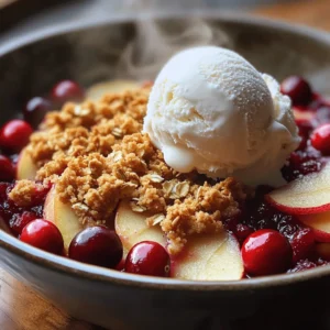 - 3 medium apples (Granny Smith or Honeycrisp) - 1 cup fresh or frozen cranberries - ½ cup granulated sugar - 1 teaspoon cinnamon - 1 tablespoon lemon juice - 1 cup rolled oats - ½ cup all-purpose flour - ⅓ cup packed brown sugar - ¼ teaspoon salt - ½ teaspoon vanilla extract - ½ cup cold unsalted butter When making Warm Cranberry Apple Crisp, I love to choose fresh ingredients. The type of apple matters. Granny Smith gives a tart flavor, while Honeycrisp is sweet and crisp. Either choice works great, so pick what you like best. For cranberries, you can use fresh or frozen. If you go with frozen, remember not to thaw them. They hold their shape better that way. The sugar balances the tartness of the cranberries. Cinnamon adds warmth and depth. Lemon juice brightens the dish and enhances the fruit flavors. Now onto the topping! Rolled oats give a wonderful texture. They soak up the juices from the fruit. The all-purpose flour helps bind the topping together. Brown sugar adds a rich flavor, while salt brings everything together. Don’t forget the vanilla extract! It adds a hint of sweetness. Finally, cold unsalted butter is key. It creates that crumbly texture we all love. Feel free to get creative! You can swap in other fruits like pears or berries. Enjoy using what’s in season or what you have on hand. Each variation makes this recipe special! First, preheat your oven to 350°F (175°C). This ensures it is hot and ready. While the oven warms, grab a large mixing bowl. In this bowl, combine three medium apples, sliced, with one cup of fresh or frozen cranberries. I prefer Granny Smith or Honeycrisp for their tart flavor. Add half a cup of granulated sugar, one teaspoon of cinnamon, and one tablespoon of lemon juice. Toss all of these ingredients well, so the fruit is evenly coated. Next, in another bowl, mix together one cup of rolled oats, half a cup of all-purpose flour, and one-third cup of packed brown sugar. Don’t forget to add a pinch of salt, about a quarter teaspoon, and half a teaspoon of vanilla extract for flavor. Now, take half a cup of cold unsalted butter, cut into small pieces, and add it to your oat mixture. Use your hands or a pastry cutter to mix until it looks like coarse crumbs. This crumble will add a nice texture on top. Now, it’s time to bake! Transfer your fruit mixture into a greased 9x9-inch baking dish, spreading it evenly. Then, sprinkle the oat crumble over the fruit layer, making sure it covers everything. Place the dish in your preheated oven. Bake for 30 to 35 minutes. You'll know it’s done when the topping is golden brown and the fruit is bubbling. Once baked, remove it from the oven and let it cool slightly before serving. Enjoy the warm, delicious smell filling your kitchen! To get that golden topping, use cold butter. Mix it into the oats and flour well. Aim for small crumbs. Bake it until it’s a nice brown color. This takes about 30 to 35 minutes at 350°F (175°C). For even cooking, make sure the fruit is spread out in the dish. This helps all parts cook at the same time. Check the fruit at the 25-minute mark. If it bubbles, it’s on the right track! This warm cranberry apple crisp shines when paired with vanilla ice cream. The cold ice cream melts into the warm crisp. It creates a creamy treat. You can also serve it with a dollop of whipped cream. Both options add a nice touch! Try to serve it in bowls. This makes it easy to enjoy. You might want to sprinkle some cinnamon on top for extra flavor. Let the crisp cool before storing. This helps keep it fresh. Place it in an airtight container. Store it in the fridge for up to three days. To reheat, place it in the oven at 350°F (175°C). Heat it for about 10 to 15 minutes. This keeps the topping crispy and the fruit warm. If you want it faster, use the microwave. Just heat in short bursts to avoid making it mushy. {{image_2}} You can give your warm cranberry apple crisp a fun twist. Try adding nuts like walnuts or pecans for a crunchy bite. Chopped nuts add texture and flavor. You can also mix in spices like nutmeg or ginger to warm up the taste. These spices blend well with apples and cranberries. Want to switch up the fruit? You can use pears or berries instead of apples. Pears add a soft, sweet touch. Mixed berries give a burst of color and flavor. Feel free to get creative with your fruit choices! If you need a gluten-free option, swap the all-purpose flour with almond flour or a gluten-free blend. Make sure your oats are labeled gluten-free, as some may contain traces of wheat. For a vegan version, replace the butter with coconut oil or a vegan butter substitute. You can also use maple syrup instead of granulated sugar for sweetness. Need more or less? You can easily adjust the recipe to fit your crowd. To make a larger batch, simply double the ingredients. Use a bigger baking dish to ensure even cooking. For fewer servings, cut the ingredients in half. This way, you can enjoy the crisp no matter the size of your gathering. To keep your warm cranberry apple crisp fresh, store it in the fridge. First, let it cool completely. Then, cover it tightly with plastic wrap or place it in an airtight container. This helps prevent it from drying out or absorbing other smells in the fridge. The crisp will stay fresh for up to four days. Freezing is a great way to enjoy your crisp later. Start by letting it cool completely. Next, cut it into individual portions. Wrap each piece in plastic wrap, then place them in a freezer-safe bag or container. Be sure to remove as much air as possible. Your crisp can last up to three months in the freezer. When you’re ready to eat it, thaw it in the fridge overnight before reheating. In the fridge, your warm cranberry apple crisp lasts up to four days. If you freeze it, it can stay good for up to three months. Always check for any signs of spoilage before eating. If it smells off or looks strange, it’s best to toss it. Enjoy your delicious dessert fresh for the best taste! Yes, you can! This recipe is very flexible. You can swap apples for pears or peaches. Mixed berries work well too. Just keep the tartness in mind. A mix of sweet and tart fruits gives the best flavor. You can reduce sugar by using less granulated sugar. Try honey or maple syrup instead. For a whole grain option, use whole wheat flour instead of all-purpose flour. You can also add nuts for healthy fats and protein. Bake your crisp at 350°F (175°C). This temperature allows the fruit to bubble and the topping to become golden. It ensures even cooking without burning the top. Yes! You can prepare the fruit mixture and topping ahead of time. Store them in the fridge until you’re ready to bake. When ready, just assemble and bake. This saves time and makes it easier for gatherings. You now have a complete guide to make a warm cranberry apple crisp. We covered ingredients, preparation steps, tips, and variations. You can customize this dish to fit your taste. Remember, the right balance between sweet and tart makes it special. Whether shared with a friend or enjoyed alone, this dessert promises warmth and comfort. Try it out, and I'm sure you’ll love it!