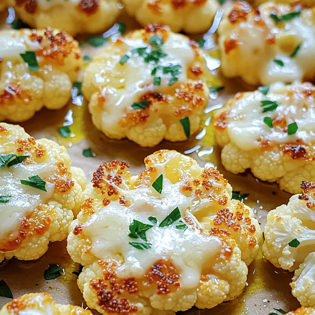 - 1 large head of cauliflower, cut into florets - 4 cloves of garlic, minced - ¼ cup grated Parmesan cheese These three items are the stars of the dish. The cauliflower gives it body, the garlic brings bold flavor, and Parmesan adds a rich, cheesy touch. - 3 tablespoons olive oil - 1 teaspoon garlic powder - 1 teaspoon onion powder - ½ teaspoon dried thyme - Salt and pepper to taste These seasonings enhance the taste. Olive oil helps the cauliflower roast well. Garlic powder and onion powder add depth. Thyme brings a subtle earthiness, while salt and pepper balance everything. - Fresh parsley, chopped Adding fresh parsley at the end brightens the dish. It adds a pop of color and a fresh taste. This simple touch makes the dish look great and taste even better. First, set your oven to 425°F (220°C). This high heat helps create a nice roast. While the oven heats up, take one large head of cauliflower and cut it into small florets. Aim for even pieces to cook them all at the same time. In a big bowl, add the cauliflower florets. Next, add four minced garlic cloves, 3 tablespoons of olive oil, and seasonings: 1 teaspoon of garlic powder, 1 teaspoon of onion powder, ½ teaspoon of dried thyme, and salt and pepper to taste. Mix everything together well. Make sure each floret gets a good coating of the mix. Spread the cauliflower in one layer on a large baking sheet. Roast it in the oven for about 20 minutes. After this time, take out the baking sheet. Sprinkle ¼ cup of grated Parmesan cheese over the cauliflower. Then, put it back in the oven. Roast for an extra 10 to 15 minutes. Look for golden brown and tender cauliflower with melted cheese. Once done, let it cool for a bit. Before serving, add some fresh parsley on top for color. To make your Garlic Parmesan Roasted Cauliflower even tastier, consider adding a few more spices. You can try smoked paprika or cayenne for a little kick. These spices add depth and a nice touch. Fresh herbs work wonders too. Chopped rosemary or thyme can boost the flavor. Add them right before roasting for the best taste. For even roasting, make sure to cut the cauliflower into similar-sized florets. This helps them cook at the same rate. Spread the florets out in one layer on the baking sheet. If they are too close together, they will steam instead of roast. To avoid soggy cauliflower, do not cover the baking sheet. Let the hot air circulate around each piece. You can pair this dish with many options. It goes well with grilled chicken or fish. You can also serve it as a side with pasta. For a lovely presentation, sprinkle extra Parmesan on top before serving. Add a few sprigs of fresh parsley for color. This makes the dish pop and look more inviting. {{image_2}} You can make this dish fit your diet. If you want a vegan option, use vegan cheese. Nutritional yeast also adds a cheesy flavor. For gluten-free needs, just stick with the basic recipe. All the ingredients are naturally gluten-free. Want some heat? Add chili flakes to the mix. It gives a nice kick to the flavor. You can also change up the herbs. Try using rosemary or oregano for a fresh twist. Both herbs pair well with cauliflower. Feel free to get creative with your veggies. Adding Brussels sprouts boosts the nutrition and flavor. They roast well alongside the cauliflower. You can also toss in some nuts. Almonds or pine nuts add great texture and crunch. They make each bite even more exciting. To keep your Garlic Parmesan Roasted Cauliflower fresh, store it in an airtight container. This method keeps moisture out and flavor in. Place the container in the fridge. The cauliflower stays tasty for about 3 to 5 days. If you don't finish it, don't worry! You can enjoy it later. When reheating, you want that crunch back. The best way is to use the oven. Preheat it to 350°F (175°C). Spread the cauliflower on a baking sheet. Heat for about 10 to 15 minutes. This keeps the texture nice. You can also add leftovers to soups or salads. They add great flavor and nutrition! Freezing is a good option if you have extra cauliflower. First, let it cool completely. Then, spread the florets on a baking sheet in a single layer. Freeze them for about 1 to 2 hours until firm. After that, transfer the cauliflower to a freezer bag. Be sure to remove as much air as possible. To thaw, place the cauliflower in the fridge overnight. Reheat in the oven for the best results. This keeps the taste and texture just right! To make your Garlic Parmesan Roasted Cauliflower crispy, start with dry florets. After washing, let them dry on a towel. Use high heat, like 425°F (220°C). This helps them roast well. - Use enough oil: Olive oil helps create a crispy layer. Coat the florets well. - Don’t crowd the pan: Spread the cauliflower in one layer on the baking sheet. This lets air circulate. - Flip halfway through: Turn the cauliflower at the 20-minute mark. This ensures even browning. - Add cheese later: Sprinkle Parmesan in the last few minutes of roasting. This keeps it from burning. Yes, you can use frozen cauliflower. Just adjust your cooking time. Here’s how: 1. Thaw the cauliflower: Place it in the fridge overnight or use a microwave. 2. Dry it well: Squeeze out excess water using a towel. This helps with crispiness. 3. Follow the same steps: Mix with garlic and oil, then roast. Check for doneness around 25-30 minutes. Garlic Parmesan Roasted Cauliflower pairs well with many dishes. Here are some tasty ideas: - Grilled chicken: The flavors match well. - Steak: A hearty protein complements the light cauliflower. - Pasta: Toss with your favorite pasta for a veggie boost. - Salad: A fresh salad balances the dish’s richness. These options will make your meal complete and delicious! Garlic Parmesan Roasted Cauliflower is simple and tasty. We explored the main ingredients, including fresh cauliflower, garlic, and Parmesan. I shared step-by-step instructions for prepping, coating, and roasting the cauliflower for the best flavor. Remember, seasonings and cooking tips enhance taste and texture. You can also try variations like vegan cheese or spicy options. Lastly, proper storing and reheating will keep your leftovers fresh. Enjoy your cooking adventure with this delicious dish!