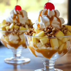 - Apples: I recommend using Granny Smith or Honeycrisp apples. Granny Smith gives a nice tartness. Honeycrisp adds sweetness and crunch. Both work well with caramel. - Ice Cream: Vanilla ice cream is the best choice. Its creamy taste pairs perfectly with caramel and apples. Other flavors like caramel swirl can also be fun. - Caramel Sauce: You can use store-bought caramel sauce for quick prep. If you want to make it yourself, combine sugar and cream over low heat. Either way, warm it up for the best drizzle. - Nuts: Chopped walnuts or pecans add a great crunch. They also give a nice nutty flavor. Walnuts are softer, while pecans are sweeter. Choose what you like best. - Whipped Cream: You can use store-bought whipped cream for ease. If you want to make it at home, beat heavy cream with sugar until fluffy. This adds a personal touch. - Caloric breakdown per serving: Each sundae has about 400 to 500 calories. This depends on the ice cream and toppings you choose. - Dietary considerations: For a vegan option, use dairy-free ice cream and a vegan caramel sauce. Gluten-free? Use certified gluten-free ice cream and toppings. Always check labels to be sure. To keep apples from browning, add lemon juice. Just one tablespoon works wonders. Toss the diced apples in a bowl with the lemon juice. This keeps them fresh and adds a slight zing. When dicing apples, use a sharp knife for clean cuts. Cut the apple in half, remove the core, and slice it into wedges. Then, dice the wedges into small cubes. Aim for uniform pieces for even flavor. Start with a big scoop of vanilla ice cream in a bowl. This will be the base. Next, layer the lemon-coated apples on top. Sprinkle ground cinnamon over the apples for warmth. Warming the caramel sauce is key. Heat it gently in a small pan on low heat. This makes it easier to drizzle over the sundae. Pour a generous amount of warm caramel over the apple layer. Let it flow down into the ice cream. For a visually appealing sundae, use clear dessert dishes. This shows off the beautiful layers. Add a swirl of whipped cream on top. A maraschino cherry adds a nice pop of color. Consider serving these sundaes on special occasions. They look great for parties or family gatherings. Enjoy the joy they bring to your table! To make your Caramel Apple Sundaes just right, start with the caramel. You can customize the sweetness by using different types of caramel sauce. If you want a richer flavor, try homemade caramel. If you're short on time, store-bought works well too. Choosing the right apples is key. For a sweet treat, use Honeycrisp apples. They are sweet and juicy. If you prefer tartness, go for Granny Smith apples. They add a nice zing to the sundae, balancing the sweet caramel and ice cream. Soggy sundae components can ruin your treat. To avoid this, toss the diced apples in lemon juice right away. This keeps them fresh and crunchy. Don't add the apples too early. Wait until you're ready to serve to layer them on the ice cream. Serving temperature matters. If the ice cream is too soft, it will melt quickly. Keep the ice cream in the freezer until just before serving. This helps maintain the sundae's texture and flavor. When serving, get creative! Use clear dessert bowls or parfait glasses to show off the layers. This makes your sundae look tempting. Garnishing adds visual appeal. A swirl of whipped cream on top is a must. Don't forget a bright maraschino cherry for a pop of color. You can also sprinkle chopped walnuts or pecans on top for extra crunch. These simple touches make your sundae stand out at any gathering. {{image_2}} You can change up your caramel apple sundae with fun flavors. Instead of vanilla ice cream, try caramel or cinnamon ice cream. These flavors blend nicely with the apples and caramel. You could also use chocolate ice cream for a richer taste. For toppings, think outside the box! Add crushed cookies for crunch. A sprinkle of sea salt can enhance the caramel flavor. If you love fruit, try adding fresh berries or sliced bananas. They add fresh bursts of flavor. Fall brings many chances to enjoy this sundae. You can try adding pumpkin spice or using spiced apples. These flavors scream autumn! Serve with warm cider for the perfect fall treat. In summer, swap out apples for fresh peaches or strawberries. The sweet fruits will mix well with the ice cream and caramel. You can also add a dollop of yogurt for a lighter twist. This keeps the sundae cool and refreshing. You can still enjoy this sundae if you follow a special diet. For a vegan version, use almond or coconut ice cream. Choose a vegan caramel sauce made from dates or coconut milk. If you need gluten-free options, stick with nuts and fruits. Most ice creams are gluten-free, but check the labels. You can add gluten-free cookies for crunch. This keeps all the flavors and textures you love. To keep your caramel sauce fresh, store it in a clean, airtight jar. Place it in the fridge. This way, it stays thick and yummy. If it gets too thick, gently warm it before using. For leftover sundae parts, store apples separately. Toss them with lemon juice to avoid browning. Keep the ice cream in its original container and seal it well. When you’re ready to enjoy your sundae again, start with the ice cream. Scoop it into your bowl. Layer the apples on top. Drizzle with warm caramel sauce. If you want, add nuts and whipped cream. For safety, use the apples within two days. Ice cream can last longer, up to two weeks. Apples can stay fresh for about a week in the fridge. Look for signs like soft spots or browning. Caramel sauce can last for up to a month in the fridge if stored right. If it smells off or looks strange, it’s best to throw it away. Always check your ingredients to keep your sundae safe and tasty. Granny Smith and Honeycrisp apples work best for this sundae. - Granny Smith: These apples are tart and crunchy. They add a nice contrast to sweet caramel. - Honeycrisp: They are sweet and juicy, which balances the dish perfectly. Using a mix of both gives your sundae exciting flavors and textures. Yes, you can prep some parts ahead of time. - Apples: Dice and toss them in lemon juice. Store them in the fridge. - Caramel Sauce: Warm it up right before serving. This makes it easy to drizzle. - Ice Cream: Scoop it into bowls and freeze them. This keeps them ready for your sundae. Just layer everything together right before you serve. It keeps things fresh! You can easily thicken your caramel sauce at home. - Heat: Simmer it on low heat. This helps it reduce and thicken. - Cornstarch: Mix a little cornstarch with water. Stir this into your sauce. It will thicken as it cooks. Make sure to stir continuously to avoid lumps. Enjoy your smooth, thick caramel! In this blog post, we explored how to create a delicious Caramel Apple Sundae. We covered key ingredients like apples, ice cream, and caramel sauce. I shared tips on preparing apples and layering the sundae for maximum flavor. We also discussed optional toppings and variations, plus storage tips to keep your ingredients fresh. Remember, you can customize your sundae to fit different diets and seasons. Enjoy experimenting with flavors and toppings to make this treat truly your own!