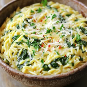 - 1 cup orzo pasta - 2 tablespoons olive oil - 4 cloves garlic, minced - 4 cups vegetable broth - 2 cups fresh spinach, roughly chopped - 1/2 cup grated Parmesan cheese - 1/2 teaspoon red pepper flakes (optional) - Salt and black pepper to taste - Fresh parsley, chopped (for garnish) This dish starts with simple, fresh ingredients. The orzo pasta gives a nice, chewy base. Olive oil adds richness and depth. Garlic adds a fragrant kick, while vegetable broth gives it a savory flavor. Fresh spinach makes it healthy and colorful. The Parmesan cheese brings creaminess and a salty touch. Red pepper flakes add a little heat, but you can skip them if you prefer. Seasoning with salt and black pepper helps balance the flavors. Finally, a sprinkle of fresh parsley brightens the dish. This mix of ingredients creates a lovely, comforting meal. - Heat 2 tablespoons of olive oil in a large pot over medium heat. - Add 4 cloves of minced garlic. Sauté for 1 minute until it smells great. Be careful not to burn the garlic. - Stir in 1 cup of orzo pasta. Cook for about 2 minutes. This toasts the orzo and adds flavor. - Pour in 4 cups of vegetable broth. Bring this mixture to a boil. - Once boiling, lower the heat. Cover the pot and let it simmer for about 10 minutes. The orzo should be tender and most of the liquid absorbed. - Stir in 2 cups of roughly chopped fresh spinach. Let the spinach wilt for about 2 minutes. - Remove the pot from heat. Add 1/2 cup of grated Parmesan cheese. Stir until it melts and becomes creamy. - If you like a little kick, add 1/2 teaspoon of red pepper flakes. - Season with salt and black pepper to taste. - Serve the orzo in bowls. Garnish with fresh parsley and extra Parmesan for a lovely look. How to prevent burning garlic Burning garlic can ruin your dish. To avoid this, keep the heat low. Sauté the garlic for only about one minute. Watch it closely. Stir it often. If it starts to brown, reduce the heat or add a splash of broth to cool it down. This will keep the garlic sweet and fragrant. Ensuring perfect orzo texture For the best orzo, use plenty of broth. This helps it cook evenly. Stir it occasionally while it simmers. This keeps it from sticking together. You want the orzo to be al dente, which means it should be firm but not hard. Once it absorbs the broth, it’s ready for the spinach and cheese. Best side dishes to pair One-Pot Garlic Parmesan Orzo with Spinach is filling on its own. You can serve it with a simple salad or garlic bread. A side of roasted vegetables also works well. These sides add color and nutrients to your meal. Creative ways to garnish To make your dish pop, garnish it with chopped parsley. You can also sprinkle more Parmesan on top. For a little heat, add a few red pepper flakes. These small touches make your dish look and taste even better. Alternative ingredients or methods To make this dish healthier, consider using whole grain orzo. You can also swap out the Parmesan for a lower-fat cheese. For a protein boost, add cooked chicken or chickpeas. Lastly, fresh herbs like basil or thyme can enhance flavor without extra calories. {{image_2}} You can make this dish your own. Consider adding protein for a more filling meal. Chicken or shrimp work well. Cook the protein first, then add it back in after the orzo. If you want a vegetarian dish, try chickpeas or lentils. They add protein and fiber too. Enhance the taste with extra herbs and spices. Fresh basil or oregano gives a fresh twist. You could also use thyme or rosemary for a more earthy flavor. If you want a richer taste, swap the Parmesan for a sharper cheese. Try aged cheddar or Gruyère for a unique touch. If you need a gluten-free dish, use gluten-free orzo. Many brands offer this option. Just cook it according to the package instructions. The rest of the recipe stays the same, ensuring you enjoy all the flavors without gluten. To store leftovers, let the orzo cool down first. Place it in an airtight container. This helps keep it fresh. You can keep it in the fridge for up to three days. When reheating, use a microwave or a pot. Add a splash of broth or water to keep it moist. Heat it slowly on low. Stir often to make sure it warms evenly. Yes, you can freeze this dish! It freezes well and keeps its flavor. To freeze, let the orzo cool completely. Then, place it in a freezer-safe container. Leave some space at the top for expansion. To thaw, move it to the fridge overnight. You can also use the microwave. Heat it until warm, adding a little broth or water if needed. In the refrigerator, your orzo will last about three days. In the freezer, it can stay fresh for up to three months. Just remember to label your container with the date. This helps you keep track of how long it has been stored. How long does it take to cook orzo? It takes about 10 minutes to cook orzo. You simmer it in broth until tender. This quick cooking time makes orzo a great choice for busy nights. Can I make this dish ahead of time? Yes, you can make this dish ahead of time. Store it in the fridge for up to three days. Just reheat it on the stove with a splash of broth. What can I use instead of Parmesan cheese? You can use Pecorino Romano or nutritional yeast for a vegan option. Both will add a nice cheesy flavor. Alternatives for vegetable broth? You can use chicken broth if you are not vegetarian. Water with a pinch of salt works too, but broth adds more flavor. Is this recipe vegan-friendly? No, this recipe is not vegan due to the Parmesan cheese. To make it vegan, swap the cheese for nutritional yeast. Can I make this dish nut-free? Yes, this dish is nut-free as it does not contain any nuts. You can enjoy it safely if you have nut allergies. This blog provided a clear guide to making a healthy orzo dish. We covered main ingredients and the step-by-step cooking process. I shared tips to enhance flavors and serve well. You learned how to store leftovers and even explore variations. Ultimately, this dish is versatile and quick to prepare. With the right methods, you can make it suit any taste or diet. Enjoy cooking, and don’t hesitate to experiment!